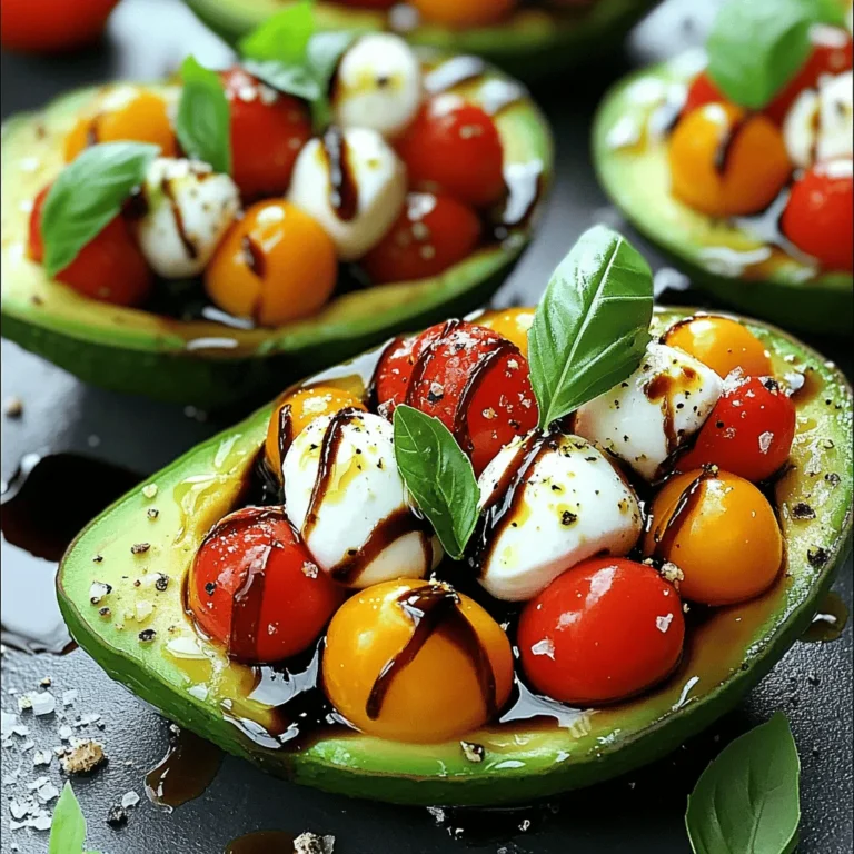 - Ripe avocados - Cherry tomatoes - Fresh mozzarella balls - Fresh basil leaves - Balsamic glaze - Extra virgin olive oil - Sea salt and black pepper To make Caprese Stuffed Avocados, you need fresh ingredients. First, ripe avocados serve as the base. They are creamy and rich, perfect for this dish. You will also need cherry tomatoes. Their sweetness balances the flavors well. Fresh mozzarella balls add a nice texture. Choose the small ones for easy mixing. Fresh basil leaves bring in a burst of herbal flavor. Balsamic glaze adds a sweet and tangy finish. A drizzle of extra virgin olive oil enhances the taste. Finally, season with sea salt and black pepper for the best results. - Alternatives for mozzarella: Try feta cheese for a tangy kick. - Low-sodium options: Use low-sodium mozzarella or skip salt. - Vegan substitutes: Replace mozzarella with vegan cheese made from nuts. If you can't find mozzarella, feta is a great option. It brings a sharp flavor that works well. For those watching sodium, low-sodium cheese is available. You can also skip salt entirely. If you want a vegan version, nut-based cheese works. It still gives that creamy texture without dairy. - Calories per serving: Approximately 350 calories. - Macronutrient breakdown: About 25g fat, 10g carbs, 8g protein. - Health benefits of avocados: Rich in healthy fats, fiber, and vitamins. Each serving of Caprese Stuffed Avocados has around 350 calories. The dish is high in healthy fats from avocados. They also provide fiber, which is great for digestion. The fresh ingredients add vitamins and minerals, making it nutritious. Enjoying this dish supports a healthy diet while being delicious. For the full recipe, check the section above. To prepare avocados, start by slicing each avocado in half lengthwise. Gently twist the halves to separate them. Use a spoon to scoop out the pit, creating a bowl shape. Be careful not to break the skin. Next, we make the Caprese salad mixture. In a medium bowl, mix together the halved cherry tomatoes, halved mozzarella balls, and torn basil leaves. This colorful mix gives the dish its signature flavor and freshness. Drizzle olive oil over the mixture. Season with sea salt and black pepper to taste. Gently toss with a spatula or wooden spoon. Be careful not to mash the mozzarella; we want it to stay whole. Now, it's time to fill the avocados. Using a spoon, generously scoop the Caprese salad mixture into each avocado half. Fill them to the top for a vibrant look. For presentation tips, drizzle balsamic glaze over each stuffed avocado. This adds a sweet and tangy touch. You can also garnish with more torn basil leaves for extra flair. For serving, place the stuffed avocados on a wooden platter or a bright serving dish. This creates a beautiful display. Enjoy these as a light lunch or a fun appetizer. Pair the stuffed avocados with a crisp white wine or sparkling water. You can also serve them with a side salad to enhance the meal. For the full recipe, check out the detailed steps provided earlier. How to choose ripe avocados When picking avocados, look for a dark green or black skin. Gently squeeze the avocado. It should feel slightly soft but not mushy. If it’s too firm, it needs more time to ripen. You can also check the stem. If it pops off easily and is green underneath, the avocado is ripe. Timing your preparation Plan to prepare your Caprese stuffed avocados close to serving time. Avocados brown quickly after cutting. If you cut them too early, they may not look fresh. I suggest making them just before you eat. This keeps them colorful and tasty. Adding spices or herbs To elevate the flavor, sprinkle some red pepper flakes or garlic powder on the filling. You can also mix in chopped parsley or oregano. These will add a nice kick to your dish. Customize it to fit your taste. Variations on balsamic glaze You can make your own balsamic glaze by reducing balsamic vinegar in a saucepan. This adds a richer flavor. You can also try using flavored balsamic, like fig or raspberry, for a twist. Just drizzle it on top before serving. Preparing in advance You can prepare the filling ahead of time. Just mix the tomatoes, mozzarella, and basil. Keep this mixture in the fridge. Remember to fill the avocados just before serving. This helps keep everything fresh and bright. Storing ingredients separately Store the avocados and filling in separate containers. This keeps the avocados from browning. It also keeps the flavors fresh. If you do this, you can enjoy your Caprese stuffed avocados later without losing taste. For the full recipe, check out Caprese Stuffed Avocados. {{image_4}} You can switch up the cheese in your Caprese stuffed avocados. Feta cheese adds a nice tang. Goat cheese brings a creamy texture that pairs well with the other flavors. If you want a dairy-free option, try cashew cheese. It’s creamy and rich, making it a great choice. Adding protein can make these stuffed avocados more filling. Grilled chicken or shrimp work well for meat lovers. You can also use chickpeas or black beans for a vegetarian option. They add protein and keep the dish light and fresh. Using seasonal ingredients makes your dish even better. In summer, add sweet corn or zucchini for a crunch. In fall, try roasted butternut squash for warmth. Change up the herbs too! In spring, use fresh dill or chives to brighten the flavors. Each season offers unique tastes to explore. After you enjoy your Caprese stuffed avocados, store any leftovers in the fridge. Use an airtight container to keep them fresh. If you leave them uncovered, they will spoil faster. Stuffed avocados can stay fresh for one day. They taste best when eaten right away, but you can save them if needed. Freezing stuffed avocados is not ideal. Avocados can turn mushy when frozen. If you must freeze them, scoop out the filling first. Store the filling in a freezer-safe bag. When you are ready to eat, thaw it in the fridge overnight. Serve it in fresh avocado halves. Oxidation is what makes avocados turn brown. To prevent this, use lemon juice. Squeeze some juice on the cut avocado. Another method is to cover the surface tightly with plastic wrap. This keeps air out and helps keep the color bright. Enjoy your Caprese stuffed avocados fresh for the best taste! For more details, check the Full Recipe. To make Caprese stuffed avocados, follow these easy steps: 1. Slice 2 ripe avocados in half. Remove the pit with a spoon. 2. In a bowl, mix 1 cup halved cherry tomatoes, 1 cup halved mozzarella balls, and 1/4 cup torn basil leaves. 3. Drizzle 1 tablespoon extra virgin olive oil over the mix. Add sea salt and black pepper to taste. 4. Gently mix the ingredients without mashing the mozzarella. 5. Fill each avocado half with the Caprese salad mix. 6. Drizzle 2 tablespoons balsamic glaze on top. Garnish with more basil if you want. This full recipe creates a fresh and colorful dish in just 10 minutes. Yes, Caprese stuffed avocados are healthy. They combine fresh ingredients that offer many benefits: - Avocados are rich in healthy fats and fiber, promoting heart health. - Tomatoes provide vitamins C and K, plus antioxidants. - Mozzarella adds protein and calcium, supporting strong bones. - Basil has anti-inflammatory properties that can boost your immune system. This dish is low in carbs and high in nutrients, making it a great choice for a light meal. You can prepare some parts ahead of time, but not all. Here are my tips: - Prepare the Caprese salad mix and store it in the fridge for up to 4 hours. - Slice the avocados just before serving to keep them fresh. - If you want to meal prep, keep the ingredients separate. This way, your avocados stay green and tasty. Enjoy your Caprese stuffed avocados fresh for the best flavor! Caprese stuffed avocados are easy to make and delicious. We covered the ingredients, from ripe avocados to fresh basil. You learned how to prepare, fill, and serve them well. Tips for ripeness and flavor boosts can enhance your dish. Remember, you can swap ingredients for your taste and dietary needs. These stuffed avocados store well and can even be frozen. Overall, this dish is not only healthy but also versatile. Enjoy your cooking adventure with this fresh twist on a classic salad!