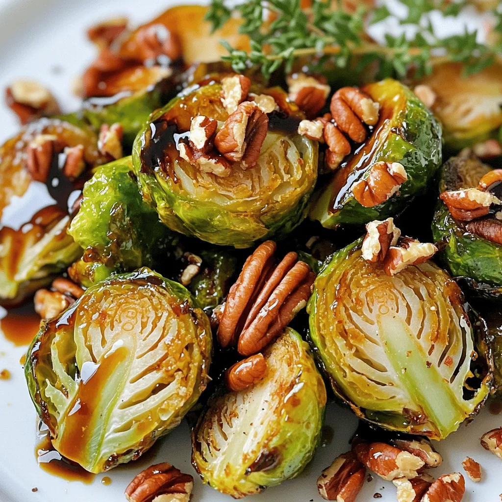 To make this dish, you need the following main ingredients: - 1 pound Brussels sprouts, trimmed and halved (about 450g) - 2 tablespoons extra-virgin olive oil - 1/4 cup balsamic vinegar (60ml) - 2 tablespoons pure maple syrup - 1 teaspoon Dijon mustard - 1/2 teaspoon garlic powder - 1/2 teaspoon salt (adjust to taste) - 1/4 teaspoon freshly ground black pepper These ingredients create a perfect balance of sweet and tangy flavors. The Brussels sprouts get tender while the outside crisps up nicely in the oven. You can enhance your dish with these optional ingredients: - 1/4 cup pecans, finely chopped (for added texture) - Fresh thyme sprigs (for visual appeal) Adding pecans gives a delightful crunch. Fresh thyme not only looks great but also adds a lovely aroma. If you need to make swaps for dietary needs, here are some great options: - Use sunflower oil instead of olive oil for a nut-free version. - Swap balsamic vinegar with apple cider vinegar for a different tang. - Maple syrup can be replaced with agave syrup for a vegan option. These substitutions keep the dish tasty while accommodating various diets. You can find the full recipe to get all the details you need and start cooking! Start with fresh Brussels sprouts. Look for firm, green ones. Trim the ends and cut them in half. This helps them cook evenly. Rinse them under cold water to remove dirt. In a large bowl, mix balsamic vinegar, maple syrup, Dijon mustard, garlic powder, salt, and black pepper. Whisk until smooth. This dressing will coat the Brussels sprouts and bring out their flavor. 1. Preheat your oven to 400°F (200°C). 2. Toss the halved Brussels sprouts with olive oil in the dressing bowl. Make sure every piece is coated. 3. Line a baking sheet with parchment paper. Spread the Brussels sprouts in a single layer. 4. Roast for 20-25 minutes. Stir them halfway to ensure even cooking. 5. For added crunch, sprinkle chopped pecans on top in the last 5 minutes. - Tips for achieving the ideal texture: Look for a crispy outside and tender inside. If they are not crispy enough, roast them a little longer. Trust your eyes, and enjoy the process! For more detailed instructions, check out the Full Recipe. To cook Brussels sprouts evenly, first cut them in half. This helps them cook through. Use a large baking sheet. Spread the sprouts out in a single layer. Crowding them can lead to steaming, not roasting. Stir them halfway during cooking for uniform browning. For crispy Brussels sprouts, start by preheating your oven to 400°F (200°C). The high heat helps them brown well. Use enough olive oil to coat each sprout. This promotes crispiness. Avoid overcrowding on the baking sheet. If needed, roast in batches. You can add ingredients to boost flavor. Try adding pecans for a nice crunch. Fresh thyme sprigs give a lovely aroma. A squeeze of lemon juice brightens the dish. For a spicy kick, sprinkle red pepper flakes. These additions make the dish even more exciting. For the complete recipe, check out the [Full Recipe]. {{image_4}} For a hearty twist, add protein to your Maple Balsamic Brussels Sprouts. Bacon brings a savory, smoky flavor. Just chop it into small pieces and cook it in the oven until crispy. Toss the cooked bacon with the sprouts before roasting. If you prefer a plant-based option, use tofu. Cut firm tofu into cubes, toss it with olive oil, and add it to the sprouts. Both options boost flavor and make the dish more filling. While maple syrup is the star, you can switch it up. Honey offers a floral sweetness that pairs well with balsamic vinegar. Use the same amount as the recipe calls for. Agave syrup is another great choice. It has a mild taste and is a bit sweeter, so you might want to use less, about 1.5 tablespoons. Experimenting with sweeteners lets you create your own unique flavor. Changing herbs and spices can transform your dish. Try rosemary or sage for an earthy taste. Just chop fresh herbs and sprinkle them over the sprouts before roasting. You can also add a dash of red pepper flakes for heat. This kick can balance the sweetness of the maple and balsamic. Get creative and make the dish your own! Check out the Full Recipe for more ideas. To keep leftover Maple Balsamic Brussels Sprouts fresh, cool them first. Place them in an airtight container. Store them in the fridge. They should stay good for about 3 to 5 days. Make sure to label the container with the date. This helps you track freshness. When reheating, I recommend using the oven. Preheat it to 350°F (175°C). Spread the Brussels sprouts on a baking sheet. Heat them for about 10 to 15 minutes. This keeps them crispy. You can also reheat in a skillet. Just add a little olive oil. This adds flavor and helps maintain the crunch. For freezing, let the sprouts cool completely. Place them in a freezer-safe bag or container. Remove as much air as possible. They can last for up to 3 months in the freezer. When you're ready to use them, thaw in the fridge overnight. Reheat in the oven for the best texture. Enjoy them from the freezer anytime! For the full recipe, check out Maple Balsamic Brussels Sprouts Delight. To make Maple Balsamic Brussels Sprouts vegan, simply swap the Dijon mustard for a vegan brand. Most brands are already vegan, but double-check the label. Also, ensure that the maple syrup is pure and not mixed with any non-vegan ingredients. This dish is naturally dairy-free, so you can enjoy it guilt-free. Yes, you can use frozen Brussels sprouts! Just remember to thaw them first. Drain any excess water and pat them dry. This step is key to getting crispy sprouts. Frozen sprouts may have a different texture, but they will still taste great when coated with the maple balsamic dressing. Maple Balsamic Brussels Sprouts make a great side dish. They pair well with: - Roasted chicken or turkey - Grilled pork chops - Quinoa or rice dishes - A hearty salad with nuts and cheese These flavors complement each other well. You can create a delicious meal by adding a protein and a starch. If your Brussels sprouts are soggy, it may be due to overcrowding on the baking sheet. Make sure you spread them out evenly for proper roasting. If they don’t brown well, increase the oven temperature slightly or leave them in for a few extra minutes. Also, remember to stir them halfway for even cooking. Keep these tips in mind to ensure tasty, flavorful sprouts every time. This post covered the key steps to make Maple Balsamic Brussels Sprouts. You learned about the main and optional ingredients, along with substitutions for diet needs. The step-by-step guide showed you how to prepare, dress, and roast the sprouts for a perfect dish. I shared tips for cooking and crispiness, plus variations and storage ideas. Now, you can enjoy these delicious Brussels sprouts anytime, with endless options to fit your taste. Happy cooking!