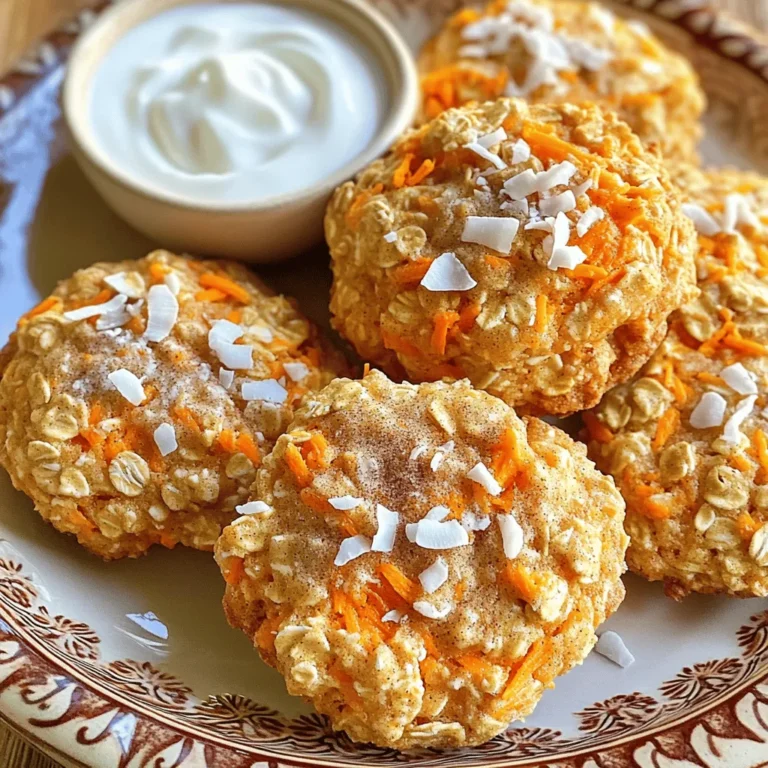 To make these tasty carrot cake breakfast cookies, gather the following ingredients: - 1 cup finely grated carrots - 1 cup rolled oats (or quick oats for a softer texture) - 1/2 cup almond flour - 1/2 cup unsweetened shredded coconut - 1/2 cup pure maple syrup - 1/4 cup coconut oil, melted and slightly cooled - 1 ripe banana, mashed until smooth - 1 teaspoon pure vanilla extract - 1 teaspoon baking powder - 1 teaspoon ground cinnamon - 1/2 teaspoon ground nutmeg - 1/4 teaspoon sea salt - 1/2 cup raisins or chopped walnuts (optional, for added texture and flavor) Each ingredient in these cookies brings something special to the table. Carrots are rich in beta-carotene, which is great for your eyes. They also add natural sweetness and moisture. Oats provide fiber, which helps keep you full. Almond flour is low in carbs and high in protein, making these cookies a smart choice. Coconut adds healthy fats and a nice chew. Maple syrup gives a touch of sweetness without refined sugar. Bananas act as a binder, adding flavor and nutrition. The spices, cinnamon and nutmeg, not only taste good but also have anti-inflammatory properties. If you run out of an ingredient, you have options. You can swap almond flour for oat flour or all-purpose flour, but note that the texture may change. Use honey instead of maple syrup if you prefer. For a nut-free option, replace almond flour with sunflower seed flour. If you don’t have coconut oil, any neutral oil will work. You can also skip the raisins or walnuts if you want a simpler cookie. Just remember to keep the main ingredients, like carrots and oats, for the best results. For the full recipe, check out the complete guide to making these delicious carrot cake breakfast cookies. To make carrot cake breakfast cookies, you need fresh ingredients. Start by grating your carrots finely. This helps them mix well and gives a nice flavor. Measure out the rolled oats, almond flour, and shredded coconut. These dry ingredients form the base of your cookies. Use quick oats if you prefer a softer cookie. Gather all your spices: cinnamon, nutmeg, and sea salt. These add warmth and depth to your cookies. Having everything ready makes your cooking smooth and easy. In a large bowl, mix your dry ingredients first. Stir the grated carrots, oats, almond flour, and coconut together. In another bowl, combine the wet ingredients. Whisk the maple syrup, melted coconut oil, mashed banana, and vanilla extract until smooth. Pour the wet mixture into the dry ingredients. Gently stir until just combined. Be careful not to overmix; this keeps your cookies tender. If you love extra flavor, fold in raisins or walnuts at this stage. Preheat your oven to 350°F (175°C). Prepare a baking sheet with parchment paper. This prevents the cookies from sticking. Use a tablespoon to scoop dough onto the sheet, leaving space between each scoop. Flatten each cookie slightly for even baking. Bake for 12-15 minutes. Look for golden edges and firm centers. After baking, let them cool on the sheet for 5 minutes. Then, move them to a wire rack. This cooling step keeps the cookies from becoming soggy. For more details on the recipe, check the Full Recipe. To get the best texture for your Carrot Cake Breakfast Cookies, use finely grated carrots. This helps them mix well with other ingredients. If you prefer softer cookies, go for quick oats instead of rolled oats. Mixing the wet and dry ingredients gently is key. Overmixing can make them tough. Aim for a dough that holds together but still feels a bit crumbly. To keep your cookies fresh, store them in an airtight container. This helps avoid moisture loss and keeps them soft. You can also layer parchment paper between cookies to prevent sticking. For longer storage, place the cookies in the fridge. They will last about a week this way. If you want to keep them even longer, consider freezing them. Just make sure to wrap each cookie tightly in plastic wrap. You can make these cookies even healthier with a few swaps. Instead of coconut oil, try using unsweetened applesauce. This cuts down on fat while adding moisture. You can also use honey or agave syrup in place of maple syrup. If you're looking to boost fiber, add in some chia seeds or flaxseeds. These small changes keep the flavor but make the cookies a bit lighter and even more nutritious. For the full recipe, check out the earlier section. {{image_4}} You can easily make these cookies gluten-free. Swap out the rolled oats for certified gluten-free oats. This keeps the texture and taste intact while avoiding gluten. You can also use a gluten-free flour blend instead of almond flour. Make sure all your ingredients are labeled gluten-free for added safety. Adding spices and nuts can elevate your carrot cake breakfast cookies. Try adding cloves or ginger for a warm kick. You can also mix in chopped pecans or walnuts for extra crunch. For a sweeter twist, add chocolate chips or dried fruit like cranberries. These small changes can make a big impact on flavor. For a vegan twist, you can substitute the eggs. Use flaxseed meal mixed with water. This acts as a great binding agent. Instead of maple syrup, try agave nectar or another liquid sweetener. Replace coconut oil with applesauce to cut back on fat. These swaps keep the cookies delicious and friendly for a plant-based diet. You can find the full recipe in the main section of this article. To keep your carrot cake breakfast cookies fresh, store them in an airtight container. This helps maintain their moistness and flavor. Place parchment paper between layers if you stack them. Store the container in a cool, dry place away from direct sunlight. If you plan to eat them within a week, this method works perfectly. Freezing these cookies is a great way to extend their life. Let the cookies cool completely before freezing. Then, lay them flat on a baking sheet. Freeze them for about an hour until firm. After that, transfer them to a freezer bag or an airtight container. They will stay fresh for up to three months. When you want to enjoy one, just thaw it at room temperature. To reheat your cookies, use the oven for the best results. Preheat your oven to 350°F (175°C). Place the cookies on a baking sheet and warm them for about 5 minutes. This helps them regain their soft texture. If you are in a hurry, you can use the microwave. Heat them for about 10-15 seconds, but be careful not to overdo it. Enjoy your cookies warm for the best flavor! For those who want to whip up these delicious treats, check out the Full Recipe for all the details. Yes, you can make these cookies ahead of time. Just prepare the dough and scoop it onto the baking sheet. Then, cover the sheet with plastic wrap and store it in the fridge. You can bake them fresh when you're ready. This keeps them soft and tasty. If you don't have almond flour, you can use oat flour or whole wheat flour. Both options work well in this recipe. Just make sure to adjust the amount if needed. Oat flour may create a softer cookie, while whole wheat flour adds a nutty flavor. These cookies can last up to one week when stored in an airtight container. For longer freshness, you can freeze them. Place them in a freezer bag, and they will stay good for about three months. Just thaw before eating, and they taste great! For the full recipe, check out the Carrot Cake Breakfast Cookies section! In this article, I covered how to make delicious carrot cake breakfast cookies. We explored the key ingredients and their health benefits, along with easy substitutions. I shared step-by-step instructions and tips for achieving the best texture and freshness. Additionally, I included variations for gluten-free and vegan options. You can enjoy these cookies without guilt. Have fun baking and experimenting with flavors. Nourishing treats can be delicious and simple. Happy baking!