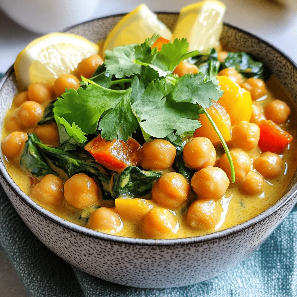 To make Coconut Curry Chickpeas, you need simple and fresh ingredients. Each one adds its own flavor to the dish. Here’s the list of ingredients you'll need: - 2 cans (15 oz each) chickpeas, thoroughly rinsed and drained - 1 can (13.5 oz) creamy coconut milk - 1 medium onion, finely diced - 3 cloves garlic, minced to a paste - 1-inch piece of fresh ginger, finely grated - 1 tablespoon aromatic curry powder - 1 teaspoon vibrant ground turmeric - 1 teaspoon earthy cumin - 1 teaspoon fragrant coriander - 1 tablespoon vegetable oil (such as canola or sunflower) - 1 bell pepper (choose red or yellow for sweetness), diced - 1 cup fresh spinach, roughly chopped - Salt and black pepper to taste - A handful of fresh cilantro, roughly chopped for garnish - Lemon wedges, to brighten the dish upon serving These ingredients work together to create a rich and creamy curry. The chickpeas provide protein and texture. The coconut milk makes it creamy and smooth. Aromatics like onion, garlic, and ginger bring depth to the flavor. The spices add warmth and a hint of earthiness. Fresh vegetables, like bell pepper and spinach, add color and nutrition. When you gather your ingredients, think about freshness. Fresh spices and produce will elevate your dish. For the full recipe, check out the recipe section above. Enjoy your cooking adventure! Heating the Oil Start by heating the vegetable oil in a large saucepan over medium heat. You want the oil to shimmer but not smoke. Sautéing the Aromatics Next, add the finely diced onion to the hot oil. Sauté it for about 3-4 minutes. Stir often until the onion is soft and clear. Adding Spices and Vegetables Then, mix in the minced garlic and grated ginger. Cook for one more minute. This will release their wonderful scents. After that, sprinkle in the curry powder, ground turmeric, cumin, and coriander. Stir well, cooking them for one minute to boost their flavors. Add the diced bell pepper next. Cook for another 3-4 minutes until it gets tender. Mixing in Coconut Milk and Chickpeas Now, pour in the creamy coconut milk. Add the rinsed chickpeas too. Stir everything together so that the chickpeas are well-coated in the sauce. Simmering the Curry Raise the heat slightly to bring the mix to a gentle simmer. Once it starts bubbling, lower the heat and cover the pan. Let it cook for 15-20 minutes. This time allows all the flavors to blend perfectly. Adding Spinach After simmering, stir in the chopped fresh spinach. Cook for another 2-3 minutes until it wilts down nicely. Final Seasoning and Garnishing Taste your curry now. Add salt and black pepper to make it perfect. Serve the warm Coconut Curry Chickpeas in bowls. Garnish with fresh cilantro and a squeeze of lemon juice. This adds a zesty finish. Enjoy this delightful dish straight from the Full Recipe! Adjusting Spice Levels You can change the spice level to match your taste. If you like it hot, add more curry powder or a pinch of cayenne. For a milder dish, cut back on the spices. Taste as you cook. This way, you find the right balance. Best Coconut Milk Choices Not all coconut milk is the same. Look for brands that say "full fat" for a creamy texture. Avoid those with added sugar. A good coconut milk makes the dish rich and smooth. Proper Sautéing for Flavor Development Start with the right heat. Heat the oil until it shimmers, but don’t let it smoke. Sauté the onion until it turns soft and clear. This step builds a strong flavor base. Add garlic and ginger next. These aromatics bring out the best taste. Simmering for Optimal Taste After mixing in the coconut milk and chickpeas, bring everything to a gentle simmer. This process melds the flavors together. Cover the pot and let it cook slowly. A good simmer allows the spices to blend well and develop rich flavors. Serving Over Rice or Quinoa For a complete meal, serve your Coconut Curry Chickpeas over fluffy rice or quinoa. This adds texture and makes the dish filling. The grains soak up the sauce, making every bite delicious. Enhancing Visual Appeal with Garnishes Garnish your dish for a beautiful look. Sprinkle fresh cilantro on top for color and flavor. Add lemon wedges to bring a bright touch. This extra step makes your meal more inviting and fun to eat. {{image_4}} You can change some ingredients in Coconut Curry Chickpeas to fit your taste. - Alternative Legumes: Use lentils or beans instead of chickpeas. Lentils cook quicker and add a different texture. Black beans or kidney beans bring a hearty feel. - Different Vegetables: Add carrots or zucchini for a twist. Carrots add sweetness, while zucchini gives a nice crunch. Feel free to mix and match! The spices in this dish can change the flavor a lot. Try these ideas to spice it up. - Hotter Curry Options: If you like it spicy, add cayenne pepper or chili flakes. Start with a little, then taste and adjust as needed. - Adding Fresh Herbs: Toss in fresh basil or mint for a bright note. These herbs add a fresh and lively touch. Just chop them and stir in right before serving. Coconut Curry Chickpeas can easily fit different diets. Here are some ideas. - Vegan Modifications: This recipe is already vegan! You can keep it plant-based by using veggie broth instead of water, if desired. - Gluten-Free Considerations: All the ingredients are gluten-free. Just check labels to ensure no hidden gluten in spices or stocks. This way, everyone can enjoy the dish without worry. For the full recipe, check out the link! To keep your Coconut Curry Chickpeas fresh, store them in an airtight container. Place the container in the fridge. The curry stays good for about four days. If you want to save it for later, freezing is a great option. Let the curry cool down first. Then, pour it into a freezer-safe bag or container. Make sure to remove as much air as possible. This helps prevent freezer burn. The curry can stay in the freezer for up to three months. When you're ready to enjoy leftovers, the best way to reheat is on the stove. Pour the curry into a saucepan. Heat it over low to medium heat, stirring often. This keeps the flavors intact. You can add a splash of coconut milk or water if it seems thick. Pair your reheated curry with rice or naan. The flavors blend well, making each bite delicious. You can also serve it with a side of fresh salad for a nice crunch. How long does the curry last in the fridge? As mentioned earlier, it lasts about four days. If you see any mold or off smells, it's best to toss it. Signs of spoilage include changes in color or texture. If the curry looks grainy or odd, do not eat it. Trust your senses to keep you safe. How to make Coconut Curry Chickpeas from scratch? To make Coconut Curry Chickpeas, start with two cans of chickpeas. Rinse and drain them well. Next, heat oil in a pan and add diced onion. Cook it until soft. Add minced garlic and grated ginger, then stir in your spices. Pour in coconut milk and add the chickpeas. Let it simmer for about 15 to 20 minutes. Finally, add spinach, season, and serve. You can check the full recipe for more details. Can I use dried chickpeas instead of canned? Yes, you can. If you use dried chickpeas, soak them overnight. Then, cook them until soft before adding them to the curry. This might take more time but can add flavor. What to serve with Coconut Curry Chickpeas? Coconut Curry Chickpeas taste great with rice or quinoa. You can also pair them with naan bread. Adding a side of fresh salad can brighten the meal, too. Caloric Content Per Serving One serving of Coconut Curry Chickpeas has about 300 to 350 calories. This can vary based on ingredients used. Health Benefits of Ingredients Chickpeas provide protein and fiber. Coconut milk adds healthy fats. Spices like turmeric can help fight inflammation. Spinach is rich in vitamins. These ingredients make the dish not just tasty but also good for you. How long does it take to prepare Coconut Curry Chickpeas? It takes about 10 minutes to prep and 25 minutes to cook. So, total time is around 35 minutes. Can I make Coconut Curry Chickpeas ahead of time? Yes! You can make it ahead. Store it in the fridge for up to three days. Just reheat it on the stove before serving. This blog post shared how to make a delicious coconut curry chickpeas dish. We covered the key ingredients, like chickpeas and coconut milk, and detailed each cooking step. You learned tips for enhancing flavor and variations to try. Curry can be easy to make and fun to share. With careful seasoning and fresh ingredients, you can create meals that impress. Explore different spices and veggies to find what suits your taste best. Enjoy cooking!