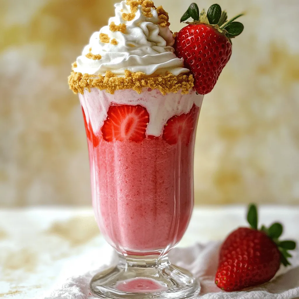 - Fresh strawberries - Vanilla ice cream - Cream cheese - Milk - Powdered sugar - Vanilla extract - Optional garnishes: crushed graham crackers, whipped cream To make a strawberry cheesecake milkshake, you need a few key ingredients. Fresh strawberries give it a bright flavor. Use ripe strawberries for the best taste. Vanilla ice cream adds creaminess and sweetness. Cream cheese brings the cheesecake flavor to life. Milk helps blend everything smoothly. Adjust the sweetness with powdered sugar. Lastly, a hint of vanilla extract enhances the overall flavor. For a fun touch, you can add crushed graham crackers and whipped cream on top. These make the milkshake look and taste like a real cheesecake. If you want to try different flavors, you can mix in other fruits or toppings. Each ingredient plays an important role in creating a creamy summer treat. If you're ready to make this delicious drink, check out the Full Recipe for step-by-step instructions. Enjoy blending and sipping this delightful summer shake! To start, gather your ingredients. In a blender, add the hulled and halved strawberries, creamy vanilla ice cream, softened cream cheese, milk, powdered sugar, and pure vanilla extract. Blend these ingredients on high speed. You want the mix to be smooth and creamy. Occasionally stop to scrape the sides of the blender. This helps the mixture blend evenly. After blending, taste the milkshake base. If you like it sweeter, add more powdered sugar. Blend again to mix it well. Adjust the sweetness to suit your taste. For a fun twist, add a few extra strawberry halves to the blender. Pulse a couple of times to combine them. This leaves small strawberry chunks in your milkshake. It adds a nice texture. To make the milkshake thicker, try using less milk. You can also add more ice cream. This will give you that rich, creamy feel. Now it’s time to prepare your serving glasses. Dip the rims of the glasses in a little water or milk. Then roll them in crushed graham crackers. This creates a fun crust that looks great. Carefully pour the luscious milkshake into each glass. Fill them generously. Top each milkshake with a swirl of fluffy whipped cream. Sprinkle more crushed graham crackers on top for that cheesecake touch. To make it pop, garnish with a fresh strawberry on the rim. This adds color and flair to your delightful treat. Enjoy your strawberry cheesecake milkshake! For the full recipe, check out the details above. To make a great milkshake, start by choosing the right ice cream. I like creamy vanilla ice cream because it blends well with strawberries. You can also use strawberry ice cream for a stronger berry taste. Just remember, the creamier the ice cream, the better your milkshake will be. Next, blending is key for a smooth texture. I suggest blending on high speed. Stop to scrape down the sides of the blender. This ensures all the ingredients mix well. Blend until it looks like a thick smoothie. If you want it thicker, add more ice cream. If it’s too thick, add a splash of milk. You can boost flavors with simple mix-ins. Try a splash of strawberry syrup or a few extra strawberry halves. This adds a fun texture and more fruit flavor. You can also add a bit of lemon juice for a tangy twist. For a creative garnish, think outside the box. Use crushed graham crackers around the glass rim for a cheesecake touch. Top your milkshake with fluffy whipped cream, then sprinkle more graham crackers on top. Adding a fresh strawberry on the rim makes it look fun and tasty. For the full recipe, check out the details provided above. {{image_4}} You can switch up the fruit in your milkshake. Instead of just strawberries, try mixed berries. Blueberries, raspberries, and blackberries add new flavors. You can use them fresh or frozen. Each fruit brings its own taste and color. If you want a vegan-friendly option, use dairy-free ice cream. You can also swap cream cheese for a nut-based cream cheese. Almond or cashew varieties work great. This way, everyone can enjoy the milkshake. Want to make your milkshake even more fun? You can add chocolate or caramel. Just drizzle some sauce into the blender with the other ingredients. This adds a rich and sweet twist to the classic flavor. Another great idea is to use flavored syrups. A splash of strawberry syrup boosts the fruity taste. You can also try vanilla or even hazelnut syrup for a unique touch. Mixing these flavors lets you create your own special version of the milkshake. For the full recipe, check out the Strawberry Cheesecake Milkshake Delight. To keep your strawberry cheesecake milkshake fresh, refrigerate it right away. Use an airtight container. This helps avoid unwanted flavors. The milkshake can last up to two days in the fridge. If you want to save it longer, consider freezing it. Use a freezer-safe container. Leave some space at the top, as liquids expand when frozen. The milkshake can last up to three months in the freezer. When you are ready to enjoy your frozen milkshake, let it thaw in the fridge. This keeps it from getting too runny. Avoid microwaving it, as that can change the texture. For the best taste and quality, consume your refrigerated milkshake within two days. If it has been frozen, aim to drink it within a month. This way, you will enjoy the best flavor and creaminess. Can I make this milkshake ahead of time? You can make this milkshake a few hours in advance. Just blend all the ingredients and store it in the fridge. It may get a bit thick, so stir it before serving. What if I don’t have fresh strawberries? If you don’t have fresh strawberries, use frozen ones. They will still give you a nice flavor. Just blend them straight from the freezer. How can I make this milkshake less sweet? To make the milkshake less sweet, cut back on the powdered sugar. You can also use unsweetened cream cheese for a less sugary taste. How to reduce calories and sugar To lower calories, use low-fat ice cream or yogurt instead of regular ice cream. You can also skip the powdered sugar or use a sugar substitute. Substituting ingredients for dietary needs If you need a dairy-free option, swap the ice cream and cream cheese for coconut yogurt and dairy-free ice cream. This keeps the milkshake creamy and delicious. Best ways to serve and enjoy the milkshake Serve the milkshake in tall glasses for a fun look. Add a fun straw for easy sipping. Enjoy it right away for the best flavor and texture. Pairing suggestions for a complete dessert experience Pair your milkshake with a slice of cheesecake or a few cookies. This makes a great dessert spread that everyone will love. For the full recipe, check out the detailed instructions above! This post covers how to make a delightful strawberry cheesecake milkshake. We explored essential ingredients like fresh strawberries and vanilla ice cream. I shared steps to blend a smooth base and create fun variations with different fruits. We discussed storage tips to keep your milkshake fresh and addressed common questions. In conclusion, you can easily customize and enjoy this milkshake. Try new flavors and garnishes to make it yours! Enjoy sipping your delicious creation.