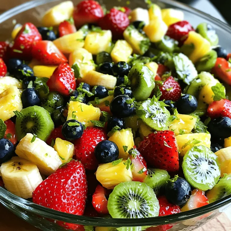 To make this honey lime fruit salad, gather these key ingredients: - 2 cups strawberries, hulled and sliced in halves - 1 cup fresh blueberries - 1 ripe kiwi, peeled and finely diced - 1 cup juicy pineapple chunks - 1 medium banana, sliced into rounds - 2 tablespoons smooth honey - 2 tablespoons freshly squeezed lime juice - 1 tablespoon fresh mint leaves, finely chopped - Zest of 1 lime You can add other fruits or toppings to make it your own. Consider these options: - 1 cup diced mango for a tropical twist - 1 cup diced watermelon for extra juiciness - A sprinkle of chia seeds for added crunch - A handful of granola for a fun texture This fruit salad is not just tasty; it's also good for you. Here are some benefits: - Strawberries are rich in vitamin C and antioxidants, which help your immune system. - Blueberries are known for their brain benefits and can improve memory. - Kiwi is high in vitamin E, which promotes healthy skin. - Pineapple contains bromelain, which can help with digestion. - Bananas provide potassium, which is great for heart health. - Honey adds natural sweetness and has antibacterial properties. - Lime juice gives a boost of vitamin C and adds freshness. - Mint leaves can aid digestion and add a refreshing flavor. With these ingredients, you create a bright and healthy dish. For the full recipe, check out the instructions later in this article! Start by washing all the fruits well. For strawberries, remove the green tops and slice them in halves. Use two cups of strawberries for a sweet base. Next, rinse one cup of fresh blueberries and add them to your bowl. Peel and dice one ripe kiwi, then toss it in as well. Cut one medium banana into rounds and add it last. Finally, chop up one cup of juicy pineapple into bite-sized chunks. Gently mix the fruits together in a large bowl. Be careful not to squash them. You want to keep their shape and color. In a small bowl, combine two tablespoons of smooth honey with two tablespoons of freshly squeezed lime juice. Whisk them together until the mixture is smooth. You want a nice balance of sweet and tangy. Next, add the zest of one lime into the dressing. This adds a burst of fresh flavor. Mix it all well so that all the ingredients blend together. This honey lime dressing will bring the salad to life. Now, pour the honey-lime dressing over your colorful fruit mix. Make sure to cover all the pieces with the dressing. With a gentle hand, toss the fruits together. You want everything to be well coated. Avoid being too rough to keep the fruit intact. After that, sprinkle one tablespoon of finely chopped fresh mint leaves on top. Toss everything just once more to spread the mint evenly. Cover the bowl with plastic wrap and chill it in the refrigerator for about 30 minutes. This wait allows the flavors to mix. When you’re ready to serve, enjoy the fresh and flavorful delight of your Honey Lime Fruit Salad. For the complete recipe, check out the Full Recipe section. When picking fruits, freshness is key. Look for bright colors and firm textures. Strawberries should be red with no white spots. Blueberries should be plump and round. Choose pineapples that smell sweet and feel heavy for their size. For kiwis, pick ones that yield slightly when pressed. Bananas should be yellow with minimal brown spots. Remember, ripe fruits taste better! Mix honey and lime juice for the best flavor. Use fresh lime juice for a zesty kick. Adjust the honey to your taste. If you want it sweeter, add more honey. For extra zing, you can add lime zest. Whisk until smooth to ensure even flavor. A well-mixed dressing makes all the difference! Serve your salad in a clear bowl. This showcases the colorful fruits nicely. Garnish with mint leaves for a fresh look. Add lime wedges on the side for a fun touch. You can also use individual cups for a personal feel. A beautiful presentation makes every bite more enjoyable. Enjoy your Honey Lime Fruit Salad Delight! {{image_4}} To add a tropical twist, swap in fruits like mango and papaya. These fruits add a sweet and juicy flavor. You can also try adding coconut flakes for extra texture. Mixing in some diced star fruit gives a lovely look too. This variation brightens your salad and gives it a vacation vibe! If you love berries, this version is for you. Use all kinds of berries, like raspberries, blackberries, and strawberries. You can create a bold and colorful mix. The sweet and tart flavors pair well with the honey-lime dressing. Each bite bursts with freshness and joy. Want to make your salad more filling? You can add protein like Greek yogurt or cottage cheese. They mix well with the fruits and dressing. You can also add nuts like almonds or walnuts for a crunchy texture. This will turn your salad into a complete meal, perfect for lunch or a snack! For the complete recipe, check out the Full Recipe. To keep your honey lime fruit salad fresh, store it in an airtight container. This helps prevent air from making the fruits soggy. Place a piece of paper towel in the container. It absorbs extra moisture and keeps the salad crisp. Always refrigerate the salad right after serving. This keeps the flavors vibrant and prevents spoilage. When stored properly, your honey lime fruit salad lasts about 2 to 3 days in the fridge. After that, the fruits may start to lose their texture. Check for any signs of browning or mushiness before eating. If you see these signs, it's best to toss it out for safety. I don't recommend freezing honey lime fruit salad. Freezing changes the texture of most fruits. They may become mushy when thawed. If you want to freeze some fruits, try freezing just the individual fruits first. You can then mix them into a fresh salad later. Yes, you can use other sweeteners like maple syrup or agave nectar. These options add a different flavor but still keep the salad sweet. Just use the same amount as honey. This way, you maintain the balance in the dish while enjoying a new taste. To make this salad vegan, simply swap honey for maple syrup or agave nectar. Both are plant-based and work well in the honey-lime dressing. This keeps the recipe vegan and delicious. You won’t lose any flavor, and it stays fresh and vibrant. Many fruits pair nicely with honey and lime. Consider using mango, papaya, or peaches for a tropical twist. Citrus fruits like oranges or grapefruits also work well. The bright flavors of these fruits enhance the salad's overall taste and add variety. Feel free to mix and match based on what you love! This blog post covered how to make a tasty fruit salad with simple steps. You learned about key ingredients and their health perks. I shared tips for choosing fruits and perfecting the dressing. We explored fun variations and how to store leftovers. Fruit salad is easy to make and good for you. Enjoy it anytime to boost your health!
