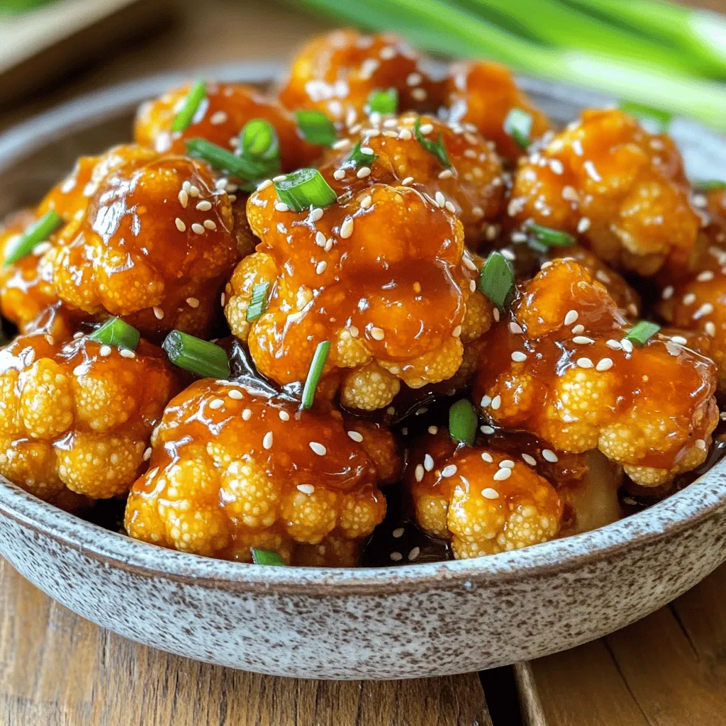 - 1 large head of cauliflower - 1/2 cup all-purpose flour - 3/4 cup water - 1/4 cup honey - 2 tablespoons soy sauce - 1 tablespoon rice vinegar - 1 tablespoon sesame oil - 1 tablespoon cornstarch - 1 teaspoon garlic powder - 1 teaspoon freshly grated ginger - Sesame seeds and chopped green onions When you want to make Sticky Honey Garlic Cauliflower, gather these simple ingredients. Starting with the cauliflower, choose a large head that is firm and fresh. Break it into bite-sized florets. This is key for even cooking and easy eating. For the batter, you will need all-purpose flour. If gluten-free, you can swap it with gluten-free flour. You also require water to mix it all together. The water helps create a smooth batter. Aim for a consistency similar to pancake batter. Next, let’s talk about the sticky sauce. Honey is the star here. It brings sweetness and helps glaze the cauliflower. Soy sauce adds a salty kick, while rice vinegar gives a nice tang. Sesame oil adds a rich, nutty flavor to the mix. Lastly, cornstarch is your thickening agent. It helps the sauce cling to the cauliflower. To finish, gather your seasonings. Garlic powder and freshly grated ginger will add depth to your dish. For a nice touch, don’t forget the sesame seeds and chopped green onions. They will add crunch and color when you serve your dish. - Preheat the oven to 425°F (220°C). - Line a baking sheet with parchment paper. This makes cleanup easy. - In a large bowl, blend 1/2 cup of all-purpose flour, 1 teaspoon of garlic powder, 1/2 teaspoon of salt, and 1/4 teaspoon of black pepper. - Gradually add 3/4 cup of water. Mix until the batter is smooth. You want it to be like pancake batter. - Coat each cauliflower floret in the batter. Let excess batter drip off. - Place the coated florets on the baking sheet in a single layer. - Bake in the preheated oven for 25-30 minutes. Flip the florets halfway through for even crispiness. - While the cauliflower bakes, prepare the sticky sauce. Heat 1 tablespoon of sesame oil in a small pan over medium heat. Add 3 cloves of minced garlic and 1 teaspoon of grated ginger. Sauté for 1 minute. - Stir in 1/4 cup of honey, 2 tablespoons of soy sauce, and 1 tablespoon of rice vinegar. Let it simmer. - Add 1 tablespoon of cornstarch mixed with 2 tablespoons of water. Stir until the sauce thickens, about 2-3 minutes. - Once baked, transfer the cauliflower to a bowl. Drizzle the sticky sauce over them and toss well. - Return the glazed cauliflower to the baking sheet. Bake for another 5-10 minutes to caramelize the sauce. - After baking, let it cool slightly. Garnish with sesame seeds and chopped green onions before serving. Enjoy! - Adjust the water to get the right batter thickness. You want it smooth but thick enough to stick. - Make sure to coat each cauliflower floret evenly. This helps with flavor and crispiness. - Flip the florets halfway through baking. This gives you that nice, even crispiness on all sides. - Keep an eye on the baking time. You want the cauliflower golden and crispy, not burnt. - Pair your dish with steamed rice or a fresh salad for a balanced meal. - Serve in a vibrant bowl or platter. This adds color and makes it more inviting. Sprinkle extra sesame seeds and green onions on top for a pop of flavor. {{image_4}} If you want a gluten-free version, it's easy! Just swap the all-purpose flour for gluten-free flour. This simple change keeps the dish just as tasty while making it suitable for those with gluten sensitivities. Many brands offer great gluten-free flour that works well in batters. Want to add some heat? You can make a spicy version! Just sprinkle in some red pepper flakes when you mix the sticky sauce. This will give the dish a nice kick without overpowering the sweet and savory flavors. Adjust the amount to your liking for the perfect balance. Feel like mixing it up? You can add other veggies for even more flavor! Bell peppers and broccoli work great with this dish. Just chop them up and roast them alongside the cauliflower. This not only adds color but also boosts the nutrition of your meal. Plus, it makes for a fun variety on your plate! To store leftovers, let the cauliflower cool first. Place it in an airtight container. Keep it in the fridge for up to three days. This helps keep its flavor and texture intact. If you want to pack it for lunch, use a smaller container. The best way to reheat is in the oven. Preheat your oven to 350°F (175°C). Place the cauliflower on a baking sheet and heat for about 10 minutes. This keeps it crispy. You can also use an air fryer. Heat it at 350°F (175°C) for about 5 minutes. Avoid using the microwave, as it makes the cauliflower soggy. To freeze, let the cauliflower cool completely. Spread it out on a baking sheet and freeze for one hour. Once frozen, transfer it to a freezer bag. Squeeze out excess air before sealing. It can stay frozen for up to three months. To thaw, move it to the fridge overnight or microwave it on low. After thawing, reheat in the oven for the best texture. You can serve this dish with many sides. Here are some ideas: - Steamed white rice or brown rice - Quinoa for a nutty flavor - A fresh green salad - Roasted vegetables for extra crunch - Noodles tossed in sesame oil These pairings enhance the meal. They balance the sweet and sticky flavors of the cauliflower. Yes, you can prepare this dish early. Here’s how: - Prepare the cauliflower and batter. Store them in the fridge. - You can also make the sauce ahead. Keep it in a jar. - When ready to eat, bake the cauliflower and add the sauce. This saves time during busy days. Just warm up the sauce before using it. If you want a thicker sauce, follow these tips: - Use more cornstarch mixed with water. Add it slowly until it thickens. - Simmer the sauce longer. Stir often to avoid burning. - Reduce the amount of water in the recipe. This creates a richer sauce. These methods help you reach your desired consistency. A thick sauce clings to the cauliflower better. Definitely! Meal prepping this dish is easy. Here are some tips: - Cook the cauliflower and let it cool. - Divide into portions and store in airtight containers. - Keep the sauce separate. It stays fresh longer this way. When ready to eat, you can reheat the cauliflower. Add the sauce right before serving for the best taste. In this post, we explored how to make Sticky Honey Garlic Cauliflower. We covered the main ingredients, methods, and fun variations. You learned how to prepare the batter, bake the cauliflower, and create a tasty sauce. These tips help you achieve perfect texture and flavor. Remember, this dish pairs well with many sides, and you can customize it easily. Enjoy your culinary adventure and impress others with this delicious recipe!