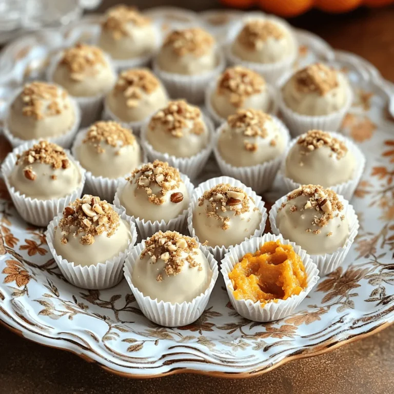 For these tasty truffles, you will need: - 1 cup pumpkin puree - 1 cup graham cracker crumbs - 1/2 cup cream cheese, softened - 1/2 cup powdered sugar - 1 teaspoon pumpkin pie spice - 1/4 teaspoon vanilla extract - 1 cup white chocolate chips These ingredients create a rich, creamy base. The pumpkin puree gives a warm fall flavor. The graham cracker crumbs add texture and sweetness. Cream cheese makes the truffles smooth. To coat your truffles, consider these options: - Crushed nuts like walnuts or pecans - Extra graham cracker crumbs These coatings add crunch and flavor. You can mix and match to find your favorite. You can change ingredients based on your needs: - For a dairy-free version, use vegan cream cheese. - If you want a different flavor, try adding maple syrup. - Use dark chocolate chips instead of white for a bolder taste. These swaps keep the truffles fun and fresh. Feel free to experiment and find what you love! Start by gathering a large mixing bowl. Add 1 cup of pumpkin puree, 1/2 cup of softened cream cheese, and 1/2 cup of powdered sugar. Sprinkle in 1 teaspoon of pumpkin pie spice and 1/4 teaspoon of vanilla extract. Use a whisk or an electric mixer to blend everything until it's smooth. This mixture should be creamy and well combined. Once your mixture is ready, take about a tablespoon of it. Roll it into a ball using your hands. Place each ball on a parchment-lined baking sheet. Make sure they are spaced apart so they do not stick together. Keep rolling until you shape all of the mixture into truffles. Now, let’s melt the white chocolate. Measure out 1 cup of white chocolate chips and place them in a microwave-safe bowl. Heat them in the microwave in 20-second bursts. Stir the chocolate after each interval. Stop when the chocolate is completely melted and smooth. Take the chilled truffles from the freezer. Dip each truffle into the melted white chocolate. Make sure the truffle is fully coated. Allow any extra chocolate to drip off before moving to the next step. Roll each coated truffle in crushed nuts or extra graham cracker crumbs for added taste and texture. Return the coated truffles to the baking sheet. Place them in the fridge for 30 more minutes to set the chocolate. Once they are set, you can serve the truffles chilled or at room temperature. To make them look extra special, arrange them in mini cupcake liners. A sprinkle of nutmeg or cinnamon on top adds a lovely finish! To make your truffles look great, keep your hands moist. This stops the mixture from sticking to your fingers. Use a small cookie scoop to get even-sized truffles. Make sure to roll them gently to keep a smooth shape. Once shaped, chill them in the freezer for about 30 minutes. This helps them hold their form when you dip them in chocolate. Chocolate can seize if you add too much heat too fast. Melt it slowly in the microwave. Start with 20-second bursts, stirring in between. If the chocolate gets too thick, add a tiny bit of vegetable oil. This helps thin it out. Always keep moisture away from the chocolate. Even a drop of water can cause it to clump up. Store your truffles in an airtight container. This keeps them fresh and tasty. You can keep them in the fridge for up to a week. If you want to save them longer, freeze them. Just make sure to layer them with parchment paper, so they don’t stick together. Enjoy your truffles cold or at room temp for the best taste! {{image_4}} You can coat your truffles in many fun ways. Here are some options: - Crushed nuts: Walnuts and pecans add a nice crunch. - Graham cracker crumbs: This keeps the classic flavor of pumpkin pie. - Coconut flakes: Sweet coconut brings a tropical twist. - Colored sprinkles: Use these for a festive look, especially for parties. Each coating gives a new texture and taste. Try different ones to find your favorite! You can mix in extra flavors to make your truffles unique. Consider these add-ins: - Chocolate chips: Mini dark chocolate chips add richness. - Dried fruit: Raisins or cranberries give a sweet chew. - Nutmeg or cinnamon: A pinch can boost the fall spice vibe. - Maple syrup: This adds extra sweetness and a hint of maple flavor. Feel free to experiment! Your taste buds will thank you. You can easily adapt these truffles for different diets. Here’s how: - Vegan: Use vegan cream cheese and dairy-free chocolate. - Gluten-Free: Make sure to use gluten-free graham crackers. - Nut-free: Skip the nuts or use seeds like sunflower seeds. These swaps keep the flavor while meeting dietary needs. Enjoy your tasty truffles, no matter your diet! To keep your No-Bake Pumpkin Pie Truffles fresh, store them in an airtight container. Place parchment paper between layers to avoid sticking. Keep the container in the fridge. This will help maintain their taste and texture. You can freeze these truffles easily. First, let them firm up in the fridge. Then, place them on a baking sheet and freeze for about 1 hour. Once frozen, transfer them to a freezer-safe bag. Make sure to remove as much air as possible before sealing. These truffles last up to two weeks in the fridge. In the freezer, they can last up to three months. Watch for changes in smell or texture. If they look dry or have an off smell, it’s best to toss them. Enjoy your sweet treat while they are still fresh! Yes, you can use canned pumpkin. It saves time and adds great flavor. Just make sure it is pure pumpkin puree, not pumpkin pie filling. This choice keeps your truffles smooth and tasty. These truffles last about one week in the fridge. Store them in an airtight container. If you freeze them, they can last for up to three months. Just let them thaw in the fridge before serving. You can use mascarpone cheese or Greek yogurt instead. Both options give a similar creamy texture. If you want a lighter version, Greek yogurt works well and adds a nice tang. If you lack white chocolate, try milk chocolate or dark chocolate chips. You can also use yogurt coating for a different flavor. Each option brings a unique twist to your truffles. To make dairy-free truffles, use vegan cream cheese and dairy-free chocolate chips. Look for brands that offer these options. This way, you can enjoy a delicious treat that fits your dietary needs. You now have a clear guide to making delightful no-bake pumpkin pie truffles. We covered key ingredients, easy steps, and helpful tips. Remember, you can customize the truffles with different coatings and flavors. Store them properly to keep them fresh. Enjoy these tasty treats with friends and family. Making truffles is fun and simple. So, gather your ingredients and get started. Savor the joy of creating delicious snacks that everyone will love!