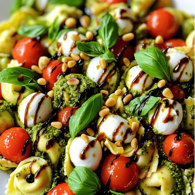 - 9 oz (250g) fresh tortellini (choose between cheese or spinach filled) - 1 cup cherry tomatoes, halved - 1 cup fresh mozzarella balls (bocconcini) - 1/2 cup fresh basil leaves, tightly packed - 1/4 cup extra virgin olive oil - 2 tablespoons fresh lemon juice - Salt and black pepper, to taste Fresh tortellini is a key part of this dish. You can use cheese or spinach-filled tortellini. Both options taste great. I love how they soak up the flavors of the pesto. Cherry tomatoes add a sweet burst of flavor. Halving them helps them mix well with the other ingredients. Fresh mozzarella balls bring a creamy texture. They are soft and melt in your mouth. Combine these with fresh basil for a fragrant touch. - 1/4 cup pine nuts, toasted for enhanced flavor - Balsamic glaze, for drizzling (optional but recommended) Toasted pine nuts add a nice crunch. You can toast them in a dry pan for a few minutes. Keep an eye on them so they don’t burn. If you want more flavor, try adding herbs like oregano or thyme. A drizzle of balsamic glaze makes this dish pop. It adds a sweet and tangy finish. Don't skip it if you want to impress! To start, boil 4-5 cups of salted water in a large pot. Wait for it to bubble vigorously. Once it’s boiling, carefully add the fresh tortellini. It usually takes 3-5 minutes to cook until they are just right, or al dente. Keep an eye on them to avoid overcooking. When they are done, drain the tortellini and set them aside in a large mixing bowl to cool a bit. For the pesto, gather these ingredients: - 1/2 cup fresh basil leaves - 1/4 cup toasted pine nuts - 1/4 cup extra virgin olive oil - 2 tablespoons fresh lemon juice - Salt and black pepper to taste In a food processor, blend the basil, pine nuts, olive oil, and lemon juice. Pulse until smooth and creamy. If needed, scrape down the sides for even mixing. Season with salt and black pepper to fit your taste. In the bowl with the drained tortellini, mix in the halved cherry tomatoes and fresh mozzarella balls. Use a spatula or wooden spoon to gently stir. Be careful not to break the mozzarella. Next, drizzle the pesto over the tortellini mix. Toss everything together gently until all the ingredients are coated in that vibrant pesto sauce. Taste it and add more salt or pepper if you like. To make the best pesto, you can adjust flavors to fit your taste. If you want a bolder flavor, add more basil or pine nuts. For a milder taste, use less garlic and oil. You can also mix in other herbs like parsley or cilantro for a twist. If you have leftover pesto, store it in an airtight container. Drizzle a little olive oil on top to keep it fresh. It will stay good in the fridge for about a week. You can also freeze it in ice cube trays for easy use later. When serving your Minute Caprese Pesto Tortellini, presentation matters. Use colorful bowls to enhance the dish's look. Garnish with extra basil leaves and toasted pine nuts for a refined touch. For an elegant finish, drizzle balsamic glaze over the top. This adds a sweet and tangy flavor that pairs well with the dish. Serve it right away to enjoy its fresh taste. {{image_4}} For a vegetarian twist, you can easily substitute the cheese tortellini with spinach-filled tortellini. This keeps the dish light and fresh. If you want to make it vegan, use a dairy-free tortellini. Many brands now offer tasty options. For the pesto, traditional recipes use cheese, but you can make a dairy-free version. Just skip the cheese and add more nuts for richness. Nutritional yeast is a great addition too. It gives a cheesy flavor without dairy. You can enhance your dish by adding seasonal vegetables. In summer, try zucchini or bell peppers for a fresh crunch. In the fall, roasted butternut squash adds warmth and sweetness. Consider the flavor profiles for each season. In spring, fresh peas can bring a sweet pop. In winter, sun-dried tomatoes provide depth and a rich taste. Mixing in seasonal vegetables makes the dish vibrant and unique throughout the year. To keep your tortellini fresh, store it in an airtight container. Make sure the container is sealed tightly. Place it in the fridge right after serving. The tortellini will stay good for up to three days. For the pesto, pour it into a small jar. Cover the top with a thin layer of olive oil. This keeps the air out and helps it stay bright green. Store the pesto in the fridge for up to one week. When reheating tortellini, use a pan on low heat. Add a splash of water or olive oil. This helps keep the pasta moist. Stir gently until it warms up. You can also use the microwave. Place the tortellini in a bowl with a lid. Add a little water to create steam. Heat it for 30 seconds at a time, stirring in between. For day-after meals, try adding fresh greens or a sprinkle of cheese. This gives your leftovers a fresh twist. Enjoy your tasty meal again! How long can I store the dish? You can store Minute Caprese Pesto Tortellini in the fridge for up to three days. Keep it in a tightly sealed container. The flavors may deepen as it sits, but fresh mozzarella may lose its texture. Can I use store-bought pesto? Absolutely! Store-bought pesto saves time. Look for a high-quality brand. It should have good fresh flavor and few preservatives. Just remember to adjust the seasoning, as some brands can be saltier than homemade. What can I serve alongside this dish? This dish pairs well with a crisp green salad. A simple arugula salad with lemon vinaigrette works great. You can also serve garlic bread for a hearty meal. What to do if the pesto is too thick? If your pesto is thick, add more olive oil. Start with one tablespoon at a time. Blend it until you get the desired consistency. You want it creamy but still spreadable. Fixing overcooked tortellini If your tortellini is overcooked, try adding them to a pan with some olive oil. This helps revive their texture. Toss gently to coat. You can also mix in fresh vegetables to add crunch and balance. Minute Caprese Pesto Tortellini is easy and fun to make. You learned about fresh tortellini, vital ingredients, and helpful tips. With the right herbs and seasonings, you can make a tasty pesto. Optional extras like pine nuts or balsamic glaze can enhance flavors. This dish allows for variations, such as vegetarian options or seasonal veggies. Proper storage will keep leftovers fresh and ready. Try different ways to enjoy your meal. Enjoy creating this simple and delicious dish that impresses every time. Your kitchen adventures await!