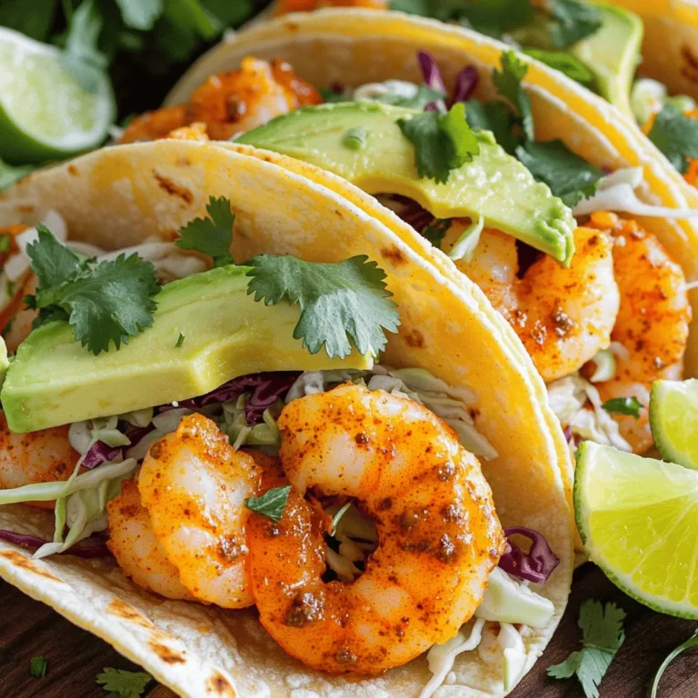 - 1 lb large shrimp, peeled and deveined - 2 tablespoons olive oil - 2 tablespoons chipotle in adobo sauce, finely minced - Zest and juice of 1 juicy lime - 1 teaspoon ground cumin - 1 teaspoon smoked paprika - 1/2 teaspoon garlic powder - Salt and freshly ground black pepper to taste - 8 small corn tortillas - 1 cup finely shredded cabbage (either red or green) - 1 ripe avocado, sliced into wedges - Fresh cilantro leaves for a vibrant garnish - Lime wedges for a zesty serving When I make Chipotle Lime Shrimp Tacos, I love how simple the ingredients are. The shrimp is the star. Always choose large shrimp that are fresh. Look for a nice pink color and firmness. You can use frozen shrimp, but thaw them well before cooking. The chipotle in adobo sauce gives these tacos a smoky kick. It adds depth to the shrimp. Don't skip the lime zest and juice. They bring a bright flavor that balances the spice. Ground cumin and smoked paprika enhance the taste, too. A pinch of garlic powder brings everything together. For the tacos, I prefer small corn tortillas. They are soft and add a lovely texture. I like to warm them in a skillet. It makes them more pliable and tasty. Shredded cabbage gives a nice crunch. Avocado adds creaminess, while fresh cilantro adds color and flavor. These tacos are not only quick to make but also packed with flavor. Each bite is a delicious mix of spicy, creamy, and crunchy. They are perfect for a quick dinner or a fun gathering. Enjoy the vibrant colors and fresh tastes! To start, grab a medium bowl. Add 1 pound of shrimp. Pour in 2 tablespoons of olive oil. Add 2 tablespoons of minced chipotle in adobo sauce. Then, zest and juice one lime into the bowl. Sprinkle in 1 teaspoon of ground cumin and 1 teaspoon of smoked paprika. Add 1/2 teaspoon of garlic powder. Season with salt and pepper. Mix it all well. Make sure the shrimp get a nice, even coating. This marinade gives the shrimp a bold flavor. Next, preheat your grill or skillet over medium-high heat. Once it's hot, place the shrimp in a single layer. Cook them for about 2-3 minutes per side. Watch for the shrimp to turn pink and opaque. This means they are done. Once cooked, take the shrimp off the heat and set them aside. Now, take your small corn tortillas. Warm them on a dry skillet or grill. Heat them for around 30 seconds on each side. You want them warm and pliable, not crispy. This makes them easier to fold without tearing. It’s time to build your tacos! Start with a handful of shredded cabbage on each warm tortilla. Add a generous serving of the grilled shrimp on top. Next, place a few slices of avocado on each taco. Finish with a sprinkle of fresh cilantro for color and taste. Serve these tacos with lime wedges on the side. Squeezing fresh lime juice over the tacos adds a zesty kick. Enjoy your delicious Chipotle Lime Shrimp Tacos! When choosing shrimp, focus on color and firmness. Fresh shrimp should look bright and shiny. They should feel firm when you touch them. Avoid shrimp that smell fishy or look dull. You may wonder about wild-caught versus farm-raised shrimp. Wild-caught shrimp often have better flavor and texture. They live in their natural habitat and eat a varied diet. Farm-raised shrimp can be more affordable but may lack the same taste. Always check where your shrimp come from to make the best choice. To add more flavor, consider extra spices. You can try cayenne for heat or coriander for a fresh taste. Don’t forget about fresh herbs! Chopped parsley or dill can brighten your dish. They add color and a fresh bite that pairs well with shrimp. Warming tortillas correctly is key for tasty tacos. You can use a dry skillet or grill. Heat them for about 30 seconds on each side. This keeps them soft and pliable. For best results, choose small corn tortillas. They have great flavor and are sturdy enough to hold the fillings. Flour tortillas can work, but they don't have the same taste. Keep your tortillas warm in a clean towel until you are ready to serve. {{image_4}} You can switch up the shrimp for chicken or tofu. If you choose chicken, cut it into small pieces. Marinate it just like the shrimp. Cook until the chicken is no longer pink. For tofu, use firm or extra-firm. Cube it and press to remove water. Marinate and cook until it's golden brown. Grilling fish is another great option. Use tilapia or salmon for a tasty twist. Cook it until flaky and enjoy the fresh flavors. Want to take your tacos to the next level? Try adding mango or pineapple salsa. The sweetness of the fruit pairs well with the spice of the chipotle. Just chop the fruit and mix it with lime juice, salt, and cilantro. You can also experiment with different hot sauces. A dash of your favorite sauce can add new layers of flavor. Don’t be afraid to mix and match until you find your perfect blend! If you need gluten-free options, look for corn tortillas. They taste great and hold up well. You can also find gluten-free wraps in stores. For a vegan twist, skip the shrimp and use grilled veggies. Bell peppers, zucchini, and mushrooms make a great filling. Just season them well and grill until tender. These options keep the flavor but meet different dietary needs. Enjoy your tacos while keeping everyone happy! To store leftover shrimp, cool them quickly. Place them in a shallow dish. This helps them cool fast and keeps them safe. Use airtight containers for best results. Glass or plastic containers work well. Label them with the date for easy tracking. You can reheat shrimp in various ways. The stovetop is best; use a non-stick pan. Heat over medium for a few minutes. Stir gently to avoid overcooking. Microwave is an option too. Cover the shrimp with a damp paper towel to keep them moist. For the tortillas, warm them in a dry skillet. Heat them for about 30 seconds on each side. This will make them soft and easy to fold. You can also wrap them in foil and heat them in the oven. Leftover shrimp can last in the fridge for up to three days. Always check for any off smells or changes in texture. If you want to store shrimp longer, freezing is a great option. Properly stored shrimp can last for up to three months in the freezer. Just remember to thaw them safely in the fridge before reheating. To cook shrimp perfectly, look for a few key signs. Properly cooked shrimp turn pink and lose their translucent look. They should curl into a tight "C" shape. If they turn into an "O" shape, they are overcooked. Cooking shrimp usually takes 2-3 minutes on each side. Yes, you can make the marinade ahead of time. Mix olive oil, chipotle in adobo, lime juice, and spices in a bowl. Store it in the fridge for up to two days. This helps the flavors blend well. Just add the shrimp right before cooking. You can use other ingredients if you don’t have chipotle in adobo. Try smoked paprika for a mild spice. For more heat, use cayenne pepper or hot sauce. You can also blend roasted red peppers with some chili powder to mimic the flavor. Chipotle Lime Shrimp Tacos can be a healthy meal option. Shrimp is low in calories and high in protein. Cabbage is rich in fiber and vitamins. Avocado adds healthy fats. Using corn tortillas keeps the meal gluten-free. Overall, it’s a balanced dish with fresh ingredients. This blog post covered all you need for tasty Chipotle Lime Shrimp Tacos. We explored key ingredients, from fresh shrimp to vibrant seasonings. You learned step-by-step how to prepare, cook, and assemble these delicious tacos. We also highlighted tips for selecting fresh shrimp and enhancing flavor while offering variations for diverse diets. In conclusion, these tacos are both easy to make and full of flavor. Enjoy experimenting with ingredients and find your perfect twist. You will create a meal that impresses everyone!