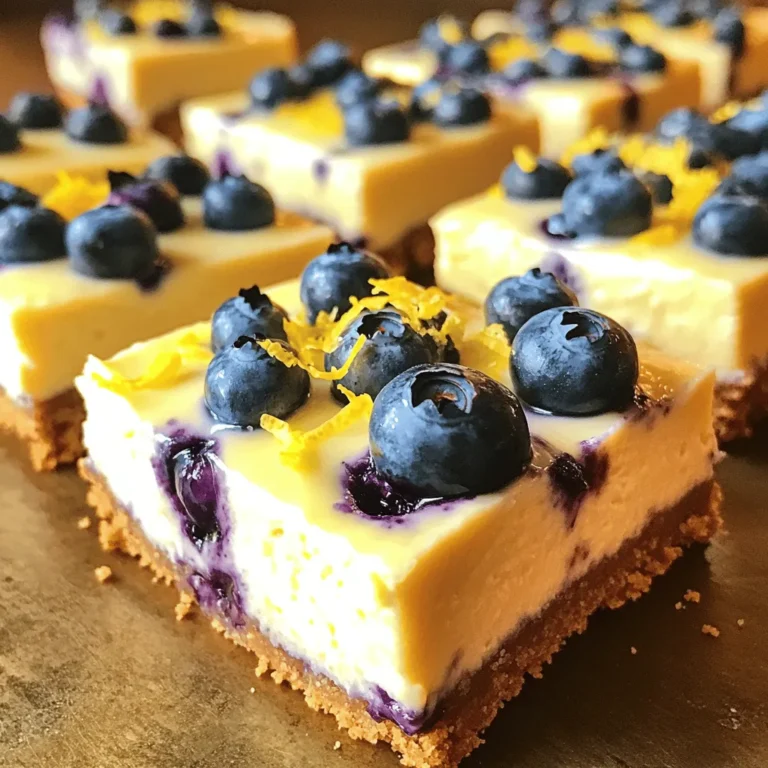 - 1 ½ cups graham cracker crumbs - ½ cup unsalted butter, melted - 2 cups cream cheese, softened at room temperature - 1 cup Greek yogurt - ¾ cup granulated sugar - 2 large eggs, at room temperature - 2 tablespoons fresh lemon juice - Zest of 1 large lemon - 1 teaspoon pure vanilla extract - 1 ½ cups fresh blueberries, rinsed and patted dry Using fresh and high-quality ingredients makes a big difference. I recommend using real cream cheese, not a low-fat version. The cream cheese adds rich flavor and creaminess. Choose full-fat Greek yogurt for a smooth texture. Fresh blueberries should be firm and vibrant. This ensures a burst of flavor in each bite. If you need a gluten-free option, you can use gluten-free graham cracker crumbs. For a lighter version, swap half the cream cheese for more Greek yogurt. If you prefer a sweeter dessert, you can add more sugar to taste. You can also use lemon extract instead of fresh lemon juice if needed. Start by preheating your oven to 350°F (175°C). Grab an 8x8 inch baking pan and line it with parchment paper. Be sure to leave some paper hanging over the edges. This will help you lift the bars out later. In a medium bowl, mix 1 ½ cups of graham cracker crumbs with ½ cup of melted unsalted butter. Stir until it looks like wet sand. Press this mixture firmly into the bottom of your lined pan. This will be your crust. Bake it for 10 minutes. Let it cool slightly while you make the filling. In a large bowl, use an electric mixer to beat 2 cups of softened cream cheese until it’s smooth. Next, add in 1 cup of Greek yogurt and ¾ cup of granulated sugar. Mix until everything is creamy. Then, add 2 large eggs, one by one. Mix on low speed after each egg to keep it smooth. Now, stir in 2 tablespoons of fresh lemon juice, the zest of 1 large lemon, and 1 teaspoon of pure vanilla extract. Blend until it’s well mixed. Take 1 ½ cups of fresh blueberries and gently fold them into the cheesecake mixture with a spatula. Be careful not to break the berries. Pour this filling over the cooled crust in the pan. Make sure to smooth the top. Bake for 30-35 minutes. The edges should look firm, but the center can jiggle a little. After baking, let the bars cool at room temperature for about one hour. Cover the pan and place it in the fridge for at least 4 hours or overnight to set. When you’re ready to serve, lift the cheesecake out of the pan using the parchment paper. Use a sharp knife to cut it into bars. For a pretty touch, add some fresh blueberries and a sprinkle of lemon zest on top. A mint leaf will make it even nicer! To get the creamiest texture, use room temperature cream cheese. Cold cream cheese can make your filling lumpy. Beat the cream cheese on medium speed until smooth. This helps to avoid lumps. When adding eggs, mix them in one at a time. Do not overmix after adding eggs. This keeps the texture light. Lastly, fold in the blueberries gently. This prevents them from breaking and keeps your bars smooth and creamy. One mistake is not preheating the oven. This can lead to uneven baking. Always preheat to 350°F (175°C) before starting. Another common error is overbaking. The center should have a slight jiggle. This means the bars will set as they cool. Don’t rush the cooling process either. Let them cool at room temperature first. Then, refrigerate for at least 4 hours. This ensures they are firm and ready to slice. To boost flavor, use fresh lemon juice and zest. This gives a bright taste to your bars. You can also add a pinch of salt to your filling. This helps balance the sweetness. For presentation, top the bars with extra blueberries. A sprinkle of lemon zest adds a pop of color. A sprig of mint on top makes it look fancy. These small touches make a big difference! {{image_4}} You can swap blueberries for other fruits. Raspberries and strawberries work great. They add a different taste and color. For raspberries, use about 1 ½ cups. They give a nice tartness. Strawberries add sweetness. Slice them thin for even mixing. Don’t be afraid to mix fruits! A combo of blueberries and strawberries is very tasty. You can easily make these bars gluten-free. Use gluten-free graham cracker crumbs for the crust. This keeps the flavor and texture the same. For vegan options, use dairy-free cream cheese. Substitute eggs with flax eggs or applesauce. ¼ cup of applesauce replaces one egg. These swaps keep the bars creamy and delicious. Graham crackers are classic, but you have choices. Use crushed Oreos for a chocolate twist. Almond flour with coconut oil makes a nutty crust. For a healthier option, use crushed nuts and oats. Each crust brings a unique flavor. Try different crusts to find your favorite! To keep your Lemon Blueberry Cheesecake Bars fresh, store them in the fridge. Use an airtight container or cover the pan with plastic wrap. This helps keep moisture in and prevents drying out. Your cheesecake bars will stay tasty for up to five days. Always check for any signs of spoilage before eating. You can freeze these cheesecake bars for longer storage. First, let them cool completely in the fridge. Then, slice them into individual bars. Wrap each bar tightly in plastic wrap. After that, place the wrapped bars in a freezer bag or container. They can last for up to three months in the freezer. To enjoy, simply thaw them in the fridge overnight before serving. If you prefer your cheesecake bars warm, reheating is easy. Place a bar in the microwave on low power. Heat it for about 10-15 seconds. Check if it’s warm enough. Be careful not to overheat, as this can change the texture. Enjoy your delicious Lemon Blueberry Cheesecake Bars warm or cold! Lemon Blueberry Cheesecake Bars can last about 4 to 5 days in the fridge. Store them in an airtight container to keep them fresh. If you want to enjoy them longer, you can freeze them. They can stay good for up to 3 months in the freezer. Just remember to wrap them well! Yes, you can use frozen blueberries. They work well in this recipe. Just make sure to thaw them first and drain any excess juice. This will help keep your cheesecake bars from becoming too watery. Fresh blueberries do add a nice texture and flavor, but frozen ones can also be tasty. The cheesecake is done when the edges look firm, and the center has a slight jiggle. It should not be liquid in the middle. If it looks too wobbly, give it a few more minutes in the oven. Remember, it will continue to set as it cools. Absolutely! These cheesecake bars are perfect for making ahead of time. You can prepare them a day or two in advance. Just make sure to chill them in the fridge for a minimum of 4 hours. This will help the flavors blend well and give them the best texture. These cheesecake bars are great on their own, but you can enhance them with a few extras. Consider serving them with whipped cream or a scoop of vanilla ice cream. Fresh blueberries on top also add a nice touch. A sprig of mint can brighten up the plate! You learned how to make delicious Lemon Blueberry Cheesecake Bars. We discussed key ingredients, quality notes, and substitutions. I shared step-by-step instructions for preparing the crust and filling. You also discovered tips for a creamy texture and ways to avoid common mistakes. We explored tasty variations and smart storage tips. Now, you can create your own perfect dessert. Enjoy the process and share your results!
