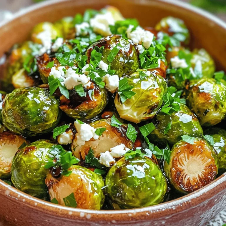 - 1 pound fresh Brussels sprouts, trimmed and halved - 3 tablespoons rich balsamic vinegar - 2 tablespoons pure maple syrup - 2 tablespoons extra virgin olive oil - 1 teaspoon garlic powder - 1 teaspoon fine sea salt - ½ teaspoon freshly cracked black pepper - ¼ cup creamy feta cheese, crumbled - 2 tablespoons fresh parsley, finely chopped (for garnish) Brussels sprouts should be fresh and firm for the best taste. The balsamic vinegar gives the sprouts a sweet and tangy flavor. Maple syrup adds a natural sweetness that balances the balsamic. Extra virgin olive oil helps the sprouts roast nicely. Garlic powder adds depth to the flavor. If you choose to add feta, it brings a creamy texture that pairs well. Fresh parsley not only adds color but also freshness to the dish. If you want to make this dish vegan, skip the feta or use a vegan cheese alternative. Start by washing 1 pound of fresh Brussels sprouts. Trim the ends and slice them in half. This helps them cook evenly. Make sure to remove any yellow or wilted leaves. In a large bowl, combine the halved Brussels sprouts with: - 3 tablespoons rich balsamic vinegar - 2 tablespoons pure maple syrup - 2 tablespoons extra virgin olive oil - 1 teaspoon garlic powder - 1 teaspoon fine sea salt - ½ teaspoon freshly cracked black pepper Use your hands or a large spoon to mix everything well. Ensure each sprout gets a nice coating of the tasty mixture. Preheat your oven to 400°F (200°C). Line a baking sheet with parchment paper. Spread the Brussels sprouts in a single layer on the sheet. Roasting them this way helps them get crispy. Place the baking sheet in the oven and roast for 25 to 30 minutes. Halfway through, stir the sprouts for even cooking. They should turn golden-brown and tender. When done, take them out of the oven. If you want, sprinkle ¼ cup of creamy feta cheese over the warm sprouts. This adds a nice flavor. Finally, garnish with 2 tablespoons of finely chopped fresh parsley for a pop of color. Enjoy your balsamic glazed roasted Brussels sprouts! To get the best Brussels sprouts, use fresh ones. Trim the ends and cut them in half. This helps them cook evenly. When you toss them in the bowl, make sure every piece gets coated. If they are too crowded on the baking sheet, they will steam instead of roast. Spread them in one layer for that perfect crisp. These Brussels sprouts are great as a side dish. They pair well with roasted chicken or fish. You can also serve them over a bed of quinoa or rice. For a fun twist, add them to a salad. The warm sprouts will mix well with greens and nuts. To make your dish pop, drizzle more balsamic vinegar before serving. This adds a shiny finish and extra flavor. Sprinkle crumbled feta on top for a creamy touch. Fresh parsley not only adds color but also freshness. Use a rustic bowl for a cozy look. Your guests will love the presentation! {{image_4}} You can make this dish special with seasonal items. Try adding diced apples in fall. They add a sweet crunch. In winter, toss in some pomegranate seeds for a burst of color and tang. During summer, mix in fresh herbs like basil for a bright taste. Each season brings new flavors to explore. If you want a vegan dish, skip the feta cheese. The sprouts taste great on their own. For a gluten-free option, this recipe is naturally gluten-free, so you can enjoy it worry-free. You can also cut back on the maple syrup for a lower-sugar meal. Adjust to fit your diet needs! Balsamic vinegar gives a sweet-tart flavor that shines. The garlic powder adds warmth and depth. You can spice things up by adding red pepper flakes for heat. If you love zest, try a squeeze of lemon juice before serving. These small changes can create a new taste every time you cook! Store leftover Brussels sprouts in an airtight container. Place them in the fridge. They stay fresh for up to 3 days. Make sure they cool down before you store them. You can freeze roasted Brussels sprouts. Allow them to cool completely first. Then, place them in a freezer-safe bag. Remove as much air as possible. They will last for up to 3 months. Defrost in the fridge before reheating. To reheat, preheat your oven to 350°F (175°C). Spread the Brussels sprouts on a baking sheet. Bake for about 10-15 minutes. You can also microwave them for about 2-3 minutes. Make sure they are hot all the way through. Yes, you can use frozen Brussels sprouts. Just keep in mind they may not roast as well. Frozen sprouts often release more water, making them less crispy. If you use them, thaw and drain them first. If you need a substitute for maple syrup, try honey or agave nectar. Both provide sweetness and work well with balsamic. You can also use brown sugar mixed with a bit of water. To make this recipe vegan, replace the maple syrup with agave or another vegan sweetener. Skip the feta cheese or use a vegan cheese alternative. The dish will still be tasty and satisfying. Balsamic glazed Brussels sprouts pair well with many dishes. Serve them with roasted chicken or grilled fish. They also go nicely with quinoa or a fresh salad. To adjust the sweetness, add less maple syrup or honey. You can also try adding a splash of lemon juice. This will balance the sweetness with a bit of tartness. We covered the essential steps and tips for making delicious Brussels sprouts. You learned about key ingredients and how to prepare and roast them. Remember the tips for perfect roasting and tasty variations. Don't hesitate to experiment and adjust flavors to your liking. With proper storage, you can enjoy your dish later. Follow these guidelines for a dish that has a bright taste and keeps well. Happy cooking!
