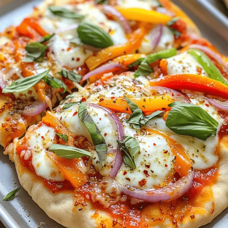- 2 naan breads - 1 cup marinara sauce - 1 cup shredded mozzarella cheese - 1/2 cup sliced bell peppers (mix of colors for visual appeal) - 1/2 cup thinly sliced red onions - 2 cloves garlic, finely minced - 1 teaspoon red pepper flakes (adjust to taste) - 1 tablespoon olive oil - Fresh basil leaves, for garnish - Salt and freshly ground black pepper to taste For this Spicy Garlic Naan Pizza, you need simple and fresh ingredients. The naan serves as the base, offering a chewy, flavorful crust. Marinara sauce adds rich flavor. Mozzarella cheese melts beautifully, creating a gooey topping. Bell peppers and red onions not only taste great but also add color. Garlic gives a bold kick, while red pepper flakes spice things up. A sprinkle of salt and pepper enhances the taste. Don’t forget the fresh basil for a fragrant finish! You can customize your pizza with extra toppings. Consider adding: - Cooked chicken or sausage for protein - Spinach or arugula for greens - Feta cheese for a tangy twist - Sun-dried tomatoes for extra depth You can also swap marinara for pesto or another sauce. Feel free to play with flavors! To make this recipe, gather a few kitchen tools: - Oven - Baking sheet - Parchment paper - Mixing bowl - Brush or spoon - Knife and cutting board These tools make the process easy and fun. You’ll enjoy making this dish with simple equipment! First, set your oven to 400°F (200°C). This hot temperature helps the naan get crispy. Next, line a baking sheet with parchment paper. This makes cleanup easy. Place the naan breads on the sheet, leaving space between them for even baking. In a small bowl, mix 2 cloves of minced garlic with 1 tablespoon of olive oil. Stir it well to blend the flavors. This garlic oil will add a rich taste to your pizza. Use a brush or a spoon. Apply the garlic oil over each naan. Make sure to cover the edges too. Take a ladle of marinara sauce and spoon it on each naan. Spread it out, leaving about 1/2 inch from the edge. Next, sprinkle 1 cup of shredded mozzarella cheese evenly over the sauce. This cheese will melt beautifully. Then, add 1/2 cup of sliced bell peppers and 1/2 cup of thinly sliced red onions. Make it colorful! For extra spice, sprinkle red pepper flakes on top. Adjust the amount based on how spicy you want it. Finish with a pinch of salt and freshly ground black pepper. Now, place the baking sheet in the preheated oven. Bake for 12-15 minutes. Watch for the cheese to melt and turn golden. Once done, take them out and let them cool for about a minute. This makes slicing easier. Add fresh basil leaves on top for a nice touch before cutting them into wedges. Enjoy your spicy garlic naan pizza! To get that ideal crisp on your naan, you must preheat your oven well. Set it to 400°F (200°C). This heat helps the naan cook evenly and get a nice crunch. You can also place the naan directly on the oven rack for extra crispness. Just watch it closely to avoid burning. You can control the heat in your Spicy Garlic Naan Pizza. Start with one teaspoon of red pepper flakes. If you want more heat, add more to your taste. You can also use fresh jalapeños or chili oil for a different kick. Always taste as you go to get your perfect spice level. Presentation matters as much as taste. Cut your naan pizza into wedges for easy sharing. Use a wooden board or colorful platter to serve. For a fun touch, drizzle some olive oil or balsamic glaze on top. Fresh basil adds color and flavor, making your dish pop. {{image_4}} You can easily make this naan pizza vegetarian. Just skip the meat. Load it with veggies! Try mushrooms, spinach, or zucchini. These add great taste and color. You can even use artichokes for a unique twist. The more veggies, the better! Want to add protein? Grilled chicken or shrimp works well. You can also try spicy sausage for a kick. If you prefer plant-based, chickpeas or tofu are great options. Just make sure to cook them before adding. This way, they blend well with the garlic naan flavor. Switch up the sauce for a new taste. Pesto or buffalo sauce can change the vibe. If you love cheese, try ricotta or feta for a fun twist. Mixing different cheeses like gouda or pepper jack can make your pizza even yummier. Play with flavors to find your favorite combo! To keep your leftover naan pizza fresh, let it cool first. Place the slices in an airtight container. You can also use plastic wrap or aluminum foil. Store it in the fridge for up to three days. This way, you maintain the pizza's taste and texture. When you're ready to eat your leftover naan pizza, reheating it well is key. Preheat your oven to 375°F (190°C). Place the pizza on a baking sheet lined with parchment paper. Heat for about 10 minutes. This helps make the crust crispy again. If you prefer a quicker method, use a microwave. Just heat for 30 seconds to 1 minute, but the crust may not be as crispy. If you want to save naan pizza for later, freezing is a great option. Wrap each slice tightly in plastic wrap. Then, place the wrapped slices in a freezer bag. This method keeps them fresh for up to two months. When you're ready to eat, let them thaw in the fridge overnight. Reheat them in the oven for the best taste. Yes, you can use store-bought naan. It saves time and is very easy. Look for naan that is soft and pliable. This choice ensures a good base for your pizza. You can find naan in most grocery stores. You can add many toppings. Here are a few ideas: - Sliced mushrooms - Spinach - Olives - Feta cheese - Chicken or pepperoni Feel free to mix and match to find your favorite combo. Get creative! To make it gluten-free, use gluten-free naan. Many brands offer this option. Check your local store for their selection. You can also make your own gluten-free naan if you're feeling adventurous. Absolutely! Here are some tips to make it healthier: - Use whole wheat naan for extra fiber. - Load up on veggies like spinach and tomatoes. - Use less cheese or choose a low-fat option. These changes keep the flavor but lower the calories. You’ve learned how to make Spicy Garlic Naan Pizza from scratch. We covered the ingredients, steps, and options to customize your pizza. Remember to experiment with toppings and seasonings for fun twists. You can also store and reheat leftovers easily. With the tips provided, you’ll impress family and friends. Enjoy creating a delicious pizza that’s just right for you.