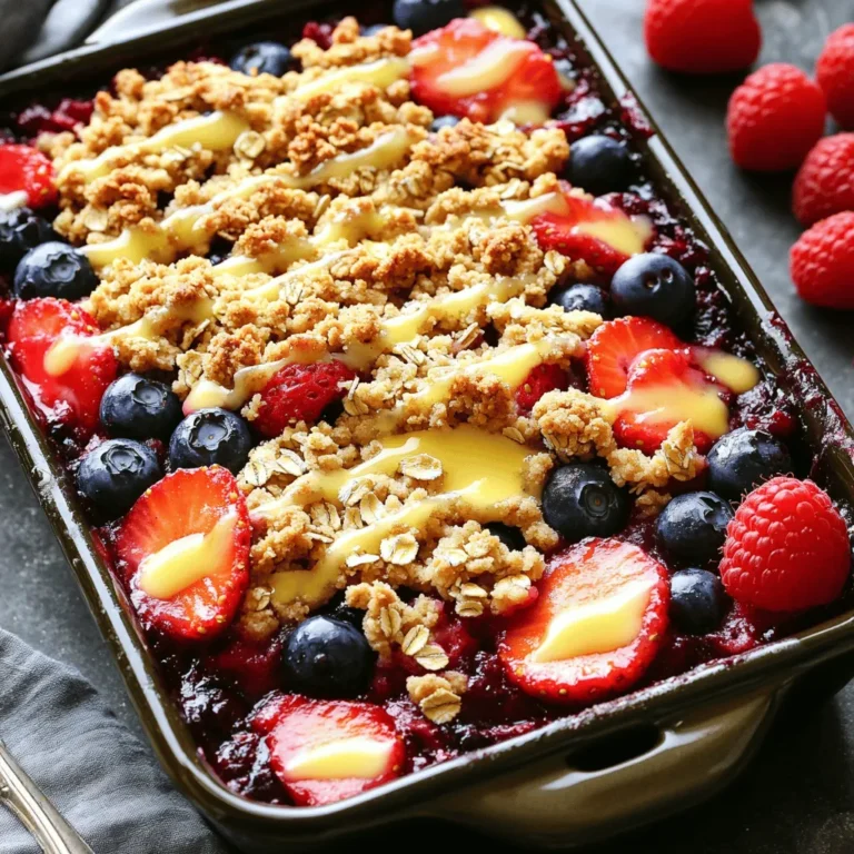 For this delightful crumble, you need three types of fresh berries: - 1 cup fresh strawberries, hulled and sliced - 1 cup fresh blueberries - 1 cup fresh raspberries Using fresh berries adds bright flavor and color. Each berry brings its unique taste. Strawberries are sweet, blueberries are juicy, and raspberries add a nice tartness. Next, gather the dry ingredients to balance the sweetness of the berries: - 2 tablespoons granulated sugar (adjust based on berry sweetness) - 1 tablespoon cornstarch - 1 cup rolled oats - 1/2 cup all-purpose flour - 1/2 cup packed brown sugar - 1/2 teaspoon ground cinnamon - A pinch of salt These ingredients create a crunchy topping. The brown sugar adds a rich flavor, while the oats give it a hearty texture. Cornstarch helps thicken the berry juices as they cook. Finally, you need a few more key items: - 1 teaspoon pure vanilla extract - 1/2 cup unsalted butter, melted Vanilla adds warmth and depth, making the crumble taste even better. The melted butter binds the dry ingredients, forming delicious crumbs. These simple ingredients come together to create a treat everyone will love. First, preheat your oven to 350°F (175°C). This step is key for a crispy topping. While the oven warms, take a large bowl and add the fresh strawberries, blueberries, and raspberries. Sprinkle in two tablespoons of granulated sugar, one tablespoon of cornstarch, and one teaspoon of pure vanilla extract. Gently fold the berries until they are well coated. Let the mixture rest for about 10 minutes. This waiting time helps the flavors blend nicely. Next, grab a separate bowl for the crumble topping. Combine one cup of rolled oats, half a cup of all-purpose flour, half a cup of packed brown sugar, and half a teaspoon of ground cinnamon. Pour in half a cup of melted unsalted butter and add a pinch of salt. Mix everything well using a fork or your fingers. You want it to look like coarse crumbs. This texture helps create a crispy top. Now it's time to assemble. Take a greased 9-inch pie dish and pour in the berry mixture. Spread it evenly across the bottom. Then, sprinkle the crumble topping generously over the berries. Make sure to cover all the fruit. This will form a nice crust as it bakes. Place the dish in your preheated oven and bake for 30-35 minutes. Keep an eye on it; you want the topping to turn golden brown and the berries to bubble up. Once baked, remove it from the oven and let it cool for about 10 minutes. This cooling time helps the filling set. To get the best crumble, mix the dry ingredients well. Use a fork or your fingers to blend the oats, flour, and sugar. The mixture should feel coarse and crumbly. If you want it crunchier, add more oats. A pinch of salt enhances the flavor, so don’t skip it. Some berries are sweeter than others. If you use tart berries, like raspberries, add more sugar. Taste your berry mix after adding sugar. You want it to taste good before baking. A small amount of cornstarch helps thicken the mix and balance sweetness. Serve your crumble warm for the best taste. Add a scoop of vanilla ice cream or whipped cream on top. This adds creaminess and contrasts with the warm berries. For a pop of color, sprinkle fresh berries on each plate. It makes your dessert look extra special! {{image_4}} You can make a gluten-free version of this crumble. Start by swapping all-purpose flour for gluten-free flour. Use a blend that works well in baking. Most gluten-free flours will give you great results. Make sure your oats are certified gluten-free to avoid cross-contamination. This way, you can enjoy the same delicious taste without the gluten. To make this dessert vegan, replace the butter with coconut oil or vegan butter. Use maple syrup or agave nectar instead of granulated sugar for the fruit mixture. This change keeps the dish sweet and tasty. Ensure you check labels for any non-vegan ingredients in your rolled oats and other items. The result is a berry crumble that everyone can enjoy! While berries shine in this recipe, you can switch things up! Try mixing in peaches, apples, or cherries. Each fruit adds a unique flavor and sweetness. You can even use canned fruit if fresh isn't available. Adjust the sugar based on the sweetness of your fruit choice. This flexibility allows you to create your own perfect crumble! After you make your Triple Berry Crumble, let it cool down. Cover the dish with plastic wrap or aluminum foil. Store in the fridge for up to three days. This keeps the crumble fresh and tasty. When you're ready to eat, just reheat a slice in the microwave. If you want to save the crumble for later, freeze it! First, let it cool. Cut it into pieces and place them in a freezer-safe bag. Remove air before sealing. You can freeze it for up to three months. When you're ready, thaw it overnight in the fridge. To reheat your crumble, preheat your oven to 350°F (175°C). Place the crumble in an oven-safe dish and cover it with foil. Bake for about 15-20 minutes until warm. If you want a crisp topping, remove the foil for the last few minutes. Enjoy it warm, maybe with a scoop of ice cream! To make Triple Berry Crumble, start by preheating your oven to 350°F (175°C). In a large bowl, mix 1 cup each of sliced strawberries, blueberries, and raspberries. Add 2 tablespoons of sugar, 1 tablespoon of cornstarch, and 1 teaspoon of vanilla extract. Gently stir the berries and let them sit for 10 minutes. Next, in another bowl, combine 1 cup of rolled oats, 1/2 cup of flour, 1/2 cup of brown sugar, and 1/2 teaspoon of cinnamon. Pour in 1/2 cup of melted butter and a pinch of salt. Mix until it looks like crumbs. Pour the berry mix into a greased 9-inch dish. Spread the crumble topping over the berries. Bake it in the oven for 30 to 35 minutes until golden brown. Let it cool for about 10 minutes before serving. Yes, you can use frozen berries. They work well in this recipe. Just note that frozen berries release more juice. You may want to add an extra tablespoon of cornstarch to help thicken the filling. Triple Berry Crumble is amazing on its own, but you can make it even better. Serve it warm with a scoop of vanilla ice cream or a dollop of whipped cream. You can also add fresh berries on top for a pretty touch. Consider pairing it with a hot cup of tea or coffee for a delightful treat! In this post, we explored the delicious world of Triple Berry Crumble. We covered everything from fresh berries and dry ingredients to tips for the perfect bake. Remember, you can make it gluten-free or vegan, and there are many tasty ways to serve it. Store leftovers correctly to enjoy later. This dessert is fun to make and suits everyone. Now, you can create your own crumble and impress friends and family. Enjoy each bite and get creative with flavors!