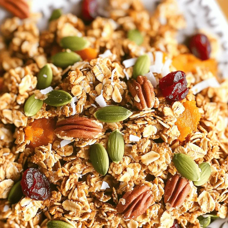 To make Maple Pecan Pumpkin Granola, you will need these ingredients: - 3 cups rolled oats - 1 cup pecans, roughly chopped - 1/2 cup pumpkin seeds - 1/2 cup unsweetened shredded coconut - 1/2 teaspoon salt - 1 teaspoon ground cinnamon - 1/2 teaspoon ground nutmeg - 1/4 cup olive oil or coconut oil - 1/2 cup pure maple syrup - 1 cup pumpkin puree - 1/2 cup dried cranberries or raisins This granola is not just tasty; it packs health benefits too. - Rolled oats: They are rich in fiber. Fiber helps with digestion and keeps you full longer. - Pecans: These nuts have healthy fats. They support heart health and provide energy. - Pumpkin seeds: They are high in magnesium and zinc. These minerals boost your immune system. - Cinnamon: This spice may help regulate blood sugar levels. It also adds a warm flavor. - Pumpkin puree: It is low in calories and high in vitamins A and C. These vitamins are good for your skin and eyes. If you have allergies or preferences, you can make some easy swaps. - Nuts: Replace pecans with almonds or walnuts if needed. - Seeds: Sunflower seeds work well instead of pumpkin seeds. - Sweeteners: You can use honey instead of maple syrup for sweetness. - Oils: If you avoid oil, use applesauce for moisture. - Coconut: Omit shredded coconut for a nut-free option. These swaps keep the granola tasty while meeting your dietary needs. To make this Maple Pecan Pumpkin Granola, start with simple steps. First, preheat your oven to 350°F (175°C). Line a large baking sheet with parchment paper. This helps with easy cleanup and gives you a nice, crispy granola. Next, take a large mixing bowl. Add 3 cups of rolled oats, 1 cup of roughly chopped pecans, and 1/2 cup of pumpkin seeds. Also, toss in 1/2 cup of unsweetened shredded coconut, 1/2 teaspoon of salt, 1 teaspoon of ground cinnamon, and 1/2 teaspoon of ground nutmeg. Stir well until everything mixes nicely. In another bowl, whisk together 1/4 cup of olive oil or coconut oil, 1/2 cup of pure maple syrup, and 1 cup of pumpkin puree. Mix until you have a smooth blend. Now, pour this wet mixture over your dry ingredients. Use a spatula or wooden spoon to fold everything together gently. Make sure all the oats and nuts get coated well. Spread the mixture evenly on your lined baking sheet. Aim for a thin layer to help it bake evenly. Bake for 25 to 30 minutes, stirring halfway through. Keep an eye on it to avoid burning. Look for a golden-brown color and a crispy texture. Once done, take it out and let it cool on the baking sheet. As it cools, the granola will become crunchier. Finally, fold in 1/2 cup of dried cranberries or raisins for a sweet touch. Baking granola can be tricky, but a few tips can help you. First, make sure to stir the granola halfway through baking. This promotes even cooking and helps achieve that perfect crisp. Also, keep an eye on the color. You want a deep golden brown but not burnt. If you prefer softer granola, take it out a bit earlier. If you like it crunchier, leave it in a bit longer. If you want to try stovetop granola, you can do that too! Start by heating a large skillet over medium heat. Add the rolled oats, chopped pecans, pumpkin seeds, and shredded coconut. Stir often to prevent burning. After a few minutes, add the wet ingredients directly into the skillet. Mix well and cook for about 5-10 minutes until everything is nicely toasted. Once it's done, spread it out on a plate to cool. This method is quick and gives you a warm, fresh granola. To get your granola super crispy, spread it thin on the baking sheet. This helps it bake evenly. Stir the mixture halfway through baking. This promotes even browning and crispiness. Keep an eye on the granola as it bakes. Look for a golden brown color to know it’s ready. Remember, it will crisp up more as it cools. You can add spices to boost the flavor. Try adding more cinnamon or a pinch of ginger for warmth. A splash of vanilla extract can add depth. If you want it sweeter, drizzle in more maple syrup. For an extra crunch, toss in some sunflower seeds or chopped almonds. Each of these will make your granola even tastier and unique. If your granola burns, check your oven temperature. Ovens can vary, so you may need to adjust the heat. If it’s not crunchy enough, it might need more baking time. Stir it more often to avoid sogginess. If your granola clumps together too much, break it apart while it cools. This keeps the pieces light and airy. {{image_4}} You can change the spices in this granola for different seasons. For fall, add cloves or allspice for a warm touch. In winter, try ginger for a spicy kick. In spring, use lemon zest for a fresh twist. Summer can bring in hints of cardamom for a unique flavor. Each spice adds a new layer to the maple pecan pumpkin granola. If you need a gluten-free option, choose certified gluten-free oats. For nut-free granola, swap pecans with sunflower seeds. You can use pumpkin seeds as a great nut replacement. This way, you can enjoy the granola without worrying about allergies. Always check labels to ensure all ingredients fit your diet. Want to mix things up? Add chocolate by including dark chocolate chips after baking. They melt slightly and give a rich taste. You can also fold in dried fruits like apricots or figs for sweetness. Fresh fruits like bananas or berries can also work well. Each addition brings a new flavor that makes your granola special. To keep your maple pecan pumpkin granola fresh, store it in an airtight container. Glass jars work great. Make sure the lid seals tightly. This helps keep moisture out and preserves flavor. Place the container in a cool, dry place, like your pantry. Avoid direct sunlight, as it can affect taste. When stored properly, your granola can last up to two weeks. If you want it to last longer, consider freezing it. Granola freezes well and can last for up to three months in the freezer. Just remember to use a freezer-safe container. When you want to enjoy it, simply let it thaw at room temperature. To maintain that perfect crunch, avoid storing granola in a humid area. If you notice it getting soft, you can re-crisp it. Simply spread it on a baking sheet and bake at 350°F for 5-10 minutes. Keep an eye on it to prevent burning. This simple step brings back its delightful crunch! To make Maple Pecan Pumpkin Granola, you need to follow these steps: 1. Preheat your oven to 350°F (175°C). Line a baking sheet with parchment paper. 2. In a bowl, mix rolled oats, chopped pecans, pumpkin seeds, shredded coconut, salt, cinnamon, and nutmeg. 3. In another bowl, whisk olive oil (or coconut oil), maple syrup, and pumpkin puree. 4. Pour the wet mix over the dry mix and stir gently until coated. 5. Spread the mixture evenly on the baking sheet. 6. Bake for 25-30 minutes, stirring halfway through. Look for a golden color. 7. Let it cool completely on the baking sheet before adding dried cranberries or raisins. 8. Store in an airtight container. Yes, you can use other nuts or seeds. Almonds, walnuts, or sunflower seeds work well. Feel free to mix and match based on your taste. Just keep the same total amount of nuts and seeds. Eating granola has many benefits: - It is high in fiber, helping with digestion. - It gives you energy, thanks to oats and nuts. - Granola can be a healthy snack or breakfast option. - It is rich in vitamins and minerals from nuts and seeds. - You can customize it to fit your diet. Yes, you can make this recipe vegan. Use coconut oil instead of olive oil. Also, ensure the maple syrup is pure. All the other ingredients in the recipe are already vegan-friendly. Enjoy your tasty and healthy snack! This blog post explored the world of Maple Pecan Pumpkin Granola. We covered ingredients, health benefits, and useful substitutions. I shared step-by-step baking instructions and tips for the perfect texture. You also learned how to enhance flavors and troubleshoot common issues. Then we talked about fun variations and smart storage tips to keep your granola fresh. Remember, making granola is easy and fun. Customize it to your tastes and enjoy a healthy snack!