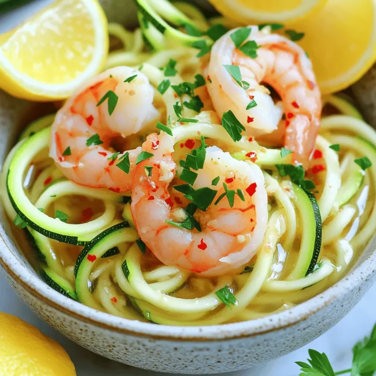 - Zucchini and Shrimp Requirements - 2 medium zucchinis, spiralized into zoodles - 1 pound large shrimp, peeled and deveined - Flavor Enhancers - 4 cloves garlic, finely minced - 1/4 cup chicken or vegetable broth - 2 tablespoons extra virgin olive oil - 2 tablespoons fresh lemon juice - 1/4 teaspoon red pepper flakes (adjust for heat preference) - Seasoning and Garnish - Salt and freshly ground black pepper, to taste - Fresh parsley, finely chopped (for garnish) - Lemon wedges (for serving) Gathering these ingredients sets you up for success. Zoodles give a fresh base, while shrimp adds protein. Garlic and broth create a rich flavor. Olive oil adds healthy fat, and lemon juice brings brightness. Red pepper flakes offer a little kick, enhancing the dish's depth. Fresh parsley and lemon wedges provide a lovely finish. This mix makes your shrimp scampi zoodles both tasty and healthy. - Spiralizing the Zucchini To start, take two medium zucchinis. Use a spiralizer to turn them into zoodles. If you don’t have a spiralizer, a vegetable peeler works too. Just make thin, long strips. This creates a fun, noodle-like dish. - Setting the Zoodles Aside Once you finish spiralizing, place the zoodles in a bowl. Set them aside while you cook the shrimp. This keeps them fresh and ready for later. - Heating Oil and Sautéing Garlic Grab a large skillet and heat two tablespoons of extra virgin olive oil over medium heat. Add four minced garlic cloves and a pinch of red pepper flakes. Sauté this mix for about one minute. You want the garlic to be fragrant but not burnt. - Cooking the Shrimp Now, raise the heat to medium-high. Add one pound of peeled and deveined shrimp to the skillet. Cook each side for about two to three minutes. The shrimp should turn pink and opaque. Add salt and black pepper to taste while cooking. - Adding Broth and Lemon Juice Once the shrimp are cooked, take them out and set them on a plate. In the same skillet, pour in a quarter cup of chicken or vegetable broth. Use a wooden spoon to scrape any tasty bits stuck on the bottom. Then, stir in two tablespoons of fresh lemon juice. Let this mixture simmer gently. - Incorporating Zoodles and Shrimp Now, add the zoodles to the skillet. Toss them in the broth to coat well. Cook the zoodles for three to four minutes. They should be tender but still have a nice crunch. Finally, return the shrimp to the skillet. Gently mix everything together. Heat for one to two more minutes. Adjust the seasoning with salt, pepper, or more lemon juice as needed. This method leads to a delightful dish that's flavorful and healthy. Enjoy the process and the tasty results! - Ensuring Perfectly Cooked Shrimp To cook shrimp perfectly, start with fresh shrimp. Heat your olive oil until it shimmers. Add the shrimp in a single layer. Cook for 2-3 minutes per side. They should turn pink and opaque. Don’t crowd the pan; this helps them cook evenly. Remove them as soon as they are done. - Avoiding Overcooked Zoodles Zoodles cook fast. To keep them crisp, only sauté them for 3-4 minutes. Add them to the skillet after the broth and lemon juice. Toss gently, ensuring they are coated but not overcooked. Taste them; they should be tender yet have a slight bite. - Presentation Tips For a beautiful presentation, serve the dish in a large, shallow bowl. Lay the zoodles first, then top with shrimp. Sprinkle fresh parsley on top for color. Add lemon wedges on the side. This lets everyone add a fresh squeeze of lemon. - Pairing Options Pair shrimp scampi zoodles with a light salad. A mixed green salad with a vinaigrette works well. You could also serve garlic bread on the side for a classic touch. A crisp white wine will complement the dish beautifully. {{image_4}} You can swap shrimp for chicken or tofu. Both options give a nice taste. Chicken works well and cooks quickly. Tofu adds a protein boost and is great for vegans. Just cut it into cubes and cook until golden. Zoodles are fun, but try other veggies too! Carrots, squash, or bell peppers make great zoodle swaps. Use a spiralizer or julienne peeler for fun shapes. This keeps your dish colorful and adds nutrients. Cheese can add creaminess to your dish. Try Parmesan or feta for a salty kick. Add it just before serving, so it melts slightly. This makes each bite rich and savory. Adjust the seasonings to match your taste. Add herbs like basil or oregano for freshness. You can also try different spices, like paprika for warmth. Just a dash of each can change the dish completely. How to Store Leftovers To keep your shrimp scampi zoodles fresh, store them in an airtight container. Make sure the zoodles and shrimp cool down before sealing the container. This helps prevent excess moisture. You can add a paper towel inside the lid to soak up any extra liquid. Shelf Life When stored correctly, shrimp scampi zoodles can last in the fridge for up to 3 days. After that, the zoodles may become too soggy. Always check for off smells or changes in texture before eating leftovers. Best Ways to Reheat Zoodles The best way to reheat zoodles is in a skillet over medium heat. Add a splash of broth or olive oil to keep them moist. Stir gently until heated through. This method helps maintain their crispness. Avoiding Overcooking To avoid overcooking zoodles, heat them just until warm. Cook for about 2-3 minutes. If you heat them too long, they can become mushy. Keep an eye on them for the best results. What are zoodles? Zoodles are noodles made from zucchini. I use a spiralizer to turn zucchini into long, fun shapes. They are a great substitute for pasta. Zoodles are low in carbs and calories, making them a healthy choice. Can I make this dish ahead of time? Yes, you can prepare the shrimp scampi zoodles in advance. Cook the shrimp and zoodles, then store them separately. When ready to eat, heat them in a pan. This keeps the zoodles from getting mushy. Is shrimp scampi zoodles gluten-free? Absolutely! Shrimp scampi zoodles are gluten-free. The dish uses zucchini instead of traditional pasta. It's perfect for those who avoid gluten. How do I spiralize zucchini with no special tools? You can use a vegetable peeler to make thin strips. Simply peel the zucchini lengthwise until you reach the seeds. Then, cut the strips into shorter lengths. You’ll have zoodles without a spiralizer! Can other seafood be used in this recipe? Yes, you can use other seafood like scallops or crab. Just adjust the cooking time. This dish is flexible and can suit your taste. What sides pair well with shrimp scampi zoodles? Serve a light salad or garlic bread on the side. These complement the shrimp scampi zoodles well. You can also add a glass of white wine for a complete meal. We explored how to make a tasty shrimp scampi with zoodles. You learned about the right ingredients, like fresh shrimp and flavorful seasonings. I shared easy steps for cooking and tips to keep your meal just right. Remember, other veggies and seafood can add fun twists. Store leftovers properly, and you'll enjoy this dish again. Use this healthy recipe to impress your family and friends, while keeping meals light and delicious. Enjoy the cooking adventure!