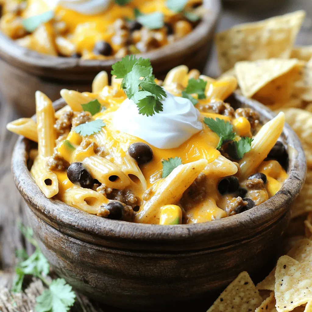 - 12 oz (340g) pasta (penne or rotini recommended) - 1 tablespoon olive oil - 1 small onion, finely diced - 2 cloves garlic, minced - 1 lb (450g) ground meat (beef, turkey, or plant-based substitute) - 1 packet taco seasoning (about 1 oz) - 1 can (15 oz) diced tomatoes (including juices) - 4 cups chicken or vegetable broth - 1 cup heavy cream (or coconut cream for a dairy-free option) - 1 cup shredded cheddar cheese (or dairy-free cheese if desired) - 1 cup black beans, drained and rinsed - 1 cup corn (can be frozen or canned) - Fresh cilantro, chopped (for garnish) - Sour cream or Greek yogurt, for serving - Salt and pepper, to taste When choosing pasta, I love penne or rotini. They hold sauce well. For ground meat, you can use beef, turkey, or even plant-based options if you like. This dish is flexible! For cream and cheese, I suggest heavy cream for rich taste. If you're dairy-free, coconut cream and dairy-free cheese work great too. This way, everyone can enjoy the creamy taco pasta. 1. Sautéing onions and garlic to enhance flavors Start by warming 1 tablespoon of olive oil in a large pot over medium heat. Once hot, add 1 small diced onion. Sauté for about 3-4 minutes until it turns clear. This makes the onion sweet and tasty. Next, add 2 minced garlic cloves. Cook for another 30 seconds. Stir it constantly to keep it from burning. The smell will be amazing! 2. Cooking ground meat and incorporating taco seasoning Now, add 1 pound of ground beef or turkey to the pot. You can also use a plant-based meat if you prefer. Use a spatula to break it apart. Cook for about 5-7 minutes until it is browned. If there is extra fat, drain it off. Then, sprinkle in 1 packet of taco seasoning. Mix it well so every bite gets flavor. 3. Combining ingredients and cooking pasta to perfection Pour in 1 can of diced tomatoes with their juices and 4 cups of chicken or vegetable broth. Stir gently and bring it to a boil. Once boiling, add 12 ounces of pasta, like penne or rotini. Stir to mix everything. Lower the heat to a simmer and cover the pot. Cook for 10-12 minutes, stirring often. The pasta should be soft and most of the liquid should be absorbed. 4. Final touches After the pasta is ready, stir in 1 cup of heavy cream or coconut cream. Add 1 cup of black beans and 1 cup of corn. Let it heat for 2-3 minutes until everything is warm. Remove the pot from the heat and mix in 1 cup of shredded cheddar cheese until it melts. Taste your dish and add salt and pepper if needed. Now your one-pot creamy taco pasta is ready to serve! - Ensuring perfect texture for pasta: To get the best pasta, cook it just right. Start by boiling water. Add a pinch of salt for flavor. Once boiling, add the pasta. Stir it often. Cook until al dente, which means it should be firm but not hard. This keeps it from getting mushy in the creamy sauce. - Tips for adjusting spice levels (mild to spicy): To make your taco pasta mild, use less taco seasoning. You can also skip spicy peppers. If you like heat, add extra seasoning or some jalapeños. Taste as you go to find the right level for you. - Alternatives for vegetarian or vegan options: For a vegetarian dish, swap the meat for a plant-based option. You can use black beans or lentils. For cream, coconut cream works well. Use dairy-free cheese to keep it vegan. These swaps still give you great flavor and creaminess. {{image_4}} You can easily change this one-pot creamy taco pasta to fit your tastes. Here are some fun swaps and additions you can try: - Ingredient Swaps: Use ground turkey, chicken, or a plant-based meat for protein. You can also swap black beans for pinto beans or kidney beans. For veggies, add bell peppers, zucchini, or spinach. - Gluten-Free Dish: To make it gluten-free, choose gluten-free pasta. Check the taco seasoning packet and broth to ensure they are gluten-free. - Adding Extras for Flavor: For a spicy kick, add diced jalapeños or chili powder. Bell peppers give a sweet crunch, while fresh herbs like cilantro add a burst of flavor. You can also sprinkle in some cumin or paprika to enhance the taste. Each swap can make this dish your own. So, feel free to get creative! To keep your One-Pot Creamy Taco Pasta fresh, follow these steps: - Refrigeration: Store leftovers in an airtight container. This helps maintain flavor and texture. It will last for 3 to 4 days in the fridge. Always let it cool before sealing. - Freezing and Reheating: If you want to freeze it, place it in a freezer-safe container. It can stay fresh for up to 3 months. To reheat, thaw it overnight in the fridge. Heat gently on the stove or in the microwave. Add a splash of broth or cream to restore creaminess. - Duration for Freshness: After cooking, always check for signs of spoilage. If it smells off or shows mold, it’s best to throw it away. Enjoy your delicious meal while it’s fresh! Can I use different types of pasta? Yes, you can use any pasta you like. Penne and rotini work best. Other shapes, like fusilli or shells, are also great options. Just make sure to adjust cooking time based on the pasta you choose. How can I make this recipe lower in calories? To reduce calories, opt for leaner meat like turkey. You can also use less cream or switch to light cream. Adding more veggies, like bell peppers or zucchini, boosts nutrition and lowers calories too. What are some side dishes that pair well with this meal? Serve this creamy taco pasta with a simple side salad. A corn salad works well too. You can also add tortilla chips for crunch or guacamole for a creamy dip. These sides make the meal even more fun! This blog post explored easy pasta recipes using various ingredients. We discussed pasta choices like penne or rotini and ground meat options, including turkey and plant-based alternatives. I shared step-by-step cooking instructions to enhance flavors and perfect textures. Plus, we covered tips for customizing spice levels and vegan options. Remember, you can swap ingredients for a unique twist or store leftovers safely. Enjoy creating your own delicious meals, and don’t hesitate to experiment!