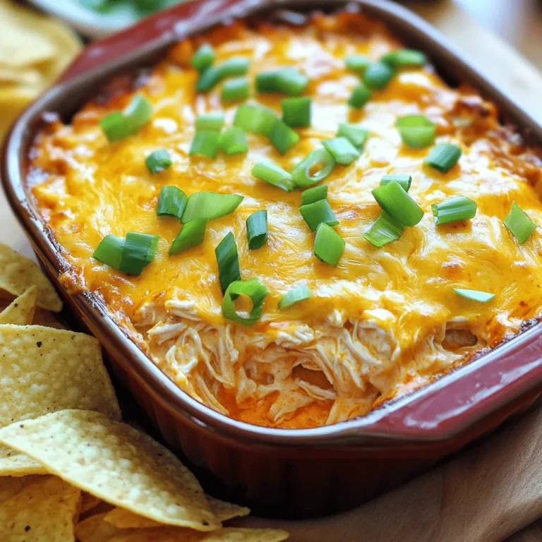 Here’s a detailed list of what you need for Buffalo Ranch Chicken Dip: - 2 cups of shredded cooked chicken (preferably rotisserie for added flavor) - 1 cup of cream cheese, softened to room temperature - 1/2 cup of sour cream (can use low-fat if preferred) - 1/2 cup of ranch dressing (choose your favorite brand for best taste) - 1/2 cup of buffalo sauce (adjust for spice level) - 1 cup of shredded cheddar cheese (sharp cheddar adds more flavor) - 1/2 cup of green onions, finely sliced (white and green parts) - Salt and pepper to taste - Tortilla chips or fresh celery sticks, for serving Each ingredient plays a key role in making this dip a crowd favorite. The rotisserie chicken gives great flavor and texture. Cream cheese brings a rich, creamy base while the sour cream adds a slight tang. Ranch dressing adds depth and brings everything together. Adjust the buffalo sauce to find the heat that suits your taste. Sharp cheddar cheese creates a melty topping that everyone loves. Green onions give a fresh crunch that brightens the dish. Don’t forget to season with salt and pepper to enhance all those flavors! Serve this dip with crunchy tortilla chips or crisp celery sticks for a perfect match. Enjoy the blend of flavors in every bite! First, preheat your oven to 350°F (175°C). This heat helps the dip cook evenly. Next, gather and measure all your ingredients. You need two cups of shredded chicken, one cup of cream cheese, half a cup of sour cream, half a cup of ranch dressing, half a cup of buffalo sauce, one cup of shredded cheddar cheese, and half a cup of sliced green onions. Don’t forget some salt and pepper to taste! In a medium mixing bowl, add the softened cream cheese, sour cream, and ranch dressing. Use a hand mixer or whisk to blend them together until creamy and smooth. Make sure there are no lumps. Now, gently mix in the buffalo sauce. Taste it and add more sauce if you want extra heat. Now, fold in the shredded chicken. Save some chicken for garnish if you like. Add half of the shredded cheddar cheese and half of the sliced green onions. Season the mixture with salt and pepper. This step brings all the flavors together. Next, transfer the dip into an 8x8-inch baking dish. Spread it out evenly with a spatula. Sprinkle the remaining cheddar cheese on top. This will create a nice cheesy layer. Bake in the oven for 20 to 25 minutes. Look for bubbling edges and melted cheese that is slightly golden. Once baked, carefully take the dish out of the oven. Sprinkle the rest of the sliced green onions on top. This adds a fresh touch. Serve the dip warm with tortilla chips or fresh celery sticks. Enjoy the creamy, spicy goodness! To make Buffalo Ranch Chicken Dip just right, adjust the buffalo sauce. If you like it spicy, add more sauce. For mild flavor, use less. Everyone has different tastes. So, find what you love! For ranch dressing, I recommend using a brand you enjoy. Some popular choices are Hidden Valley, Ken's, and Annie's. They each add a unique flavor. Your dip will shine with the right dressing! Pair your dip with fun dippers. Tortilla chips are a classic choice. They add crunch and flavor. Fresh celery sticks also give a nice, crisp bite. You can even try baby carrots or pita chips! For a fun twist, serve the dip in individual ramekins. This makes it easy for guests to grab their own. Plus, it looks great on a party table. Add a small bowl of extra buffalo sauce on the side for those who like a kick! You can make this dip ahead of time. Prepare it a day before your party. Just store it in the fridge. When it’s time to serve, heat it up in the oven. This saves you time and stress! To reheat, put it in the oven at 350°F (175°C) for about 15 minutes. Stir it halfway to warm it evenly. You can also use the microwave for quick reheating. Just be sure to stir often to avoid hot spots. {{image_4}} You can make this dip lighter by using low-fat options. Here are some ideas: - Use low-fat cream cheese instead of regular. - Swap sour cream for Greek yogurt for a protein boost. - Choose a low-calorie ranch dressing to cut down on calories. - Reduce the amount of cheese or use a low-fat version. These swaps keep the flavor while making the dip a bit healthier. Want to take your dip to the next level? Try these flavor boosts: - Add blue cheese for a tangy kick. Just mix in a little crumbled blue cheese. - Incorporate spices like garlic powder or onion powder. They will enhance the taste. - Fresh herbs, such as parsley or cilantro, can brighten the dip. These tweaks can create new taste experiences every time you make it. You can easily adapt this dip for different diets. Here’s how: - To make it gluten-free, ensure your ranch dressing and buffalo sauce are gluten-free. - For a vegan version, use plant-based cream cheese and yogurt. Replace chicken with shredded jackfruit or tempeh. - Use a vegan ranch dressing and buffalo sauce to keep it plant-based. These options make this dip suitable for everyone at your party. To keep your Buffalo Ranch Chicken Dip fresh, store it in the fridge. Use an airtight container. This helps keep the dip from drying out. Before sealing, let it cool to room temperature. Label the container with the date you made it. Remember, the dip tastes best within a few days. You can freeze Buffalo Ranch Chicken Dip for later. To do this, use a freezer-safe container. Make sure to leave some space at the top, as the dip will expand. When you are ready to enjoy it, thaw the dip in the fridge overnight. Reheat it in the oven at 350°F (175°C) until it's hot and bubbly. In the fridge, your dip stays fresh for about 3 to 5 days. If you freeze it, the dip can last for up to 2 months. Be sure to check for any off smells or changes in texture before eating. Yes, you can use canned chicken. It saves time and effort. Just drain and shred it. Canned chicken may have a different taste than rotisserie chicken. If you want more flavor, add extra buffalo sauce or spices. You can also use shredded turkey or any cooked chicken you have on hand. You can make homemade ranch dressing. Start with these ingredients: - 1 cup of plain yogurt or sour cream - 1 tablespoon of dried dill - 1 teaspoon of garlic powder - 1 teaspoon of onion powder - Salt and pepper to taste Mix these well for a fresh taste. You can also try blue cheese dressing for a different flavor. Yes, you can make this dip spicy. Here are some tips: - Add more buffalo sauce for extra heat. - Mix in diced jalapeños or crushed red pepper flakes. - Use spicy ranch dressing instead of regular ranch. Adjust the heat to fit your taste. Always taste as you go! Yes, you can prepare this dip in advance. Make the dip and store it in the fridge. You can bake it right before serving. If you want to freeze it, just cover it well. It can stay in the freezer for up to three months. Thaw it overnight in the fridge before baking. For serving, I recommend these dippers: - Tortilla chips for a crunchy bite - Fresh celery sticks for a crisp contrast - Carrot sticks for a sweet touch - Pita chips for extra flavor These sides pair well with the creamy dip. You can mix and match to find your favorite! In this blog post, we explored how to make delicious Buffalo Ranch Chicken Dip. We covered the key ingredients, step-by-step instructions, expert tips, health variations, and storage info. You can easily adjust flavors and serving methods to fit your taste. Whether for a party or a cozy night in, this dip is a crowd-pleaser. Keep experimenting with ingredients to make it your own. Happy dipping!