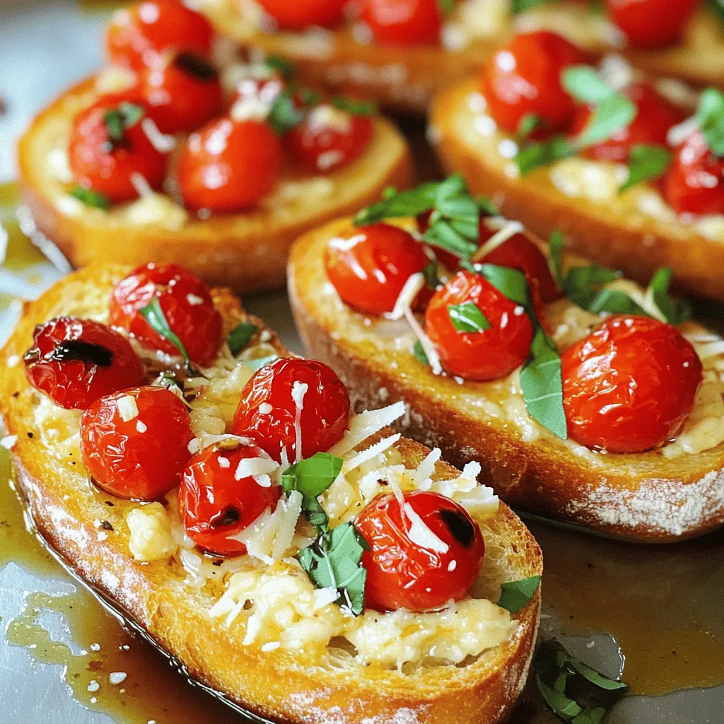 - 1 baguette, sliced into 1-inch thick pieces - 2 cups cherry tomatoes, halved - 1 whole head of garlic - 1/4 cup fresh basil leaves, finely chopped - 1/4 cup extra virgin olive oil To make Roasted Garlic Tomato Bruschetta, you need a few key ingredients. Start with a fresh baguette. It adds a nice crunch. Choose ripe cherry tomatoes for sweetness. Fresh basil gives a fragrant touch. Lastly, extra virgin olive oil adds rich flavor. - 1 tablespoon balsamic vinegar - Salt and freshly ground black pepper to taste - Shaved Parmesan cheese for garnish You can enhance the bruschetta with optional ingredients. Balsamic vinegar adds tang. A pinch of salt and pepper boost the taste. Shaved Parmesan cheese makes it fancy. Feel free to mix and match these options to fit your taste! - Preheating the oven First, set your oven to 400°F (200°C). This heat is perfect for roasting garlic and toasting bread. - Preparing the garlic for roasting Take a whole head of garlic. Cut off the top quarter to expose the cloves. Drizzle one tablespoon of olive oil over the cloves. Wrap the garlic in aluminum foil to keep it moist. Place it on a baking tray. - Marinating the tomatoes In a bowl, mix 2 cups of halved cherry tomatoes with 1/4 cup of chopped basil. Add one tablespoon of balsamic vinegar. Season with salt and pepper. Drizzle the remaining olive oil on top. Toss gently and let it sit for 15-20 minutes. - Roasting the garlic Put the tray with garlic in the preheated oven. Roast for 30-35 minutes. The garlic should be soft and fragrant. - Baking the baguette slices Slice the baguette into 1-inch pieces. Lay them on a baking sheet. Brush the tops with olive oil. Bake for 8-10 minutes. Flip the slices halfway to ensure they brown evenly. - Assembling the bruschetta Once the garlic is done, let it cool a bit. Squeeze the bulb to release the cloves into a bowl. Mash them into a paste. Spread a layer of the garlic on each toasted baguette slice. Top with the marinated tomato mixture. If you like, add shaved Parmesan cheese for extra flavor. Enjoy your bruschetta while it's warm! How long should you roast garlic for the best flavor? I recommend roasting garlic for about 30-35 minutes. This time allows the garlic to become soft and sweet. It also helps develop a rich, caramelized taste that everyone loves. What are the signs of perfectly roasted garlic? Perfectly roasted garlic will be golden brown and feel soft when you squeeze the bulb. You’ll also notice a lovely aroma wafting from the oven. When you squeeze it, the cloves should slide out easily. What are the best types of bread for bruschetta? I like using a fresh baguette. Its crust is crispy, while the inside stays soft. You can also try ciabatta or sourdough for a different flavor and texture. What are the tips for achieving the perfect crunch? To get crunchy bread, coat each slice with olive oil before toasting. Bake them until they are golden brown, flipping halfway through. This will ensure an even crispiness that complements the toppings beautifully. {{image_4}} You can change up your bruschetta toppings for fun. Here are some ideas: - Avocado: Creamy and rich, it pairs well with tomatoes. - Olives: Use black or green olives for a salty kick. - Roasted Peppers: Sweet roasted peppers add depth and color. You can also swap out herbs for fresh flavor: - Oregano: This herb gives a nice, earthy taste. - Thyme: Adds a mild, pleasant flavor to your topping. - Cilantro: For a fresh twist, try using cilantro instead of basil. Adding fruits or veggies can make your bruschetta special. Consider these combinations: - Peach or Mango: Sweet fruits work well with the savory tomatoes. - Zucchini: Grilled zucchini adds a fresh taste and nice texture. - Radishes: They bring a crunchy bite and a peppery flavor. You can also experiment with dressings: - Pesto: A drizzle of pesto gives a great herb flavor. - Lemon Zest: Brightens the dish with a fresh, zesty touch. - Spicy Honey: A hint of sweetness and heat makes it exciting. These variations keep your roasted garlic tomato bruschetta fresh and fun! To keep your bruschetta fresh, store the toppings separately. Place the tomato mixture in an airtight container. This helps keep the flavors intact. You can store it in the fridge for up to three days. For the baguette slices, wrap them in foil or plastic wrap. This keeps them from getting too hard. Store them at room temperature for up to two days. If you wait longer, they may lose their crunch. When you're ready to enjoy the bruschetta again, reheat the bread. Preheat your oven to 350°F (175°C). Place the baguette slices on a baking sheet. Heat them for about 5 to 7 minutes. This will bring back their crispiness. Before serving, refresh the toppings. If you want, add a little more olive oil or balsamic vinegar. This will boost the flavor and keep it bright. Enjoy your roasted garlic tomato bruschetta just like the first time! You can serve this bruschetta with a variety of dishes. Here are some great options: - A fresh green salad with a light vinaigrette. - A charcuterie board with meats and cheeses. - Grilled vegetables for a smoky flavor. - A creamy soup, like tomato or basil. These pairings enhance the flavors and make a lovely meal. Yes, you can prepare parts of bruschetta ahead. The tomato topping can sit for up to a day. It will absorb more flavor as it rests. Just store it in the fridge. For the baguette, toast it fresh before serving. This keeps it crispy and warm, which everyone loves. You’ll know garlic is done when it turns soft and golden brown. The cloves should feel squishy when pressed. They also give off a sweet, rich smell. If you see a caramelized color, it’s perfect for your bruschetta. This blog post covered how to make roasted garlic tomato bruschetta. You learned about essential and optional ingredients, from baguettes to fresh basil. I guided you through preparation and cooking steps. You discovered tips for perfecting roasted garlic and picking the best bread. We explored variations and storage methods too. Bruschetta is not just a dish; it's a canvas for your creativity. Enjoy experimenting with flavors and sharing this tasty treat with others. Happy cooking!