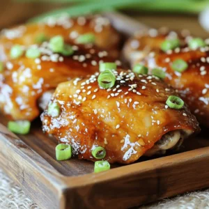 - 4 chicken thighs, skin-on and bone-in - 1/4 cup soy sauce - 1/4 cup honey For this dish, we start with juicy chicken thighs. The skin adds flavor and keeps the meat moist. Next, we need soy sauce, which gives a nice salty taste. Honey brings sweetness, balancing the saltiness of the soy sauce. - 2 tablespoons rice vinegar - 2 cloves garlic, finely minced - 1 teaspoon fresh ginger, freshly grated To amp up the taste, we add rice vinegar. It gives a tangy kick. Garlic adds depth, making the dish aromatic. Fresh ginger brings warmth and a bit of spice to the mix. - 1 tablespoon sesame oil - 1 tablespoon cornstarch (optional, for desired thickness) - Salt and pepper, to taste We use sesame oil for its nutty flavor. It adds richness and depth. If you want a thicker glaze, cornstarch works well. Finally, salt and pepper enhance the overall taste, making sure every bite is flavorful. To start, gather your ingredients. In a medium bowl, mix together: - 1/4 cup soy sauce - 1/4 cup honey - 2 tablespoons rice vinegar - 2 cloves garlic, finely minced - 1 teaspoon fresh ginger, freshly grated - 1 tablespoon sesame oil Whisk these ingredients until they blend well. This mixture brings together sweet and savory flavors that will coat your chicken. Next, take your chicken thighs. Place them in a large resealable bag or a shallow dish. Pour the honey-soy mixture over the chicken. Make sure each piece is well coated. Seal the bag or cover the dish with plastic wrap. Let the chicken marinate in the fridge for at least 30 minutes. If you have time, two hours will give even better flavor. Now it's time to cook! Preheat your oven to 400°F (200°C). After marinating, take the chicken out of the marinade but keep the marinade for later. Pat the chicken dry with paper towels. Season both sides with salt and pepper to taste. Heat a splash of oil in a large oven-safe skillet over medium-high heat. When the oil shimmers, place the chicken thighs skin-side down in the skillet. Sear them for about 5 to 7 minutes until the skin is golden brown. Flip the chicken over. Pour the reserved marinade over the thighs. If you want a thicker glaze, mix 1 tablespoon of cornstarch with a little water. Stir this into the marinade before pouring it on the chicken. Transfer the skillet to the preheated oven. Bake for 25 to 30 minutes. The chicken should reach an internal temperature of 165°F (75°C). After baking, let the chicken rest for 5 minutes. This helps keep the juices inside. Serve the chicken on a plate, drizzled with the thickened glaze. Garnish with sliced green onions and sesame seeds for a tasty finish. Marinate your chicken thighs to boost flavor. I recommend at least 30 minutes. For the best taste, aim for 2 hours in the fridge. The longer the chicken sits in the marinade, the more flavor it absorbs. This mix of soy sauce and honey really makes a difference. It gives your chicken a sweet and savory kick. To get a thick glaze, consider using cornstarch. Mix it with water until smooth before adding it to the marinade. This step makes the sauce stick better to the chicken. It adds a nice sheen, making your dish look beautiful. The glaze also enhances the flavor, making each bite more enjoyable. Crispy skin is key for great chicken thighs. Start by heating oil in a skillet over medium-high heat. Make sure the oil is hot before adding the chicken, skin-side down. Sear for 5-7 minutes until the skin is golden brown. Don't rush this step. A good sear locks in the juices and gives you that perfect crunch. {{image_4}} You can change the flavor of honey soy glazed chicken thighs by using different types of honey. For a milder taste, use clover honey. If you want a bolder flavor, try buckwheat honey. The same goes for soy sauce. You can choose light soy sauce for less salt or dark soy sauce for a richer taste. Experimenting with these options helps you find your perfect balance of sweetness and saltiness. If you want a change from chicken, you can use tofu or pork. For tofu, choose firm or extra-firm tofu. Press it to remove water for better texture. Cut it into cubes and marinate just like chicken. For pork, use pork chops or tenderloin. The marinade works well with these meats too. Both options bring new flavors to this dish. You can make honey soy glazed chicken thighs fit your diet. For low-sodium needs, use low-sodium soy sauce. It cuts down on salt but keeps flavor. If you need gluten-free options, use tamari instead of soy sauce. This swap makes the dish safe for gluten-free diets. These changes let everyone enjoy this tasty meal without worry. After cooking, let your honey soy glazed chicken thighs cool. Place them in an airtight container. Store in the fridge for up to four days. If you have leftover marinade, you can keep it too. Just make sure to refrigerate it in a separate container. This will help keep the flavors fresh. To freeze cooked chicken, let it cool completely. Wrap each thigh tightly in plastic wrap. Then, place them in a freezer-safe bag. This method helps prevent freezer burn. You can keep them frozen for up to three months. To reheat, thaw in the fridge overnight. Then, warm them in the oven or microwave until heated through. Got extra chicken? Here are some fun ways to use it: - Tacos: Shred the chicken and add it to soft tortillas with fresh veggies. - Salads: Slice the chicken and toss it on a bed of greens with your favorite dressing. - Stir-fries: Cube the chicken and stir-fry it with seasonal vegetables and soy sauce. Each of these ideas adds a twist to your meals, making leftovers exciting! For the best flavor, marinate the chicken for at least 30 minutes. If you have time, aim for 2 hours. This longer time helps the sauce soak into the meat, making it juicy and tasty. Yes, you can use boneless chicken thighs. If you do, reduce the cooking time by about 10 minutes. Boneless thighs cook faster, so check for doneness at 20 minutes. They should reach 165°F (75°C). I recommend serving this dish with rice or roasted veggies. Steamed broccoli or green beans adds color and nutrition. You can also pair it with a fresh salad. This adds crunch and makes your meal feel complete. This blog post walked you through making honey soy glazed chicken thighs. We covered ingredients like chicken thighs, soy sauce, and honey. You learned how to prepare the marinade, marinate the chicken, and cook it perfectly. I shared tips on flavor, achieving a great glaze, and variations for different diets. Lastly, we discussed storage and creative ideas for leftovers. With these steps, you’re ready to impress anyone at your table. Enjoy your delicious meal!