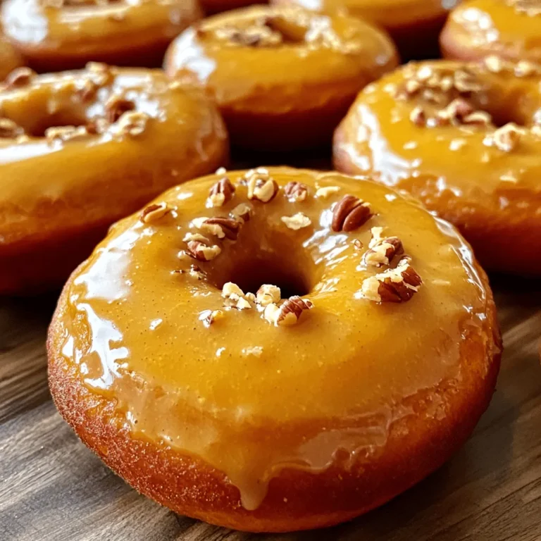 - 1 cup pumpkin puree - 1/2 cup granulated sugar - 1/4 cup packed brown sugar - 1/2 cup buttermilk - 1/4 cup unsalted butter, melted - 2 large eggs - 1 teaspoon vanilla extract - 2 cups all-purpose flour - 1 teaspoon baking powder - 1 teaspoon baking soda - 1/2 teaspoon ground cinnamon - 1/4 teaspoon ground nutmeg - 1/4 teaspoon ground ginger - 1/2 teaspoon salt - 1 cup powdered sugar (for glaze) - 2 tablespoons pure maple syrup (for glaze) - 2-3 tablespoons milk (for glaze) Using fresh ingredients makes a big difference in taste. I love using pumpkin puree for its rich flavor. You can use canned or homemade puree. If you want a hint of sweetness, the mix of granulated and brown sugar works well. For a creamy texture, buttermilk is key. If you need a substitute, add vinegar to milk. For the glaze, powdered sugar and maple syrup create a sweet finish. You can adjust the milk to get the right glaze thickness. - For a dairy-free version, use almond milk in place of buttermilk. - You can swap all-purpose flour for gluten-free flour blends. - For sugar substitutes, try stevia or monk fruit sweetener in equal amounts. These swaps keep the flavor while meeting your dietary needs. Just make sure to adjust your baking time if you change any ingredients. - Preheat your oven to 350°F. Grease the donut pan with non-stick spray. - In a large bowl, mix together the pumpkin puree, granulated sugar, brown sugar, buttermilk, melted butter, eggs, and vanilla extract. Whisk until smooth. - Sift the flour, baking powder, baking soda, cinnamon, nutmeg, ginger, and salt into another bowl. - Gradually add the dry mix to the wet mix. Stir gently. Do not overmix; this keeps the donuts fluffy. - Fill each donut cavity two-thirds full with batter. - Bake for 12-15 minutes. Check doneness by gently touching the tops. They should spring back. A toothpick should come out clean from the center. - Allow the donuts to cool for 5 minutes in the pan. Then move them to a wire rack. - For glazing, mix powdered sugar, maple syrup, and milk in a bowl. Whisk until smooth. - Once cool, dip the tops of each donut into the glaze. Let the excess drip back into the bowl. - Set the glazed donuts on the wire rack. If you like, sprinkle chopped nuts on top before the glaze sets. To make fluffy donuts, use room temperature ingredients. This helps them mix well. When adding dry to wet ingredients, mix gently. Overmixing makes donuts tough. If you have leftover batter, store it in the fridge. Use it within a day for the best results. For a perfect glaze, start with the basic mix: powdered sugar, maple syrup, and milk. If the glaze is too thick, add more milk slowly. If it's too thin, add more powdered sugar. You can also add flavorings like vanilla or a pinch of cinnamon for a twist. Get creative with toppings! Chopped nuts, colorful sprinkles, or a dusting of cinnamon sugar work well. For a seasonal touch, consider adding mini pumpkins or autumn leaves. This adds charm and makes the donuts even more fun to eat! {{image_4}} You can add chocolate chips or cranberries to your pumpkin donuts. These add-ins bring a fun twist. Chocolate chips add sweetness, while cranberries give a tart bite. I love using dark chocolate for a richer taste. You can also spice it up by infusing more flavors like cloves or allspice. These spices enhance the pumpkin flavor, making your donuts even more special! If you want to switch things up, try alternatives to maple glaze. You can use vanilla or chocolate glaze for a new flavor. Flavored syrups, like caramel or hazelnut, can also be fun. Just mix powdered sugar with your syrup of choice and a bit of milk for a smooth finish. You can create a whole new experience with just a simple change! Baking donuts is easy and less messy. It gives you a lighter texture and is healthier too. On the flip side, frying yields a crispy, golden exterior. If you fry, use a deep pot and keep the oil around 350°F. This ensures even cooking. Remember to not overcrowd the pot; this helps the donuts cook evenly. Whether you bake or fry, both methods will give you delicious results! To keep your maple glazed pumpkin donuts fresh, store them at room temperature. Place them in an airtight container. If you live in a warm area, the fridge works too. Just remember to seal them well to avoid drying out. If you want to save some for later, freezing is a good option. Allow the donuts to cool completely. Wrap each donut in plastic wrap. Then, place them in a freezer bag or container. This keeps them fresh for up to three months. When you're ready to enjoy a donut, you need to reheat it right. The microwave is quick, but it can make the donut tough. Instead, use an oven. Preheat it to 350°F (175°C). Heat the donuts for about 5-7 minutes. This will keep them soft and warm. If you've frozen the donuts, let them thaw in the fridge overnight. After that, follow the same reheating steps. If the glaze looks dull, you can refresh it. Just whisk together some powdered sugar, maple syrup, and a bit of milk. Dip the tops again for a shiny finish. How long do these donuts last? When stored properly at room temperature, they stay fresh for about 3-5 days. If refrigerated, they can last up to a week. Watch for signs that the donuts are bad. If they smell off or have a strange texture, it's best to toss them. Fresh is always best for these tasty treats! Making a homemade maple glaze is easy and quick. Here’s how to do it: - In a bowl, mix 1 cup powdered sugar with 2 tablespoons pure maple syrup. - Add 2-3 tablespoons milk to reach a smooth consistency. - Whisk until you see no lumps. - If it’s too thick, add more milk a little at a time. This glaze adds a sweet and rich flavor to the donuts. You can dip the tops into the glaze or drizzle it on for a lovely finish. Yes, you can use fresh pumpkin. Here’s how they compare: - Flavor: Fresh pumpkin has a bright taste. Canned pumpkin is often richer and sweeter. - Texture: Fresh pumpkin can be a bit chunkier if not pureed well. Canned pumpkin is smooth and easy to mix. Using fresh pumpkin can make your donuts feel special, especially if you roast it first for deeper flavor. These donuts have about 180 calories per donut. Here’s a quick breakdown: - Total Fat: 6g - Saturated Fat: 3g - Carbohydrates: 28g - Sugar: 10g - Protein: 2g For lighter options, you can reduce the sugar or use whole wheat flour. You can also swap in applesauce for some of the butter to cut calories. This blog post covered how to make tasty pumpkin donuts. We explored the ingredients needed, offered helpful tips, and shared easy steps to create your own. Remember, you can make these donuts your own with flavor twists and decorations. Storing and reheating them properly will keep them fresh. Enjoy the process and savor each bite! Making these donuts can be simple and fun, giving you a treat to enjoy anytime.