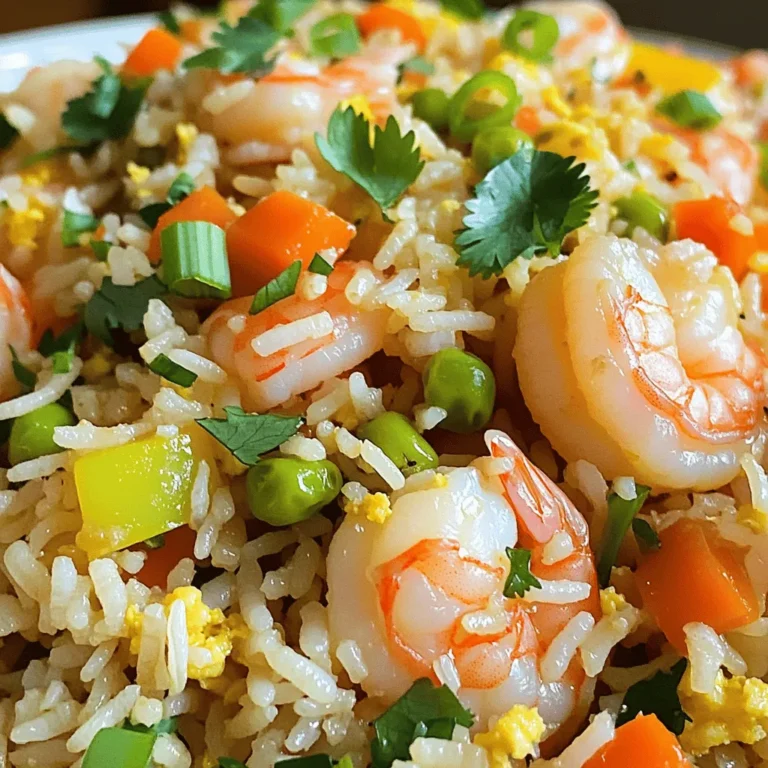 - 1 cup jasmine rice, uncooked - 2 cups water - 1 pound shrimp, peeled and deveined - 2 tablespoons vegetable oil - 4 cloves garlic, minced - 1 tablespoon fresh ginger, grated - 1 small onion, finely chopped - 1 carrot, diced - 1 bell pepper (any color), diced - 2 large eggs, beaten - 4 green onions, chopped - 3 tablespoons soy sauce - 1 tablespoon sesame oil - Salt and black pepper to taste - Fresh cilantro, for garnish (optional) Gather these ingredients before you start. Each one plays a key role in the flavor of this dish. The jasmine rice gives a nice, fragrant base. Fresh garlic and ginger add wonderful zest. The shrimp brings protein and a bit of sweetness. Don't skip the vegetables! The onion, carrot, and bell pepper add color and crunch. Also, the green onions and cilantro make great toppings. Make sure your shrimp is peeled and deveined. This saves time and adds to the taste. Use fresh ingredients for the best flavor. You will love how they all come together in this dish! - Rinse the jasmine rice under cold water. - Combine the rinsed rice with 2 cups of water in a pot. - Bring to a boil, then reduce the heat to low. Cover and let it simmer for 15-20 minutes. - Fluff the rice with a fork and spread it on a plate to cool. - Heat 2 tablespoons of vegetable oil in a large skillet. - Add 4 cloves of minced garlic and 1 tablespoon of grated ginger. - Sauté for about 30 seconds until fragrant but not burnt. - Add 1 pound of peeled and deveined shrimp to the skillet. - Stir-fry the shrimp for 2-3 minutes until they turn pink. - Once cooked, remove the shrimp and set them aside in a bowl. - In the same skillet, add 1 small chopped onion, 1 diced carrot, and 1 diced bell pepper. - Stir-fry the veggies for 4-5 minutes. They should soften while staying crunchy. - Push the vegetables to one side of the skillet. - Pour in 2 beaten eggs in the cleared area. - Scramble the eggs until fully set, then mix them with the veggies. - Add the cooled jasmine rice back to the skillet with the shrimp. - Pour in 3 tablespoons of soy sauce and 1 tablespoon of sesame oil. - Stir-fry everything for 3-4 minutes until well combined and heated through. - Taste the fried rice and adjust with salt and black pepper as needed. - Remove from heat and sprinkle with chopped green onions and fresh cilantro if desired. - Optimal shrimp cooking time: Cook shrimp for about 2-3 minutes. Watch for color change. When they turn pink and opaque, they're done. Overcooking can make them tough, so keep an eye on them. - Use fresh ingredients for best flavor: Fresh garlic, ginger, and shrimp will make your dish shine. Look for vibrant veggies and fragrant herbs. They will enhance the taste and aroma of your fried rice. - Pair with soy sauce or chili sauce: Drizzle extra soy sauce on top for a salty kick. If you like heat, add chili sauce. Both options will elevate the dish. - Suggested side dishes: Serve with a simple green salad or steamed veggies. These sides balance the meal and add freshness. You could also try spring rolls for a fun twist. {{image_4}} You can swap shrimp for other proteins. Chicken is a great choice. Just cut it into small pieces and cook it until it’s done. Beef is also tasty. Use thin slices and stir-fry quickly to keep it tender. If you prefer plant-based options, try tofu. Use firm tofu, cut into cubes, and sauté until golden. Adding vegetables boosts flavor and nutrition. You can include peas for a pop of color. Broccoli adds crunch and vitamins. Spinach wilts down nicely and gives a fresh taste. You can also add corn for sweetness. Feel free to mix and match your favorites! If you like heat, spice it up! Add chopped fresh chili or a drizzle of sriracha. You can mix the chili into the soy sauce for even coverage. Start with a small amount, then taste and add more if needed. This will give your dish a nice kick! To store leftovers, let the fried rice cool down. Place it in an airtight container. Make sure to close it tightly. This will keep the flavors fresh. Store it in the fridge for up to three days. When ready to eat, check for any signs of spoilage. If it looks or smells off, throw it away. Freezing is a great option for longer storage. First, let the fried rice cool completely. Then, place it in freezer-safe bags. Remove as much air as you can before sealing. Label the bags with the date. You can freeze it for up to three months. When you want to eat it, just thaw it in the fridge overnight. To reheat, use a skillet for best results. Add a splash of water or oil to keep it moist. Heat it over medium heat, stirring often. This will help restore its texture. You can also use a microwave. Place it in a bowl, cover it, and heat in short bursts. Stir after each burst to ensure even heating. Garlic ginger shrimp fried rice can keep in the fridge for about three to four days. To store it, place the fried rice in an airtight container. Make sure it cools down before sealing. This helps keep it fresh and tasty. Reheat it in the microwave or on the stove before serving again. Yes, you can use frozen shrimp! Just make sure to thaw it first. You can do this by leaving it in the fridge overnight or placing it in cold water for about 30 minutes. After thawing, pat the shrimp dry before cooking. This helps to keep the texture nice. This dish pairs well with various items. You can serve it with steamed veggies, like broccoli or snap peas. A light salad also works great. If you want more flavor, try a side of soy sauce or chili sauce. These add a nice kick! The recipe is not gluten-free due to soy sauce. But you can easily adapt it. Use tamari or coconut aminos as a gluten-free option. Always check labels to ensure no hidden gluten is present in the sauces you choose. To make it vegetarian, simply skip the shrimp. You can add more veggies like mushrooms, peas, or zucchini instead. Tofu is another great protein option. Just sauté it until golden brown before adding to the rice. This way, you’ll still enjoy a hearty meal! Garlic ginger shrimp fried rice is a simple yet tasty dish. It combines shrimp, rice, and fresh vegetables. Here is a quick look at how to make it. 1. Prepare the Rice: Rinse the jasmine rice until the water is clear. Boil it with water. Cook on low heat until tender, then cool. 2. Sauté Aromatics: Heat vegetable oil in a skillet. Add minced garlic and grated ginger. Cook until fragrant. 3. Cook the Shrimp: Add the shrimp to the skillet. Stir-fry until pink, then set aside. 4. Sauté Vegetables: In the same skillet, add onion, carrot, and bell pepper. Stir-fry until slightly soft. 5. Scramble the Eggs: Push the veggies aside. Pour in beaten eggs and scramble until set. Mix with veggies. 6. Combine Ingredients: Add the cooled rice and shrimp back to the skillet. Pour in soy sauce and sesame oil. Stir-fry everything together. 7. Season and Garnish: Taste the dish and add salt and pepper as needed. Serve in bowls, garnished with green onions and optional cilantro. This recipe takes about 40 minutes from start to finish. It serves four people, making it great for a family meal. Enjoy this flavorful dish that brings warmth to your table! In this blog post, we explored the fun and tasty journey of making Garlic Ginger Shrimp Fried Rice. We discussed each step, from prepping the rice to adding fresh ingredients. You learned valuable tips for cooking and storage, plus various ways to customize the dish. Now, you're ready to create this delicious meal. Remember, fresh ingredients make a big difference. Enjoy your cooking!