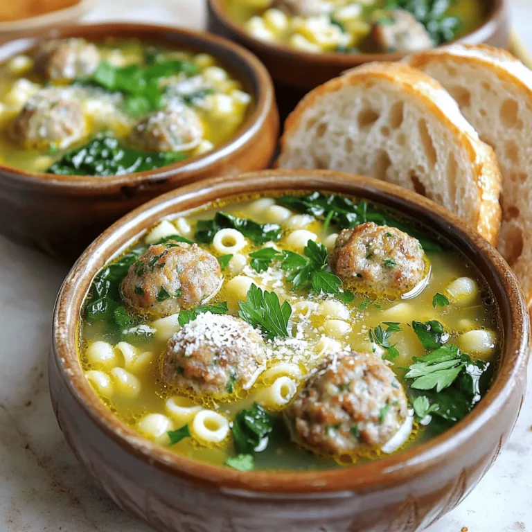 - Ground turkey or chicken - Chicken broth - Fresh spinach Italian Wedding Soup is known for its rich flavors. The main star is the ground turkey or chicken. This protein gives the soup a hearty base. Next, we have chicken broth. It adds depth and warmth. Fresh spinach brings a bright color and fresh taste. - Vegetables: carrots, onions, garlic - Herbs and spices: oregano, thyme, parsley - Pasta: acini di pepe or orzo Adding vegetables like carrots, onions, and garlic makes this soup special. They provide sweetness and texture. The herbs and spices, like oregano and thyme, deepen the flavor. Fresh parsley adds a pop of color and freshness. For the pasta, acini di pepe or orzo works best. These small shapes hold broth and flavor well. - Parmesan cheese - Egg for ribbon effect - Olive oil for sautéing Optional ingredients enhance the soup even more. Grated Parmesan cheese adds a rich, salty finish. An egg creates beautiful ribbons in the soup. A drizzle of olive oil for sautéing brings a lovely flavor to the base. These little touches make a big difference in taste and presentation. Start by heating a drizzle of olive oil in a large pot over medium heat. Olive oil gives the soup a rich flavor. Once the oil is hot, add the chopped onion and diced carrot. Toss in the minced garlic too. Sauté these for about 5 minutes. You want the vegetables soft and the onion translucent. This step builds a great base for your soup. In a mixing bowl, combine the ground turkey or chicken with grated Parmesan cheese. Add chopped parsley, dried oregano, and dried thyme. Don’t forget to season with salt and pepper. Mix this well until it’s combined. Now, form the mixture into small meatballs, about 1 inch wide. Keep them even for a nice cook. After your vegetables are soft, pour in the chicken broth. Bring it to a gentle boil. Carefully drop the meatballs into the simmering broth. Make sure to space them out. Cook the meatballs for about 10-15 minutes. They should be fully cooked and no longer pink in the middle. While the meatballs cook, prepare the pasta in another pot. Follow the package instructions. Once the pasta is done, drain it and set it aside. When the meatballs are ready, gently add the cooked pasta and chopped spinach to the soup. Stir lightly and let it simmer for another 5 minutes. The spinach should wilt and brighten. To finish, stir in the beaten egg slowly while gently stirring the soup. This creates delicate ribbons of egg. Taste your soup. Adjust the seasoning with more salt and pepper if you like. For rich flavor, use fresh herbs. I recommend oregano and thyme. These herbs add warmth. They make the soup taste like home. Choose ground turkey or chicken for a lighter meat. Both options pair well with the broth. The key is using fresh ingredients. Quality makes a big difference. To avoid tough meatballs, do not overmix the meat. Mix just until combined. Ground turkey or chicken works great, but you can try beef or pork too. If you want a twist, add breadcrumbs or cooked rice for extra texture. Adding cheese keeps meatballs moist and flavorful. Serve the soup in warm, deep bowls. Garnish with a sprinkle of Parmesan cheese. Add fresh parsley for color and taste. Pair the soup with crusty bread. This makes each bite hearty and satisfying. You can also serve a simple salad on the side. {{image_4}} You can swap the ground turkey or chicken for beef or pork. This change adds a richer flavor. If you want a vegetarian version, try using lentils or mushrooms. Both options can give a hearty feel without meat. You can also mix beans with veggies for a great texture. If you need a gluten-free option, use rice or quinoa instead of pasta. You can also try small gluten-free pasta shapes. Making homemade pasta is another fun way to customize this soup. Use simple flour and egg dough for fresh pasta that cooks quickly. Add a splash of lemon juice to brighten the soup. It gives a fresh taste that lifts warm flavors. You can also add other greens like kale or Swiss chard. These not only add color but also boost nutrition. Try different herbs for unique flavors, too. To keep your Italian Wedding Soup fresh, follow these steps: - Refrigeration: Let the soup cool to room temperature. Then, transfer it to an airtight container. Store it in the fridge for up to three days. - Freezing: For longer storage, freeze the soup. Use freezer-safe containers or bags. Leave some space for expansion. Italian Wedding Soup can last for up to three months in the freezer. When you're ready to enjoy leftovers, reheat with care: - Proper Reheat: Heat the soup over medium heat on the stove. Stir gently to avoid breaking the meatballs. - Adjusting Consistency: If the soup looks thick, add a splash of chicken broth or water. Stir well to mix. Knowing how long your soup lasts is key: - Fridge Lifespan: Italian Wedding Soup stays good for about three days in the fridge. - Signs of Spoilage: Check for off smells or changes in color. If it looks or smells strange, it's best to toss it. Italian Wedding Soup has roots in Italian-American culture. It does not relate to actual weddings. Instead, the name comes from the Italian phrase "minestra maritata," meaning "married soup." This refers to the mix of flavors from the meat and greens. The soup combines rich broth, meatballs, and fresh veggies. It reflects the Italian tradition of cooking with family and friends. Many families share this dish during holidays and special gatherings. Yes, you can make Italian Wedding Soup in a slow cooker. First, sauté the onion, carrot, and garlic in a pan. This step adds flavor to the soup. After that, add the sautéed veggies, broth, and meatballs to the slow cooker. Cook on low for 6-8 hours or high for 3-4 hours. Remember to cook the pasta separately. Add it just before serving. This keeps the pasta from getting too soft. Italian Wedding Soup is quite healthy. It offers lean protein from the turkey or chicken. The fresh spinach and veggies add vitamins and minerals. For a lighter version, use less cheese and leaner meat. You can also add more greens for fiber. This soup is a great way to enjoy a tasty meal that is good for you. In this article, we explored the key elements of making Italian Wedding Soup. We discussed main ingredients like ground turkey, chicken broth, and fresh spinach. You learned to prepare the soup base and make tender meatballs. We also shared tips for authenticity and variations to suit your taste. Remember, this soup is versatile and perfect for any occasion. Enjoy the warmth and flavor it brings to your table. Your cooking can truly shine with this classic recipe.