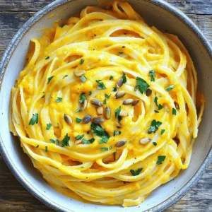 - Pasta choice and quantity You need 8 oz of fettuccine pasta or any pasta you like. - Pumpkin and dairy alternative details Use 1 cup of canned pumpkin puree. For creaminess, choose 1 cup of unsweetened almond milk or any plant-based milk you prefer. - Seasonings and garnishes Add 2 tablespoons of nutritional yeast for a cheesy taste, 2 tablespoons of extra virgin olive oil, and 3 cloves of finely minced garlic. You will also need 1 teaspoon of onion powder, 1 teaspoon of garlic powder, and 1/2 teaspoon of freshly grated nutmeg. Season with salt and freshly ground black pepper to taste. For garnish, chop fresh parsley and sprinkle toasted pumpkin seeds for added crunch. These ingredients come together to create a rich, creamy, and satisfying dish. Each one plays a key role in making the sauce smooth and flavorful. The pumpkin adds a lovely orange color and a hint of sweetness, while the nutritional yeast gives it that cheesy flavor without dairy. Start by boiling water in a large pot. Add a pinch of salt to flavor the pasta. Once the water boils, add 8 oz of fettuccine or any pasta you like. Cook the pasta until it is al dente, about 8 to 10 minutes. Stir the pasta occasionally to prevent it from sticking. When the pasta is ready, drain it in a colander. Remember to save about 1/2 cup of the pasta water. This water helps adjust the sauce later. Set the drained pasta aside while you make the sauce. Grab a medium saucepan and heat 2 tablespoons of extra virgin olive oil over medium heat. Once hot, add 3 cloves of finely minced garlic. Sauté the garlic for about 1 minute. Stir it often until it smells nice and turns a light golden color. Be careful not to burn it. Next, make the creamy pumpkin sauce. In a blender, mix together 1 cup of canned pumpkin puree, 1 cup of unsweetened almond milk, 2 tablespoons of nutritional yeast, 1 teaspoon of onion powder, 1 teaspoon of garlic powder, and 1/2 teaspoon of freshly grated nutmeg. Add a pinch of salt and black pepper too. Blend until the mix is smooth and creamy. Pour the pumpkin sauce into the saucepan with the sautéed garlic. Stir gently for about 5 minutes. If the sauce is too thick, slowly add some of that reserved pasta water until it’s just right. Now it's time to combine the pasta and sauce. Add the cooked fettuccine to the pan with the sauce. Toss the pasta gently in the pumpkin sauce. Make sure every piece is covered with the creamy goodness. Serve the pasta while it's hot. Garnish each plate with freshly chopped parsley and sprinkle some toasted pumpkin seeds on top for a nice crunch. Enjoy your creamy vegan pumpkin Alfredo pasta! To make the best vegan Alfredo, focus on the sauce. Use fresh garlic and quality olive oil. When you sauté garlic, keep an eye on it. Cook it just until it's golden to avoid a bitter taste. A common mistake is overcooking the pasta. Always cook it al dente. This helps the pasta hold its shape and adds a nice bite to the dish. Don’t forget to save some pasta water! It helps adjust the sauce’s thickness later. Spices can really boost your sauce. Try adding a pinch of smoked paprika for warmth. A dash of cayenne or red pepper flakes gives a bit of heat. Fresh herbs like thyme or sage can add depth. For added protein, consider adding chickpeas or tofu. You can sauté them with garlic for extra flavor. Another great option is to toss in some spinach or kale for nutrients and color. {{image_4}} You can change the pumpkin puree if you want. Sweet potato puree works great too. It has a similar texture and taste. You can also use butternut squash puree for a different flavor. For plant-based milk, almond milk is a good choice. However, you can try oat milk or soy milk instead. These milks add creaminess to the sauce. Each type will change the taste a bit, so choose what you like best. If you need a gluten-free option, use gluten-free pasta. Rice pasta or chickpea pasta both work well. They cook nicely and taste great with the sauce. You can also swap out the pasta for spiralized vegetables. Zucchini noodles or sweet potato noodles are fun choices. They add a fresh twist and keep the dish light. Plus, they cook quickly and soak up the sauce flavors. To keep your Vegan Pumpkin Alfredo Pasta fresh, start by letting it cool. Place it in an airtight container. Make sure to store it in the fridge. Use the pasta within three to five days for best taste. If you want to store it longer, consider freezing the sauce separately from the pasta. This helps maintain the texture. Use freezer-safe containers or bags to avoid freezer burn. When it’s time to enjoy your leftovers, reheat them gently. The best way is to use the stove. Add a splash of almond milk to the pan. This keeps the sauce creamy. Heat over low to medium heat, stirring often. If you prefer the microwave, use a microwave-safe dish. Cover it with a lid or a damp paper towel. Heat in short intervals, stirring in between. This avoids hot spots and keeps the sauce smooth. Yes, you can prepare this dish ahead of time. To do this, cook the pasta and sauce separately. Store them in airtight containers in the fridge. - Cooked pasta can last for about 3 to 5 days. - The sauce also keeps well for about 5 days. - When ready to eat, reheat the sauce gently on low heat. - Combine the pasta and sauce right before serving for best taste. Vegan Pumpkin Alfredo Pasta offers many health benefits. It is full of plant-based nutrients. Here’s a quick overview of its nutritional highlights: - Pumpkin: High in vitamins A and C, and fiber. - Almond milk: Low in calories and dairy-free. - Nutritional yeast: Packed with B vitamins and protein. - Olive oil: Contains healthy fats and antioxidants. This dish is a great choice if you seek a healthy, filling meal. Yes, you can freeze the Vegan Alfredo sauce. Here are some tips for freezing and thawing it effectively: - Pour the cooled sauce into freezer-safe containers. - Leave some space at the top for expansion. - Freeze for up to 3 months. When you're ready to use it: - Thaw the sauce overnight in the fridge. - Reheat it on the stove over low heat, adding a splash of almond milk if needed. - Stir well to regain the creamy texture before serving. You now have a complete guide to making Vegan Pumpkin Alfredo Pasta. We explored key ingredients, cooking steps, and valuable tips to enhance flavor. You learned about storage and answers to common questions. This recipe is simple, healthy, and versatile. Enjoy creating delicious meals that satisfy both your taste buds and dietary needs. With practice, you can make it just right every time. Dive in and let your creativity shine in the kitchen.
