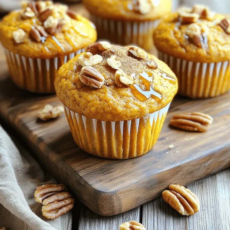 Here’s what you need for your Pumpkin Maple Pecan Muffins: - 1 ½ cups all-purpose flour - 1 cup pumpkin puree - ½ cup pure maple syrup - ½ cup packed brown sugar - ½ cup vegetable oil - 2 large eggs - 1 teaspoon pure vanilla extract - 1 teaspoon baking powder - ½ teaspoon baking soda - ½ teaspoon ground cinnamon - ¼ teaspoon ground nutmeg - ¼ teaspoon sea salt - ¾ cup chopped pecans (plus extra for topping) These ingredients blend well to create a moist and flavorful muffin. The pumpkin puree gives it a soft texture. The maple syrup brings sweetness, while the brown sugar adds depth. The pecans give a nice crunch. You can enjoy these muffins fresh from the oven or store them for later. Each bite offers warmth and comfort, perfect for any fall day or cozy morning. First, preheat your oven to 350°F (175°C). This temperature helps the muffins bake evenly. Next, grab your muffin tin. You can line the cups with muffin liners or grease them lightly with cooking spray or oil. In a large bowl, mix the pumpkin puree, maple syrup, brown sugar, vegetable oil, eggs, and vanilla extract. Use a whisk to combine these ingredients well. Whisk until the mixture turns smooth and uniform. This step adds moisture and flavor to your muffins. In another bowl, sift together the all-purpose flour, baking powder, baking soda, ground cinnamon, ground nutmeg, and sea salt. Sifting helps mix the dry ingredients evenly. This way, every muffin tastes great. Then, gently add the dry mix into the wet ingredients. Use a spatula or a wooden spoon to fold the mixture carefully. Stop as soon as the flour disappears. Overmixing can make your muffins dense. Next, fold in the chopped pecans. Make sure they spread throughout the batter. Save a handful of pecans for topping each muffin. This will add a nice crunch and look to your muffins. Now, it’s time to fill the muffin cups. Use a large spoon or ice cream scoop to divide the batter evenly. Fill each cup about ¾ full. This gives the muffins room to rise. Place the muffin tin in the oven and bake for about 20-25 minutes. Check for doneness by inserting a toothpick into the center of a muffin. It should come out clean or with a few moist crumbs. Once the muffins are baked, take them out of the oven. Let them cool in the tin for about 5 minutes. After that, transfer the muffins to a wire rack to cool completely. For a lovely presentation, serve the muffins warm. Drizzle some extra maple syrup on top and dust with cinnamon. You can also arrange them on a wooden board, adding whole pecans for a rustic touch. To make your muffins light and fluffy, avoid overmixing. When you mix the batter, do it gently. Overmixing can make the muffins tough, not soft. Mix just until you see no more flour. This keeps air in the batter. Using room temperature ingredients helps too. When eggs and other ingredients are warm, they blend better. This helps the muffins rise nicely. Take your eggs out of the fridge before you start, so they warm up a bit. You can change the spices to fit your taste. Add more cinnamon or a pinch of ginger for a zesty kick. If you like nutmeg, feel free to boost that flavor too. You can also swap pecans for walnuts or almonds. If you want to make them sweeter, add dark chocolate chips. They taste great with pumpkin and maple. For a yummy touch, drizzle warm maple syrup over each muffin. It adds sweetness and a nice shine. You can also dust them with cinnamon or powdered sugar. This gives a pretty look and extra flavor. Try both ways for fun! {{image_4}} You can make these muffins gluten-free easily. Use gluten-free flour blends instead of all-purpose flour. Look for blends that contain xanthan gum to help with texture. These blends work well and keep muffins light and fluffy. You can also make these muffins vegan. Replace eggs with flaxseed meal mixed with water. Use 1 tablespoon of flaxseed meal with 2.5 tablespoons of water for each egg. For dairy, swap vegetable oil with coconut oil or applesauce. Maple syrup keeps the sweetness without dairy. Want to spice things up? Add cranberries or chocolate chips to your batter. Dried cranberries add a nice tartness. Chocolate chips bring a rich flavor that pairs well with pumpkin. Adjust the amount based on your taste. This gives a festive feel for any season! To keep your pumpkin maple pecan muffins fresh, store them in an airtight container. This helps prevent them from drying out. If you want to enjoy them later, place a piece of parchment paper between layers. This stops them from sticking together. Store the container at room temperature for the best results. Freezing muffins is a great way to save them for later. Start by letting the muffins cool completely. Wrap each muffin tightly in plastic wrap. Then, place the wrapped muffins in a freezer bag or an airtight container. Label the bag with the date. To reheat, take a muffin out and let it sit at room temperature for a few minutes. You can also warm it in the microwave for about 15-20 seconds. These muffins stay fresh for about 3 to 5 days at room temperature when stored properly. If you freeze them, they can last for up to 3 months. Just remember to check for freezer burn if they stay too long. Yes, you can use fresh pumpkin. Fresh pumpkin adds a bold taste. To use fresh pumpkin, cut it, remove seeds, and peel. Then, chop it into cubes and steam or roast until soft. Once cooked, blend it to make a smooth puree. This method keeps flavors bright and fresh. To check if the muffins are done, use a toothpick. Insert the toothpick into the center of a muffin. If it comes out clean or with a few moist crumbs, the muffins are ready. This quick test helps avoid overbaking, which can dry them out. If you have nut allergies or prefer a different nut, try walnuts or sunflower seeds. Both add crunch and flavor. You can also omit nuts entirely for a soft muffin. If you want a sweet twist, try adding chocolate chips instead. You can prepare these muffins in advance. Bake them, then let them cool completely. Store them in an airtight container at room temperature for up to three days. For longer storage, freeze them in a freezer bag for up to three months. Just thaw them before serving. You now have all the steps to make delicious pumpkin muffins. Remember the key ingredients and proper mixing techniques for best results. Variations can add fun flavors, so get creative! Store your muffins well to keep them fresh. With these tips, you can enjoy your tasty treats anytime. Happy baking!
