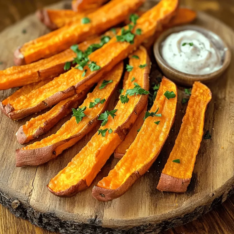 To make Air Fryer Sweet Potato Fries, gather these simple ingredients: - 2 medium sweet potatoes - 2 tablespoons extra virgin olive oil - 1 teaspoon garlic powder - 1 teaspoon smoked paprika - 1/2 teaspoon cayenne pepper (optional for an extra kick) - Sea salt and freshly ground black pepper to taste - Fresh parsley, finely chopped (for garnish) Using fresh sweet potatoes gives the best flavor. They should be firm and smooth. The olive oil adds healthy fats and helps crisp the fries. The spices bring warmth and depth to each bite. You can adjust the spices based on your taste. Want more heat? Add more cayenne. Prefer milder flavors? Skip it. Use other seasonings like cumin or chili powder for a twist. Fresh parsley not only enhances the look but also adds a fresh taste. Do not skip it! These ingredients work together to create a tasty snack that's both crispy and satisfying. First, you need to preheat your air fryer to 400°F (200°C). This usually takes about 5 minutes. Preheating is key. It makes your fries crispy and golden. Next, take 2 medium sweet potatoes. Peel them and slice them into thin fries. Aim for uniform thickness. This helps them cook evenly. Now, place your sliced sweet potatoes in a large bowl. Drizzle 2 tablespoons of extra virgin olive oil over them. Toss the fries gently. Make sure each fry is coated well. In a small bowl, mix together: - 1 teaspoon garlic powder - 1 teaspoon smoked paprika - 1/2 teaspoon cayenne pepper (optional) - Sea salt and freshly ground black pepper to taste Sprinkle this spice mix over your sweet potatoes. Toss again to ensure they are evenly coated. Once your air fryer is ready, arrange the fries in the basket. Make sure they are in a single layer. Don’t crowd them! This step is important for crispiness. Cook the fries for 15-18 minutes. Remember to shake the basket halfway through. This helps them cook evenly. You want them to be golden brown and crispy. When done, carefully remove the fries and place them on a serving platter. Enjoy with your favorite dipping sauce! To get your sweet potato fries crispy, preheat your air fryer. Set it to 400°F (200°C) for about 5 minutes. This step warms up the air and helps cook the fries evenly. If you skip this, the fries may turn out soft. Another key tip is to avoid overcrowding the basket. If the fries touch, they won’t crisp up well. Cook them in batches if needed. This way, each fry gets enough hot air for that golden crunch. For extra flavor, try mixing different seasonings. Besides garlic powder and smoked paprika, you could add: - Cumin for a warm spice. - Onion powder for depth. - Dried herbs like thyme or oregano for freshness. You can also experiment with garnishes. Fresh herbs like parsley add color and taste. A sprinkle of chili flakes can give a spicy kick too. Sweet potato fries taste great on their own, but a good dip can elevate them. Here are some tasty options: - Garlic aioli for a creamy touch. - Zesty chipotle mayo for a smoky flavor. - Classic ketchup for a familiar taste. You can serve these dips in small bowls beside the fries. It makes for a fun and tasty snack! {{image_4}} You can change the taste of your sweet potato fries by using different spice mixes. For a zesty twist, try adding chili powder and cumin. If you love herbs, mix in dried oregano and thyme. You can even go sweet with cinnamon and a touch of brown sugar. Each blend gives a fresh flavor and makes your fries fun to eat! If you want a lighter snack, use less olive oil. Just a tablespoon can still give you great taste. You can also air fry other vegetables, like carrots or zucchini, for a colorful platter. These veggies cook well and become crispy, just like sweet potatoes. This way, you can enjoy a healthy snack that's full of nutrients. The shape of your fries can change their texture and look. Thin fries cook quicker and get crispier. Wedge cuts take longer but can be fluffy on the inside. You can even cut them into curly shapes using a spiralizer for a fun twist. Each style brings a new experience to your plate and makes eating them exciting! To store your sweet potato fries, let them cool down first. Then, put them in an airtight container. This keeps them fresh. You can refrigerate them for up to three days. If you want to keep them longer, freeze the fries. Place them in a freezer-safe bag or container. Make sure to remove as much air as possible. This helps prevent freezer burn. To reheat your fries, use the air fryer again. Set it to 400°F (200°C). Cook for about 5-7 minutes. This method keeps them crispy. Avoid using the microwave, as it can make them soggy. If you use the oven, set it to 400°F (200°C) and bake for about 10 minutes. Both methods work well for keeping that crunch! In the fridge, your sweet potato fries last about three days. If you freeze them, they can last up to three months. However, for the best taste and texture, try to eat them sooner. The longer they stay frozen, the more they lose their quality. Enjoying them fresh is the best way! Yes, you can use frozen sweet potato fries. They are convenient and save time. However, you should not skip preheating your air fryer. Set the temperature to 400°F (200°C) and cook for about 10-15 minutes. Shake the basket halfway through for even cooking. Frozen fries may have a different texture than fresh fries, but they can still be delicious. To avoid soggy fries, follow a few simple tips: - Cut fries thin: Thinner fries cook faster and get crispier. - Preheat the air fryer: This step helps fries start cooking right away. - Avoid overcrowding: Arrange fries in a single layer. Cook in batches if needed. - Use enough oil: A light coat of oil helps them crisp up. The best temperature for sweet potato fries is 400°F (200°C). This heat level cooks the fries quickly while browning them nicely. Keep an eye on them as they cook. You want them golden brown and crispy, not burnt. You learned how to make tasty sweet potato fries in an air fryer. We covered key ingredients, easy steps, and helpful tips for the best taste and texture. Remember to preheat your air fryer and try different seasonings for fun flavors. Proper storage ensures your leftovers stay fresh. With this guide, you can enjoy crispy, delicious fries anytime. Now, go make these fries and enjoy them with your favorite dips!