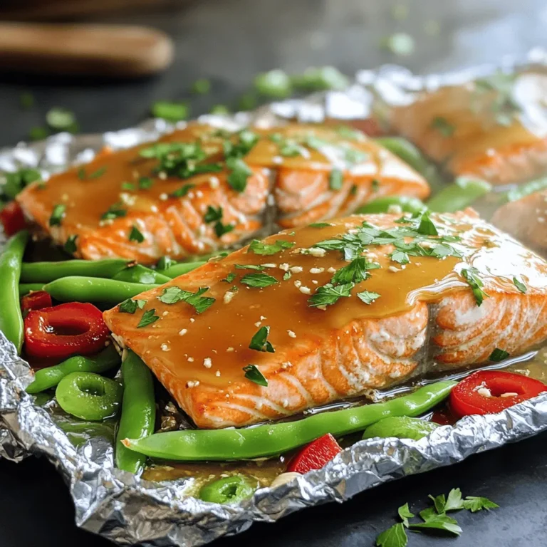 - 4 salmon fillets - 1/4 cup honey - 4 cloves garlic, minced - 2 tablespoons soy sauce - 2 tablespoons olive oil - 1 cup snow peas, trimmed - 1 red bell pepper, sliced into thin strips - 1 teaspoon fresh ginger, grated - 1 tablespoon fresh lemon juice - Salt and pepper to taste - Fresh parsley, chopped (for garnish) The main ingredients for honey garlic salmon foil packs are simple yet flavorful. Salmon fillets are the star of the dish. They cook perfectly in foil, keeping all the moisture inside. The honey adds a sweet touch. Garlic gives a nice kick, while soy sauce adds depth. Olive oil helps blend all the flavors. For the vegetables, snow peas and red bell pepper add color and crunch. Fresh ginger brings warmth, and lemon juice adds brightness. Salt and pepper enhance all these tastes. Finally, fresh parsley makes for a pretty garnish and freshens up the dish. When you gather these ingredients, you set the stage for a quick and delicious meal. This recipe is all about balance. The sweet, savory, and fresh notes work together. It's simple but packed with flavor. You can enjoy it on a busy weeknight or serve it at a dinner party. - Preheat oven to 400°F (200°C). - In a bowl, mix honey, garlic, soy sauce, olive oil, ginger, and lemon juice. Whisk until smooth. This sauce is key for flavor. It balances sweet and savory, enhancing the salmon's richness. - Cut four pieces of aluminum foil, about 12 inches long. - Place one salmon fillet in the center of each foil piece. Skin side should be down to cook evenly. - Season each salmon fillet with salt and pepper. This simple step boosts the taste. - Drizzle the honey garlic sauce over each fillet. Make sure to cover it well for best flavor. - Distribute snow peas and red bell pepper strips around the salmon. This adds color and nutrients. - Carefully fold the foil sides up and over the salmon and veggies. Seal them tightly to keep in moisture. - Place the foil packs on a baking sheet for stability. Bake in the oven for 20-25 minutes. The salmon is done when it flakes easily with a fork. - Open the foil packs carefully, watching for hot steam. Transfer the salmon and veggies to plates. - Top with chopped parsley for a fresh finish. This also makes the dish look great! To make your honey garlic salmon shine, season well. Use salt and pepper on the salmon. This adds depth. You can also add herbs like thyme or dill. They work great with salmon. For a twist, add some chili flakes for heat. Cooking salmon in foil locks in moisture. This keeps it tender and juicy. Make sure the skin side is down. This helps with even cooking. I always drizzle the honey garlic sauce generously. It seeps into the fish and veggies. Cook your salmon for 20 to 25 minutes at 400°F (200°C). This timing gives you perfectly flaky salmon. If the salmon flakes with a fork, it's done. Look for a bright pink color. If it turns opaque, it’s ready. Make sure to check the thickest part of the fillet. This ensures it is fully cooked. Don’t forget to let the steam escape carefully when you open the foil! {{image_4}} You can switch up the vegetables in your foil packs easily. Instead of snow peas and red bell pepper, try these options: - Broccoli florets - Asparagus spears - Zucchini slices - Carrot sticks For seasonal vegetables, consider using: - Fresh green beans in spring - Butternut squash in autumn - Bell peppers of different colors in summer Adding spices or herbs can really change the taste. Here are some ideas: - A pinch of chili flakes for heat - Fresh thyme or rosemary for earthiness - A dash of smoked paprika for depth You can also swap out the sauce for new flavors. Try these options: - Teriyaki sauce for a sweet twist - Lemon-dill sauce for a fresh taste - Sriracha mixed with honey for a spicy kick To store cooked salmon foil packs, let them cool first. Wrap each pack tightly in plastic wrap or foil. You can also place the salmon and veggies in an airtight container. Store them in the fridge for up to three days. This keeps the flavors fresh and ready for another meal. To reheat without drying out the salmon, use the oven or a microwave. If using the oven, preheat it to 350°F (175°C). Place the foil pack on a baking sheet. Heat for about 10-15 minutes. For the microwave, set it to medium power. Heat in short bursts of one minute. Check often to avoid overcooking. Adding a splash of water can help keep the salmon moist. Enjoy your leftovers! You should cook salmon in foil for about 20 to 25 minutes. This time works well at 400°F (200°C). The salmon should flake easily with a fork when done. Always check for doneness to ensure a perfect meal. Yes, you can use frozen salmon. Just add a few extra minutes to the cooking time. Make sure the salmon is fully cooked and safe to eat. Thawing the salmon first can help it cook evenly. You can serve honey garlic salmon with many delicious sides. Here are some great options: - Steamed rice or quinoa - Roasted potatoes or sweet potatoes - A fresh green salad - Grilled asparagus or broccoli - Garlic bread or dinner rolls These sides pair well with the sweet and savory flavors of the salmon. Enjoy your meal! This blog post covered how to make honey garlic salmon foil packs. We explored main ingredients, including salmon, honey, and garlic. I shared a step-by-step guide for preparing and cooking. Don’t forget the tips for enhancing flavor and timing. You can also try different vegetable options or sauces. Finally, I highlighted storage and reheating tips. This dish is easy and tasty. Try it for a quick meal that impresses!