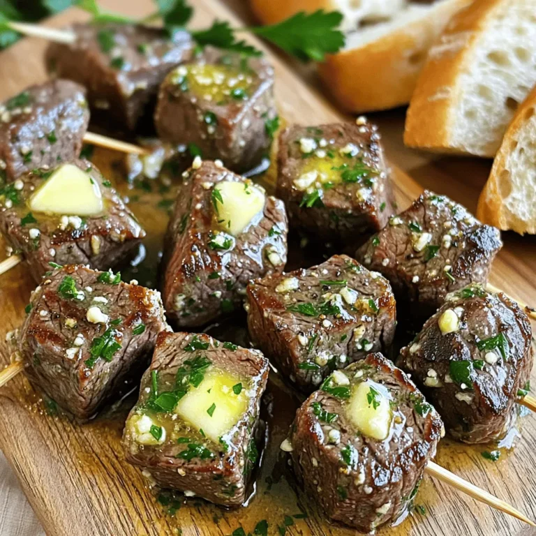 - 1 lb sirloin steak, cut into 1-inch cubes - 4 tablespoons unsalted butter - 4 cloves garlic, finely minced - 2 teaspoons fresh rosemary, finely chopped - 2 teaspoons fresh thyme, finely chopped - Fresh parsley, chopped, for garnish - 1 teaspoon olive oil - Sea salt - Black pepper The heart of Garlic Herb Butter Steak Bites lies in its simple yet rich ingredients. The sirloin steak is the star, and its quality matters. I recommend using fresh cuts for the best flavor. When you cook it right, it becomes tender and juicy. Unsalted butter gives that creamy texture and flavor. I love how it melts into the steak, creating a rich sauce. Garlic is a must in this dish. Its sharpness balances the butter's richness. Fresh herbs add brightness. Rosemary and thyme bring earthy notes, while parsley adds a fresh finish. These herbs work together to elevate the steak bites. I use olive oil to help sear the steak. It has a high smoke point and enhances flavor. Sea salt and black pepper round out the seasoning. They help enhance the natural taste of the meat. Gather these key ingredients, and you're on your way to a delightful meal. Each component plays a role in this dish, making it easy and flavorful. First, get your sirloin steak cubes. Pat them dry with paper towels. This step helps the steak cook well. Then, season the steak on all sides. Use sea salt and freshly cracked black pepper. This adds great flavor to the meat. Now, let's heat the pan. Place a large skillet over medium-high heat. Add olive oil and let it heat until it shimmers. It should be hot enough to sizzle but not smoking. Next, carefully add the seasoned steak bites in a single layer. Do not crowd the pan. Sear one side for 2-3 minutes. Look for a rich brown crust. Then, flip the steak bites and sear the other side for another 2-3 minutes. Cook until they reach your desired doneness. If you like medium-rare, that’s perfect. Once your steak is cooked, reduce the heat to medium. Add unsalted butter, minced garlic, chopped rosemary, and thyme to the skillet. This will infuse the steak with amazing flavors. As the butter melts, use a spoon to baste the garlic herbs over the steak bites for about 2 minutes. This makes the meat even more savory. Continue cooking for one more minute until the garlic is fragrant and slightly golden. This releases the garlic's natural oils into the butter. Once fragrant, take the skillet off the heat to prevent burning. Now it’s time to serve. Transfer the juicy steak bites to a serving dish. Drizzle the garlic herb butter from the skillet over the top. Finish with a sprinkle of freshly chopped parsley. This adds a pop of color and freshness. For a nice touch, serve on a rustic wooden board or a sleek white platter. Enjoy! For great steak bites, I recommend sirloin. Sirloin offers a nice balance of flavor and tenderness. You can also try ribeye for more fat and flavor. Filet mignon is another option if you want something very tender. Whichever cut you choose, aim for fresh meat for the best taste. To get a perfect crust, start with a hot skillet. Heat your pan with olive oil until it shimmers. This helps brown the steak bites. Place them in the pan without crowding. If the pan is too full, they will steam instead of sear. Sear each side for 2-3 minutes. Flip only once to keep that crust intact. Want to boost flavor? Try adding some fresh oregano or basil along with the rosemary and thyme. You can also sprinkle in some smoked paprika for a smoky kick. For a spicy twist, add a pinch of red pepper flakes. Experiment with your favorite herbs to create a unique taste. {{image_4}} You can cook garlic herb butter steak bites in different ways. Grilling and pan-searing are both great methods. Grilling adds a smoky flavor. It also gives your steak nice grill marks. However, pan-searing allows you to control the heat better. You can achieve that perfect sear on your steak with less fuss. For grilling, use high heat and a clean grill. Sear each side for 2-3 minutes. For pan-searing, heat your skillet until hot. Add oil, then your steak. Sear one side and flip it over. Each method brings out unique flavors. Want to add more taste? You can easily enhance garlic herb butter steak bites. Cheese is a great option. Try crumbling feta or adding shredded Parmesan on top. The cheese melts and adds a creamy texture. You can also drizzle sauces. A balsamic glaze or chimichurri sauce pairs well. These additions give your meal an exciting twist. Just remember, balance the flavors. Don’t let one ingredient overpower the others. Are you watching your diet? You can still enjoy this dish. It can easily be made gluten-free or low-carb. Use gluten-free soy sauce instead of regular if you want extra flavor. For a low-carb version, skip any bread sides. Serve with a fresh salad or steamed veggies instead. These options keep your meal light and healthy. You can enjoy garlic herb butter steak bites without worry! To keep your garlic herb butter steak bites fresh, store them in an airtight container. Place the container in the refrigerator. Make sure to let the steak bites cool before sealing them up. This helps prevent moisture build-up, which can make the steak soggy. They will stay good for up to three days. When you reheat steak bites, aim to keep them tender. Place the bites in a skillet over medium heat. Add a splash of water or broth to keep them moist. Cover the skillet with a lid to trap steam. Heat for about 5 minutes or until warmed through. This method helps maintain that juicy texture. If you want to save steak bites for later, freezing is a great option. First, let the steak bites cool completely. Then, place them in a single layer on a baking sheet. Freeze them for about an hour until firm. After that, transfer the bites to a freezer-safe bag. Remove as much air as possible to prevent freezer burn. They can be stored for up to three months. To use, thaw overnight in the fridge before reheating. To make steak bites tender, you need to start with a good cut. Sirloin is a great choice, but you can also use flank or ribeye. Here are some tips: - Choose the right cut: Tender cuts work best. - Trim the fat: Remove excess fat for better texture. - Marinate: Soak in a marinade for at least 30 minutes. - Use a meat mallet: Gently pound the steak for even tenderness. - Cook it right: Avoid overcooking; aim for medium-rare. Using these tips helps keep your steak bites juicy and soft. Yes, you can use other cuts instead of sirloin. Here are some good substitutes: - Flank steak: Lean and flavorful, works well. - Ribeye: Rich in fat, adds extra flavor. - Tenderloin: Very soft, perfect for quick cooking. Each cut brings its own taste and texture, so feel free to experiment. Pairing sides with garlic herb butter steak bites can elevate your meal. Here are some tasty options: - Garlic mashed potatoes: Creamy and rich, a classic match. - Roasted vegetables: Carrots and Brussels sprouts add color and crunch. - Green salad: A light salad balances the richness of the steak. - Crusty bread: Great for soaking up the garlic butter. These sides complement the steak bites and create a complete meal. You now have an easy way to make delicious garlic herb butter steak bites. Remember to choose fresh steak cuts and use good seasoning for the best flavor. Searing properly adds a nice crust and keeps the meat tender. Explore different cooking methods and variations to keep your meals exciting. Store leftovers well to enjoy later, and reheat smartly to preserve taste. With these tips, you can create mouth-watering dishes your family will love. Enjoy your cooking journey with these tasty steak bites!