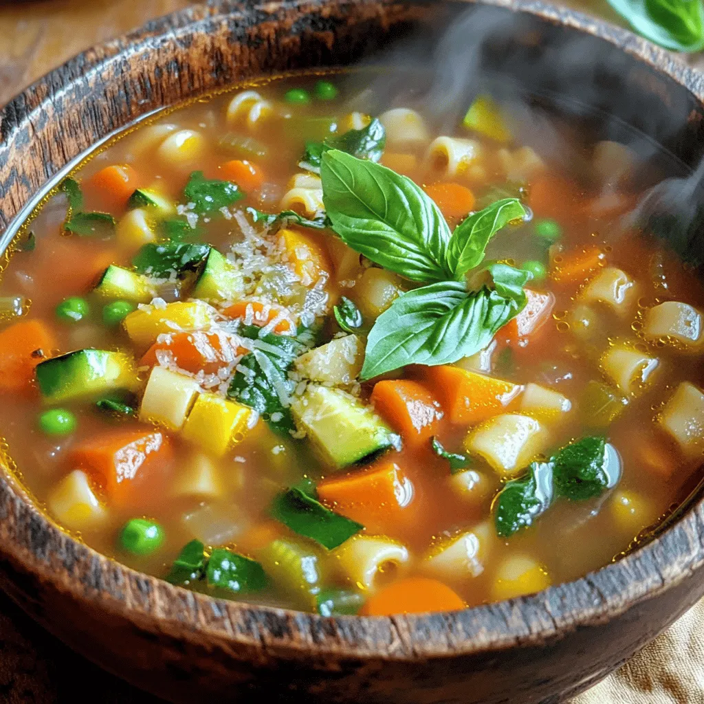- 1 tablespoon extra virgin olive oil - 1 medium onion, finely chopped - 2 cloves garlic, minced - 2 medium carrots, peeled and diced - 2 stalks celery, diced - 1 medium zucchini, diced - 1 bell pepper (red or yellow), chopped into bite-sized pieces - 1 cup green beans, trimmed and cut into 1-inch pieces - 1 cup fresh spinach leaves, roughly chopped - 1 can (14 oz) diced tomatoes along with their juice - 4 cups vegetable broth (preferably low-sodium) - 1 can (15 oz) cannellini beans, thoroughly rinsed and drained - 1 teaspoon dried oregano - 1 teaspoon dried basil - Salt and black pepper, to taste - 1 cup small pasta shapes (such as ditalini or elbow pasta) In this veggie-packed minestrone soup, each ingredient plays a key role. The olive oil adds a rich base. Onions and garlic bring flavor upfront. Carrots and celery add crunch and sweetness. Zucchini and bell peppers bring color and texture. Green beans boost the health factor. Canned tomatoes add depth. They provide acidity, making the soup bright and fresh. Low-sodium vegetable broth is the heart of the soup. It keeps everything moist and enhances the overall flavors. Cannellini beans give protein and heartiness. Dried herbs like oregano and basil bring warmth and aroma. Adjust the salt and pepper to fit your taste. Finally, small pasta shapes make the soup filling. You can use ditalini or elbow pasta for fun bites. Each ingredient works together to create a delicious and healthy meal. 1. Chopping and dicing vegetables - Start with the onion. Chop it finely. This adds great flavor. - Mince the garlic cloves. They will add a nice aroma. - Peel and dice the carrots into small pieces. They add sweetness. - Dice the celery into small bits. It gives a nice crunch. - Cut the zucchini into bite-sized pieces. This adds texture. - Chop the bell pepper into small chunks. Use red or yellow for color. - Trim the green beans and cut them into 1-inch pieces. They add freshness. 2. Prepping canned ingredients - Open the can of diced tomatoes. Don’t drain the juice; it adds flavor. - Rinse and drain the cannellini beans. This removes extra salt. 3. Cooking pasta - Measure out one cup of small pasta shapes. Ditalini or elbow pasta works well. 1. Sautéing aromatics - In a large pot, heat the extra virgin olive oil over medium heat. - Add the finely chopped onion and minced garlic. Stir and cook for about five minutes. - You want the onion to become soft and fragrant. 2. Adding vegetables - Stir in the diced carrots and celery. Cook for another three to four minutes. - Then, add the diced zucchini, chopped bell pepper, and green beans. - Cook for about five more minutes. Stir often to avoid sticking. 3. Incorporating broth and beans - Pour in the diced tomatoes with their juice and the vegetable broth. - Turn up the heat to bring it to a gentle boil. - Once boiling, add the rinsed cannellini beans, oregano, and basil. - Season with salt and black pepper. 4. Simmering and adding pasta - Reduce the heat to low. Let the soup simmer uncovered for about 15 minutes. - This lets the flavors blend beautifully. - Now, add the small pasta shapes. Cook for another 10 to 12 minutes. 5. Final touches with spinach - Fold in the roughly chopped spinach leaves. Stir gently until they wilt. - This takes about two minutes. Taste the soup and adjust seasoning if needed. - Let the soup cool for a few minutes before serving. To boost the flavor of your minestrone soup, focus on seasoning. Start with salt and black pepper. Adjust these to fit your taste. You can add more herbs too. Fresh basil or parsley adds a nice touch. Dried herbs like oregano and basil work well too. Mix them in while the soup simmers for the best taste. Sautéing is key for great soup. Heat the olive oil first. Then add the onion and garlic. This step brings out their flavors. Cook them until soft and fragrant. For even cooking, chop your veggies to the same size. This way, they cook at the same rate. Stir often to prevent sticking and burning. Garnish your soup for a lovely finish. Fresh basil leaves add color and flavor. You can sprinkle grated Parmesan cheese on top too. If you like, drizzle more olive oil just before serving. Pair your soup with crusty bread for a hearty meal. A simple green salad makes a nice side too. These pairings complement the soup's fresh flavors. Enjoy your healthy and simple meal! {{image_4}} You can change the veggies in your minestrone soup. Try using sweet potatoes or peas. You can also add corn or kale for a different taste. Mix and match what you have in your fridge. If you want to swap out the pasta, use quinoa or rice. These options add a nice texture. You can even skip the grains and make a veggie-rich soup. To make this soup vegan, skip the cheese. Use vegetable broth and ensure canned goods are vegan-friendly. You can enjoy the same great flavors without animal products. For gluten-free options, use gluten-free pasta. Many brands make great pasta alternatives. Always check labels to confirm they meet your dietary needs. This way, everyone can enjoy a warm bowl of soup. To keep your minestrone soup fresh, choose the right container. Glass or BPA-free plastic containers work best. They help keep the soup from absorbing odors. Ensure the container has a tight lid to prevent spills. Before putting the soup away, let it cool down. This step helps prevent moisture buildup. Once cooled, pour the soup into your chosen container. Seal it well. Store the soup in your fridge for up to three days. When reheating your minestrone soup, I recommend using the stove. Pour the soup into a pot and heat on medium. Stir often to avoid burning. This method keeps the flavor strong and the texture smooth. You can also use a microwave if you’re short on time. Place the soup in a microwave-safe bowl. Heat it in 30-second bursts, stirring in between. This method warms the soup evenly. To keep the soup tasty, add a splash of broth or water if it seems thick. This helps revive the flavors and keeps the soup from drying out. Enjoy your warm bowls of veggie-packed goodness! How long does minestrone soup last? Minestrone soup lasts about 3 to 4 days in the fridge. Store it in a sealed container. Can I freeze minestrone soup? Yes, you can freeze minestrone soup! It keeps well for up to 3 months. Just let it cool first before freezing. What can I use instead of cannellini beans? You can swap cannellini beans for kidney beans or great northern beans. Both work well and add flavor. Can I make this soup ahead of time? Absolutely! Making the soup in advance helps the flavors blend better. Reheat it on the stove or in the microwave. In this guide, we explored making a delicious minestrone soup. We covered everything from fresh ingredients to step-by-step cooking. I shared tips for flavor and storage, plus answers to common questions. Creating your own minestrone soup is easy and fun. With simple swaps, you can fit your diet. Enjoy making it, and savor each tasty spoonful!