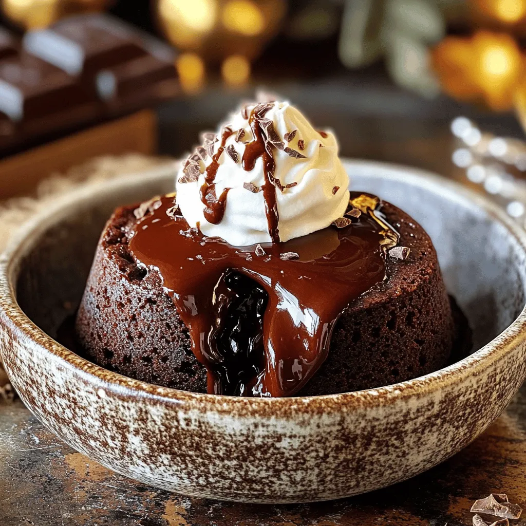 - 1 cup all-purpose flour - 1 cup granulated sugar - 1/2 cup unsweetened cocoa powder - 2 teaspoons baking powder - 1/4 teaspoon salt - 1 cup milk (whole or 2%) - 1/2 cup unsweetened applesauce - 1 teaspoon pure vanilla extract - 1 cup semi-sweet chocolate chips - 2 cups hot water Flour and sugar are key to the cake's structure and sweetness. Flour gives the cake its base. Sugar adds that nice touch of sweetness. Cocoa powder gives the cake its rich chocolate flavor. It makes each bite a chocolate dream. Using applesauce is a smart choice. It acts as a substitute for oil or eggs. Applesauce keeps the cake moist but cuts down on fat. This choice makes the cake feel lighter, yet still sweet. Each ingredient plays a vital role. Together, they create a warm, gooey dessert. When you mix them right, magic happens! - In a large mixing bowl, combine the following dry ingredients: - 1 cup all-purpose flour - 1 cup granulated sugar - 1/2 cup unsweetened cocoa powder - 2 teaspoons baking powder - 1/4 teaspoon salt Whisk these until they mix well and are free of lumps. This step is key to a smooth cake. - Next, add the wet ingredients: - 1 cup milk (whole or 2%) - 1/2 cup unsweetened applesauce - 1 teaspoon pure vanilla extract Mix these into the dry ingredients. Use a spatula or whisk to create a smooth and thick batter. - Gently fold in 1 cup of semi-sweet chocolate chips. This ensures every bite is chocolatey and rich. - Grease the inside of a 6-quart slow cooker. Use cooking spray or butter. This helps the cake release easily when done. - Carefully pour the batter into the slow cooker. Spread it out evenly with a spatula. - Slowly pour 2 cups of hot water over the top of the batter. Do not stir! The water will create a molten layer under the cake, making that special lava effect. - After cooking for 2 to 2.5 hours on low heat, check for doneness. Look for edges that are set while the center stays bubbly and soft. - Once the cake is done, turn off the slow cooker. Let the cake sit for about 15 minutes with the lid on. This resting time helps the cake set and makes it easier to serve. To get that gooey center in your slow cooker hot chocolate lava cake, follow these tips: - Use just the right amount of batter. Too much can prevent the lava effect. - Pour the hot water gently over the batter. Do not mix it in! This keeps the chocolate layer below. - Cook on low for the right time. Most slow cookers take 2 to 2.5 hours. If you have a different slow cooker, check it early. Some cook faster or slower. Look for edges that are set, but the center should still bubble. Serving your lava cake is fun! Here are some great ideas: - Top it with whipped cream for a light finish. - Add a scoop of vanilla ice cream to make it extra rich. - Drizzle with chocolate sauce for more sweetness. - Sprinkle chocolate shavings or colorful sprinkles on top for a pop of color. Each of these toppings makes your dessert look and taste even better! Avoid these common mistakes to ensure a perfect cake: - Do not overmix the batter. This makes it tough and can ruin the texture. - Do not stir in the hot water. Remember, it needs to sit on top to create the lava effect. Following these tips helps you make a delicious and impressive dessert every time! {{image_4}} You can change the taste of your slow cooker hot chocolate lava cake in fun ways. Try using different types of chocolate. Dark chocolate gives a rich flavor, while white chocolate offers sweetness. Each option creates a unique treat. You can also add spices for extra flavor. Cinnamon adds warmth, while peppermint gives a fresh twist. Just a pinch can transform your cake into a seasonal delight. Experiment with these flavors to find your favorite mix! If you need gluten-free options, you can use alternative flours. Almond flour or coconut flour works well. Just make sure to adjust the amount for the best results. This keeps the cake light and fluffy. For a dairy-free version, swap regular milk for plant-based milk. Almond milk or oat milk is great. You can also use dairy-free chocolate chips. These changes make the cake suitable for more diets without losing flavor. Scaling the recipe is easy. If you need more servings, just double the ingredients. For fewer servings, cut the recipe in half. Adjust cooking time based on the amount. A larger cake may need a bit more time. Check the cake after the usual cooking time. You want the edges set and the center soft. Adjust the time as needed to get that perfect gooey center. Enjoy your customized lava cake! To keep your Slow Cooker Hot Chocolate Lava Cake fresh, store it in the fridge. First, let the cake cool completely. Then, place it in an airtight container. This method helps keep the cake moist. You can store it this way for up to four days. When it's time to enjoy leftovers, you want to reheat the cake without losing its gooey center. The best way to reheat is in the microwave. Warm it on low power for 20-30 seconds. Check the cake often, so it doesn't get too hot. You can also use the slow cooker on low heat. This method takes about 30 minutes. Just cover it and check often. If you want to freeze your lava cake, here’s how. First, let the cake cool completely. Cut it into individual portions. Wrap each piece tightly in plastic wrap. Then, place the wrapped pieces in a freezer bag. This way, you can enjoy them later. To thaw, move the cake to the fridge overnight. When ready to eat, reheat as mentioned above. This keeps the cake delicious and ready to enjoy! You know the cake is done when the edges look set. The center should be bubbly and soft. You can test this by gently poking the cake with a toothpick. If it comes out clean from the edges but has some batter on it from the center, you’re good to go! The cake continues to cook a little while resting, so don’t worry if it seems a bit underdone at first. Yes, you can use cocoa powder! Using cocoa powder gives a rich, deep chocolate flavor. Premade mixes can often be sweeter and may have added ingredients. Cocoa powder allows you to control the sweetness and taste. The texture may also differ; homemade mixes can be lighter while cocoa powder can yield a denser cake. You can use several options for egg replacements. Applesauce is a great choice. It adds moisture and keeps the cake soft. You can also use mashed banana, yogurt, or even silken tofu. Each option brings its own twist to the cake. Just remember, one egg usually equals about 1/4 cup of these substitutes. Yes, it is normal! The lava effect is what makes this cake special. The top layers bake into a cake, while the bottom stays gooey. You want that delicious, chocolatey center. If it seems too runny, let it rest for a few minutes after cooking. This helps it set a bit more, but the center should always be soft and rich! This post covered everything you need for a slow cooker lava cake. We listed the key ingredients and their roles, explained easy steps for preparation, and shared tips for perfect results. I also highlighted variations and storage tips to extend enjoyment. Now you have the tools to create a delicious treat. Enjoy your baking journey and impress your friends with this delightful dessert!