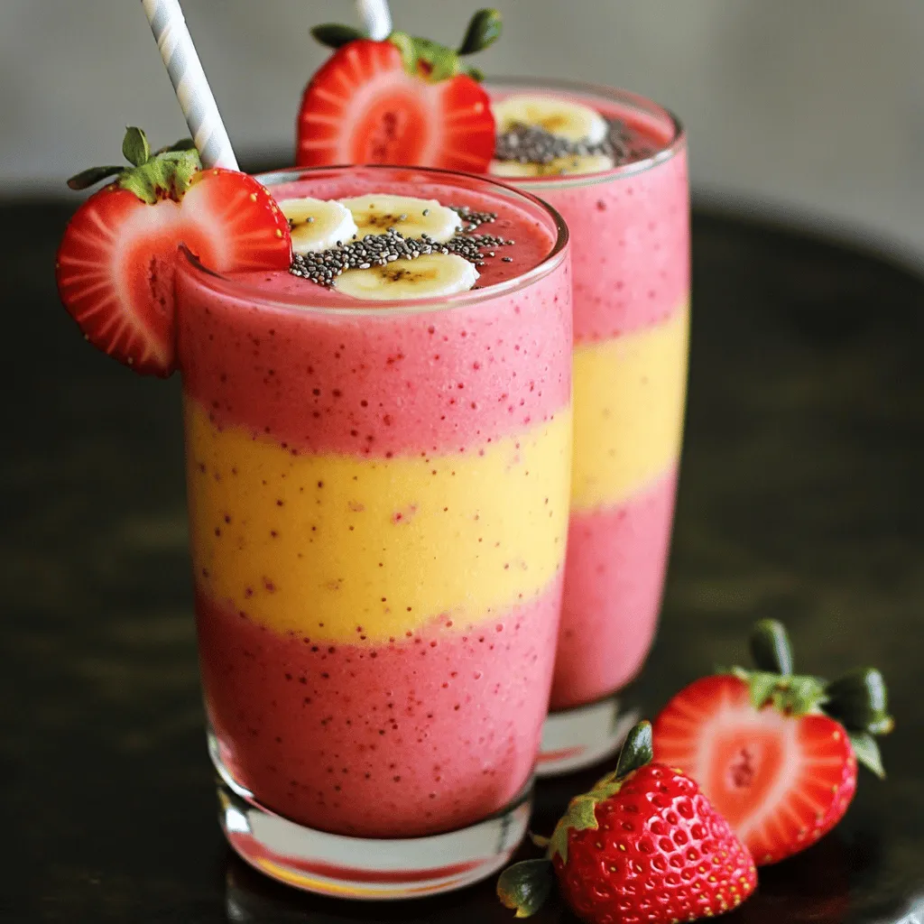 - Fresh strawberries (1 cup) - Ripe banana (1) - Spinach (optional, 1 cup) - Almond milk (1 cup) - Vanilla protein powder (1 scoop) - Chia seeds (1 tablespoon) - Sweetener (honey or maple syrup to taste) - Ice cubes (optional) The star of this smoothie is fresh strawberries. They bring a sweet and tangy flavor. The ripe banana adds creaminess and natural sweetness. If you want a nutrient boost, add spinach. It blends well and hides within the flavors. Almond milk is my go-to liquid. It’s light and nutty but feel free to use any milk you like. The vanilla protein powder gives it an extra protein punch. Chia seeds add texture, fiber, and healthy fats. Sweeten it up with honey or maple syrup based on your taste. For a chilled smoothie, ice cubes are a great option. - Calories per serving: Approximately 250 - Protein content: About 20 grams - Fiber content: Roughly 7 grams - Vitamins and minerals: High in vitamin C, potassium, and calcium This smoothie is a powerhouse of nutrition. Each serving has about 250 calories, making it a perfect snack or meal. It packs around 20 grams of protein, great for muscle repair. You'll also get around 7 grams of fiber, which helps with digestion. Plus, this mix is rich in vitamin C and potassium, which are essential for your health. - First, hull and slice 1 cup of fresh strawberries. - Peel and slice 1 ripe banana into rounds. - If using spinach, wash 1 cup of fresh leaves and dry them well. - Start by adding the strawberries, banana, and spinach into the blender. - Pour 1 cup of almond milk over the fruits. - Add 1 scoop of vanilla protein powder and 1 tablespoon of chia seeds. - If you like it cool, toss in some ice cubes. - Blend on high speed until smooth and creamy. - Stop the blender to scrape down the sides if needed. - Taste your smoothie. Add more honey or maple syrup if you want it sweeter. - Blend again briefly to mix in the sweetener. - Pour the smoothie into glasses and enjoy! - For a pretty look, add a slice of strawberry or banana on the rim. - Sprinkle a few chia seeds on top for extra texture. To make your smoothie creamier, try adding yogurt. Plain Greek yogurt works great. It adds protein and a rich texture. You can also use flavored yogurt for extra taste. For milk options, almond milk is a popular choice. You can also try oat milk or coconut milk. Each type adds a unique flavor. Experiment to find your favorite! You can boost your smoothie’s nutrition by adding flaxseed or nut butter. Flaxseed adds healthy fats and fiber. Nut butter gives protein and creaminess. Both options make your drink more filling. If you want a post-workout smoothie, add more protein. Consider using a double scoop of protein powder. You can also mix in Greek yogurt, which helps with muscle recovery. For a lovely presentation, garnish with a slice of fresh fruit. A strawberry or banana slice on the rim looks pretty. You can also sprinkle chia seeds on top for texture. If you serve this smoothie at gatherings, use clear glasses. This showcases the bright colors. You can even create a smoothie bar. Let guests choose their own toppings! {{image_4}} You can switch up the flavors in your smoothie. Other berries work great. Try adding blueberries or raspberries for a tasty twist. If you feel adventurous, mango or peach can bring a sweet and tropical vibe. Each choice adds its unique flavor and nutrients. Choosing the right protein powder can change your smoothie. Plant-based protein is good for vegans. Whey protein is a popular choice for many. Both types help add protein but have different tastes. You can also find flavored powders, like chocolate or strawberry. These can enhance your smoothie’s taste even more. If you want a dairy-free smoothie, almond milk is a great start. You can use soy milk or oat milk as substitutes too. For sweeteners, honey is not vegan. Instead, use maple syrup or agave nectar. These keep your smoothie sweet and suitable for all diets. To keep your smoothie fresh, store it in the fridge. Use an airtight container to prevent air from getting in. This helps maintain its taste and texture. Smoothies are best enjoyed fresh, but they can last for up to 24 hours in the fridge. If you want to enjoy your smoothie later, freezing is a great option. Pour your smoothie into ice cube trays or freezer bags. This way, you can blend a quick smoothie later. How long will your smoothie last? In the fridge, it should stay good for about one day. After that, the flavors may change, and it might not taste as fresh. Signs of spoilage include an off smell, strange color, or separation. If you see these signs, it’s best to toss it. Making smoothies in advance can save you time. You can batch prepare your smoothies for the week. Blend several servings and store them in jars or bottles. Jars are great for keeping smoothies fresh, while bottles are easy to grab. Just remember to shake well before drinking, as separation may occur over time. Yes, you can make this smoothie ahead of time. To store it, pour the smoothie into an airtight container. Use a glass jar or a bottle with a tight lid. Keep it in the fridge for up to 24 hours. Just give it a good shake before you drink it. If you want, you can also prep the ingredients in advance. Slice the strawberries and banana and store them in a zip-top bag. This way, you'll save time in the morning. If you need a milk substitute, try these options: - Soy milk - Oat milk - Coconut milk - Dairy milk Each choice has a unique taste. Pick one that fits your diet. If you are lactose intolerant, choose a non-dairy milk. If you prefer a nut-free option, go for oat or soy milk. Yes, this smoothie can help with weight loss. It is low in calories but high in protein. Protein keeps you full longer. The ingredients are nutrient-rich and provide vitamins. The smoothie has about 200 calories per serving, depending on the sweetener you use. It also contains fiber from the fruit and chia seeds. This helps support digestion and keeps you satisfied. To make this smoothie vegan, ensure all ingredients are plant-based. Use plant-based protein powder. You can also replace honey with maple syrup. Both options add sweetness. Make sure your milk choice is dairy-free, like almond, soy, or oat milk. This way, you enjoy a tasty and nutritious vegan smoothie. The strawberry banana protein smoothie is easy to make and fun to enjoy. We covered the key ingredients, nutrition facts, and preparation steps. I shared tips for creaminess and added nutrition, along with variations for different tastes. This smoothie works well for meal prep or quick snacks. Remember, you can customize your drink to fit your needs. Try it today, and enjoy a tasty boost to your health!