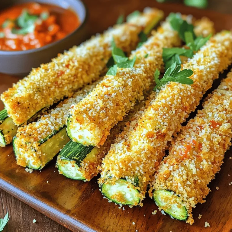 To make Air Fryer Parmesan Zucchini Fries, you need the following ingredients: - 2 medium zucchinis, cut into fry shapes - 1/2 cup freshly grated Parmesan cheese - 1 cup panko breadcrumbs - 2 large eggs - 1 teaspoon garlic powder - 1 teaspoon Italian seasoning - Salt and freshly ground black pepper, to taste - Cooking spray or a light drizzle of olive oil These simple ingredients come together to create a crispy and tasty snack. Zucchinis are low in calories and full of vitamins. The Parmesan cheese adds a savory kick that pairs well with the crunchy panko. Using eggs helps the coating stick to the zucchini. Garlic powder and Italian seasoning bring out great flavors. The salt and pepper add a nice touch. To make these fries even crispier, make sure to use fresh panko breadcrumbs. A light spray of oil before cooking helps the fries get that golden color. Enjoy making these delicious zucchini fries! Set your air fryer to 400°F (200°C). Preheating is key for even cooking. If you skip this step, the fries may not cook well. A hot air fryer gives you that perfect crunch. In a medium bowl, crack the two eggs. Whisk them well until they are frothy. A good mix helps the coating stick. This egg layer ensures the breadcrumbs cling to the fries. In another bowl, combine the grated Parmesan cheese, panko breadcrumbs, garlic powder, Italian seasoning, salt, and pepper. Mixing these ingredients well is important. It spreads flavor evenly across all fries. Take each zucchini fry and dip it into the egg mixture. Make sure it is fully coated. Then, roll the fry in the breadcrumb mix. Press down gently to make sure the crumbs stick well. Place the coated fries in the air fryer basket. Lay them in a single layer without overlap. This helps them cook evenly. Lightly mist them with cooking spray or drizzle olive oil to boost crispiness. Cook the fries for 10-12 minutes at 400°F. Halfway through, shake the basket gently. This promotes even browning and crunchiness. Once golden brown, carefully take the fries out. Let them cool for a few minutes. Serve them on a bright platter with marinara or ranch dip for a tasty treat. To make your zucchini fries extra crispy, you can try a few simple tricks. First, use panko breadcrumbs instead of regular breadcrumbs. They add more crunch! Next, mist your fries with cooking spray. This helps them crisp up in the air fryer. I recommend brands like Pam or Olive Oil Mister for a light spray. You can also try adding a bit more Parmesan cheese to the coating for added texture and flavor. While Italian seasoning is great, feel free to switch it up! You can use other herbs like smoked paprika or cumin for a unique taste. Want some heat? Add a pinch of cayenne pepper or chili powder. You can also mix in some nutritional yeast for a cheesy flavor without the dairy. Get creative with spices to find your favorite blend! Zucchini fries taste amazing with dips! I love serving them with marinara sauce or creamy ranch dressing. You can also try a spicy aioli for a kick. As for sides, a fresh salad or carrot sticks make a great match. These fries can fit into any meal or snack time perfectly! {{image_4}} You can make these zucchini fries gluten-free easily. Just swap out the panko breadcrumbs. Use gluten-free breadcrumbs or crushed rice cereal instead. Both options give a nice crunch. Cooking time stays the same. However, keep an eye on them. You might need a minute less or more. Want a vegan version? Replace the eggs with a mixture of flaxseed meal and water. Mix one tablespoon of flaxseed meal with three tablespoons of water. Let it sit until it thickens. For cheese, use nutritional yeast or a vegan cheese substitute. This gives a cheesy flavor without dairy. Get creative! Add different cheeses like cheddar or mozzarella for a twist. You can also mix in spices like paprika or cayenne for heat. Want more veggies? Try adding carrots or sweet potatoes cut into fry shapes. These will also air fry well and add color to your plate. To keep your zucchini fries fresh, refrigerate them right away. Place them in an airtight container. This helps prevent them from getting soggy. Make sure they cool down before sealing the container. If you have a lot, separate them into smaller containers. This way, you can grab just what you need. To enjoy crispy fries again, use your air fryer for reheating. Preheat the air fryer to 350°F (175°C). Place the fries in a single layer and heat for about 5 minutes. This method brings back the crunch you love. If you don’t have an air fryer, you can use a conventional oven. Set it to the same temperature and heat for about 10 minutes. If you want to save your zucchini fries, freezing is a great option. First, let the fries cool completely. Then, arrange them in a single layer on a baking sheet. Freeze them for about 1-2 hours until firm. Afterward, transfer them to a freezer-safe bag. Remove as much air as you can before sealing. For reheating, thaw them in the fridge overnight, then reheat in the air fryer. This keeps them crispy and tasty. It takes about 10-12 minutes to cook zucchini fries in an air fryer. Preheating the air fryer to 400°F (200°C) helps maintain this time. Cooking times may vary based on the thickness of the fries and your air fryer model. Always check for a golden-brown color to know they are ready. Yes, you can prepare zucchini fries ahead of time. Cut and coat the fries, then place them in the fridge for up to 2 hours. This keeps them fresh. However, reheating them may change their texture. They may not be as crispy if reheated after being stored. Zucchini fries are a healthy snack option. Zucchini is low in calories and high in vitamins A and C. They also provide fiber, which is good for digestion. Compared to traditional potato fries, they have fewer carbs and are lower in fat. This makes zucchini fries a great choice for a guilt-free treat. You now have a simple guide for making Air Fryer Parmesan Zucchini Fries. We covered the key ingredients, easy steps, and tips to achieve perfect fries. You learned about variations, from gluten-free to vegan options, so everyone can enjoy them. Remember, these fries can fit into a healthy diet while tasting great. Experiment with flavors and sides to make them your own. Enjoy this tasty snack that’s quick to make and easy to share!