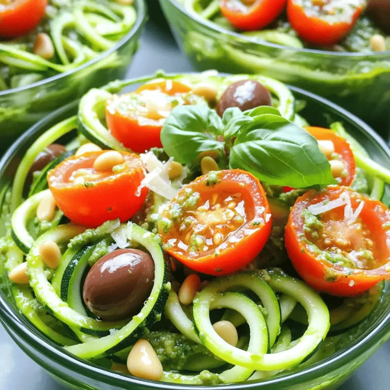 - 3 medium zucchinis, spiralized - 1 cup fresh basil leaves - 1/3 cup pine nuts, lightly toasted - 2 cloves garlic, peeled - 1/2 cup grated Parmesan cheese, or nutritional yeast - 1/3 cup extra-virgin olive oil - 1 cup cherry tomatoes, halved - 1/4 cup Kalamata olives, sliced - 1 tablespoon fresh lemon juice - Salt and freshly cracked black pepper Gather these ingredients before you start. Fresh zucchini makes the best noodles. The basil gives the pesto its bright flavor. Pine nuts add a nice crunch, and garlic brings warmth to the dish. Use quality olive oil to enhance the taste. If you want a vegan option, swap Parmesan for nutritional yeast. Adding cherry tomatoes and Kalamata olives adds color and flavor. The lemon juice brightens the salad and gives it a fresh feel. Don't forget to season with salt and pepper to taste! These simple ingredients come together to create a vibrant and tasty salad. Start by spiralizing the zucchinis. Use a spiralizer to create thin noodle-like strands. This tool makes it easy and fun! After spiralizing, place the noodles in a large mixing bowl. Let them sit for a few minutes. This step lets some moisture escape. It helps keep your salad from getting soggy. Next, you will make the basil pesto. In a food processor, add fresh basil leaves, toasted pine nuts, and peeled garlic cloves. Pulse the mixture until it is finely chopped. You want it to look like a chunky paste. This gives the pesto a nice texture and great flavor. While the food processor is running, drizzle in the olive oil slowly. This helps to blend everything well. Keep blending until the pesto is smooth and creamy. Now, stir in the grated Parmesan cheese. If you want a vegan option, use nutritional yeast instead. Add salt and pepper to taste and mix briefly. Now, pour the fresh basil pesto over the zucchini noodles. Use tongs to toss the noodles gently in the pesto. Make sure every strand is coated evenly. This step is key for flavor in every bite! Next, fold in the halved cherry tomatoes and sliced Kalamata olives if you like. These add extra flavor and color. Then, drizzle fresh lemon juice over the salad. This brightens the dish and adds zest. Give everything a light toss to mix. Finally, taste the salad. Now is the time to adjust the seasoning. You can add more salt, pepper, or lemon juice to suit your taste. This step helps to get the flavors just right. For the best flavor, let the salad sit for about 10 minutes. This allows the zucchini noodles to soak up the pesto. Enjoy the fresh and vibrant flavors of your Basil Pesto Zucchini Noodle Salad! Fresh ingredients make all the difference in pesto. Use bright green basil, firm garlic, and good-quality olive oil. When you blend these, they create a vibrant taste. For those with dietary needs, swap Parmesan for nutritional yeast. This keeps your pesto flavorful and vegan. You can also try adding nuts like walnuts or cashews for a twist. To create perfect zucchini noodles, use a spiralizer. Cut the ends of the zucchini first. Then, twist it to make long, curly noodles. This technique gives your salad a fun shape. To avoid soggy noodles, let them sit on a paper towel. This helps drain excess moisture before mixing them with the pesto. Presentation is key! Serve your salad in chilled bowls to keep it fresh. You can add a sprinkle of grated cheese on top. A few extra basil leaves can brighten the dish. Pair it with crusty bread or grilled chicken for a complete meal. The flavors of basil pesto and fresh veggies shine together beautifully. {{image_4}} To make this salad vegan, swap the Parmesan cheese for nutritional yeast. Nutritional yeast adds a cheesy flavor without dairy. It also boosts the salad's nutrition. You can also add more vegetables. Try bell peppers, carrots, or spinach. These veggies add color and crunch. Want to add protein? Grilled chicken or shrimp works well in this salad. They add heartiness and flavor. For a plant-based choice, use beans. Chickpeas or black beans are great options. They will keep the dish filling and nutritious. You can enhance the flavor by using different nuts. Walnuts or almonds add a new twist to the pesto. They bring unique textures and taste. Don’t stop at nuts; explore various herbs too. Try parsley, cilantro, or mint for fresh notes. These herbs can change the salad's profile and make it exciting. To keep your Basil Pesto Zucchini Noodle Salad fresh, use airtight containers. Glass containers work best as they don’t absorb odors. When storing, place the salad in the fridge right away. This helps keep the flavors bright and the noodles crisp. Your salad stays fresh for about 2-3 days in the fridge. After 3 days, the zucchini noodles may become soggy. Look for signs of spoilage like an off smell or a slimy texture. If you see these signs, it’s best to toss the salad. You can enjoy this salad cold or room temperature. If you want to warm it up, use a microwave on low heat. Stir it gently to mix the flavors. You may need to add a bit of olive oil or lemon juice after reheating. This will boost the taste and keep it delicious. You can make zucchini noodles with a peeler. Just peel long strips from the zucchini. Keep going until you reach the seeds in the middle. This will give you flat noodles. You can also use a box grater for wider strands. Yes, you can use store-bought pesto. It saves time and still adds great flavor. Just check the label for quality. Look for fresh ingredients to keep it tasty. Zucchini noodles are low in calories and high in vitamins. They have vitamin C and potassium. They also offer fiber, which helps digestion. Plus, they are gluten-free and can fit into many diets. Yes, basil pesto is usually gluten-free. It uses fresh basil, nuts, garlic, olive oil, and cheese. Just check the label if you buy it. Some brands may add gluten ingredients. To add heat, you can mix in crushed red pepper flakes. You can also add diced jalapeños for a fresh kick. Lastly, try using spicy olives for a unique twist. This recipe shines with fresh ingredients and simple steps. The zucchini noodles, paired with homemade basil pesto, create a healthy dish that’s full of flavor. You can easily adjust it to suit your taste and dietary needs. Don’t forget the optional additions for a tasty twist. Store leftovers wisely to enjoy later. Try this dish to wow your friends and family, or simply treat yourself. Enjoy the process, and happy cooking!