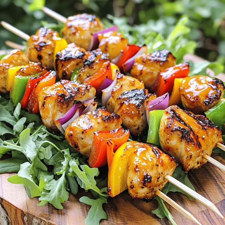 - 1.5 pounds boneless, skinless chicken thighs, cut into 1-inch cubes - 1/4 cup honey - 1/4 cup Sriracha sauce - 2 tablespoons soy sauce - 1 tablespoon sesame oil - 2 garlic cloves, minced - 1 teaspoon ground ginger - 1 tablespoon fresh lime juice - 1 bell pepper (any color), cut into 1-inch pieces - 1 medium red onion, cut into wedges - Wooden or metal skewers The first step in making Sriracha Honey Chicken Kabobs is gathering the right ingredients. You need juicy chicken thighs. They are tender and flavorful. You will also need honey for sweetness. The Sriracha sauce adds heat and spice. Soy sauce gives a classic umami taste. Sesame oil adds a nutty flavor. Fresh garlic and ground ginger bring depth to the marinade. You can choose any bell pepper for color and crunch. Red onion adds a slight sweetness. Finally, don’t forget the skewers. Wooden ones need soaking. Metal skewers can go straight to the grill. These ingredients blend well to create a tasty dish. The marinade soaks into the chicken, making it juicy and full of flavor. As you grill, the kabobs cook evenly. You will enjoy a meal that is sweet, spicy, and satisfying. To make the marinade, whisk together these ingredients in a large bowl: - 1/4 cup honey - 1/4 cup Sriracha sauce - 2 tablespoons soy sauce - 1 tablespoon sesame oil - 2 garlic cloves, minced - 1 teaspoon ground ginger - 1 tablespoon fresh lime juice Once mixed, add 1.5 pounds of cubed chicken thighs. Make sure each piece is well coated. Cover the bowl and refrigerate it for at least 30 minutes. For the best taste, let it sit for up to 2 hours. If you choose wooden skewers, soak them in water for at least 30 minutes. This helps stop them from burning. If you use metal skewers, you can skip this step. They are ready to go! When your chicken is marinated, it’s time to assemble the kabobs. Take your skewers and start threading: - Chicken cubes - Bell pepper pieces - Red onion wedges Make sure to leave some space between the pieces. This helps them cook evenly and get that perfect char. Preheat your grill to medium-high heat. Place the kabobs on the grill and cook for about 10 to 12 minutes. Remember to turn them every few minutes for even cooking. The chicken should no longer be pink in the center, and the veggies should look grilled and colorful. In the last few minutes of cooking, brush any leftover marinade over the kabobs. This adds a tasty glaze. After grilling, let the kabobs rest for a few minutes before serving. Enjoy them warm with your favorite sides, like rice or salad. To make your kabobs shine, adjust the sweetness and heat. If you want more heat, add extra Sriracha. For less heat, reduce the Sriracha or mix in more honey. You can also try different ingredients. Pineapple juice adds sweetness and a tropical twist. For a tangy kick, swap lime juice for orange juice. For the best taste, set your grill to medium-high heat. This range helps the chicken cook evenly. Use indirect heat by placing the kabobs to the side of the flame. This method cooks them gently and prevents burning. If you find your kabobs browning too fast, move them away from direct heat. Pair these kabobs with fluffy rice or a fresh salad. Both options balance the spicy sweetness of the chicken. For garnishing, use fresh herbs like cilantro or parsley. A drizzle of extra Sriracha or honey on top makes for a beautiful finish. Serve on a large platter for a stunning display that will impress your guests! {{image_4}} You can switch up the protein in your kabobs. Shrimp makes a tasty choice. It cooks fast and soaks up flavors well. Tofu also works great. It’s a good option for a plant-based meal. Just make sure to press it to remove extra moisture. For vegetables, you can use zucchini, mushrooms, or cherry tomatoes. Each veggie adds its unique taste and texture. Mix and match to find your favorite combo! You can adjust the flavor of your marinade. Add spices like paprika or cumin for a warm touch. Fresh herbs, like cilantro or basil, can bring brightness. If you want more heat, add extra Sriracha. For a sweeter kick, drizzle in more honey. Finding your perfect balance is key! If you don’t have a grill, don’t worry! You can bake or broil the kabobs. Preheat your oven to 400°F (200°C). Place the kabobs on a baking sheet lined with foil. Bake for 15 to 20 minutes. Turn them halfway for even cooking. You can also use an air fryer. Set it to 375°F (190°C) and cook for about 10 to 12 minutes. The kabobs will turn out crispy and juicy. Enjoy these fun options for cooking your Sriracha honey chicken kabobs! To store your Sriracha Honey Chicken Kabobs, first, let them cool completely. Then, place them in an airtight container. - Refrigeration guidelines: Store the kabobs in the fridge for up to 3 days. Keep the container sealed to maintain freshness. - Freezing recommendations for kabobs: If you want to keep them longer, freeze the kabobs. Wrap them tightly in plastic wrap and then place them in a freezer bag. They can last up to 3 months in the freezer. Reheating kabobs can be tricky. You want to warm them without drying them out. - Best practices for reheating in the oven or microwave: For the oven, preheat it to 350°F (175°C). Place the kabobs on a baking sheet and cover them with foil. Heat for about 10-15 minutes. For the microwave, use a microwave-safe plate. Cover the kabobs with a damp paper towel. Heat in short bursts to avoid overcooking. - Keeping kabobs from drying out: Adding a splash of water or broth when reheating helps keep them moist. Always check the internal temperature to ensure they are heated through. To make the marinade, mix honey, Sriracha sauce, soy sauce, sesame oil, minced garlic, ground ginger, and fresh lime juice. Whisk these ingredients in a bowl until smooth. This blend gives the chicken a sweet and spicy kick. Yes, you can use chicken breast. However, thighs stay juicier during cooking. If you choose breast, cut it into equal pieces. This helps it cook evenly. You can serve these kabobs with fluffy rice, a fresh salad, or warm flatbread. Each side adds a nice balance to the meal. You can marinate the chicken for at least 30 minutes. For a richer flavor, marinate for up to 2 hours. Just remember, longer marinating can enhance the taste. Yes, you can prepare these kabobs ahead. Marinate the chicken and assemble the kabobs. Then, store them in the fridge until you’re ready to grill. This saves time on busy days! In this blog post, we covered how to make delicious Sriracha Honey Chicken Kabobs. You learned about the essential ingredients, marinating the chicken, and grilling tips. We also explored variations, storage information, and answered common questions. Use these steps to create your own tasty kabobs. Enjoy experimenting with flavors and cooking methods. These kabobs are fun to make and even better to share with friends and family. Happy grilling!