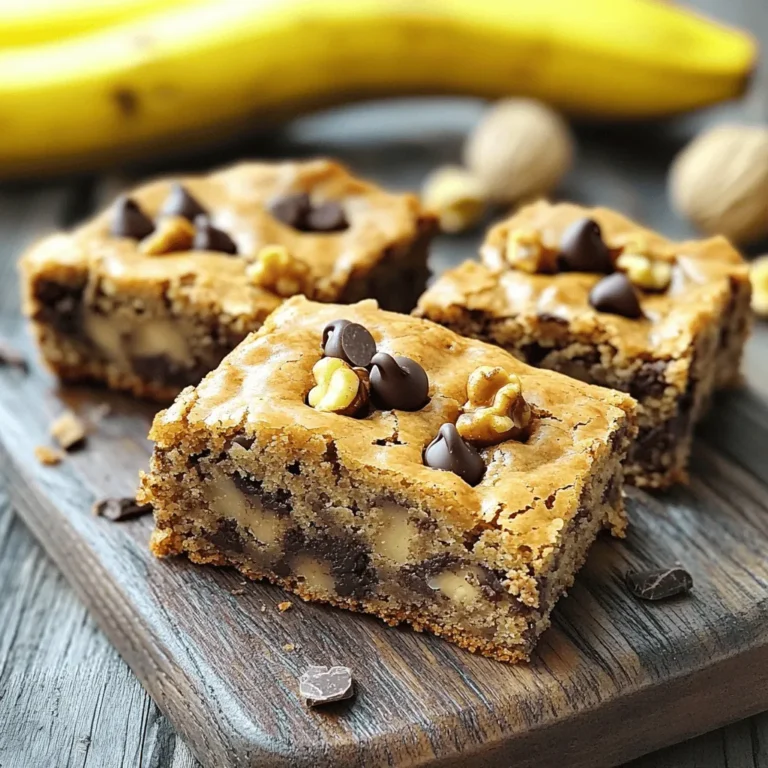 - 2 ripe bananas, thoroughly mashed - ½ cup brown sugar, packed - ¼ cup granulated sugar - ½ cup unsalted butter, melted and slightly cooled - 1 large egg, at room temperature - 1 teaspoon pure vanilla extract - 1 cup all-purpose flour - ½ teaspoon baking powder - ¼ teaspoon baking soda - ¼ teaspoon fine salt - ½ cup chocolate chips (optional) - ¼ cup finely chopped walnuts or pecans (optional) When you measure ingredients, use dry measuring cups for flour and sugar. Pack brown sugar firmly in the cup to ensure you get the right amount. For butter, you can melt it in a microwave-safe bowl. Let it cool slightly before adding to the mix. It should not be hot, or it will cook the egg. If you don’t have ripe bananas, you can use applesauce. This keeps the texture moist. For butter, coconut oil works well too. If you want to skip the sugar, use honey or maple syrup. If nuts are not your thing, leave them out or use seeds instead. First, heat your oven to 350°F (175°C). This helps the blondies bake evenly. Next, grab an 8x8 inch baking pan. Line it with parchment paper. Leave some paper hanging over the sides. This makes it easy to lift out the blondies later. In a large bowl, mash 2 ripe bananas. Use a fork or potato masher until they are smooth. Add ½ cup packed brown sugar and ¼ cup granulated sugar. Mix these well. Pour in ½ cup of melted butter. Stir until it looks smooth and combined. In another bowl, whisk together 1 cup of all-purpose flour, ½ teaspoon baking powder, ¼ teaspoon baking soda, and ¼ teaspoon fine salt. Make sure these dry ingredients are mixed well. This step is important for the blondies to rise properly. Now, gently fold the dry mixture into the wet banana mix. Use a spatula or wooden spoon for this. Be careful not to over-mix. You want the batter to be just combined for a soft texture. Pour the batter into your lined pan. Use the spatula to spread it evenly. Bake in the preheated oven for 20 to 25 minutes. Check if they are done by inserting a toothpick into the center. It should come out clean with a few moist crumbs. Once baked, let the blondies cool in the pan for about 10 minutes. Use the parchment paper to lift them out. Transfer them to a wire rack to cool completely. When cool, slice into squares. For a fun touch, sprinkle with powdered sugar or drizzle with melted chocolate before serving. Enjoy! To get the best texture in your banana bread blondies, use ripe bananas. The riper, the better! They add natural sweetness and moisture. Do not over-mix the batter; mix until just combined. This keeps them soft and chewy. Baking at the right temperature is key. Preheat your oven to 350°F (175°C). Check them at 20 minutes to avoid overbaking. One common mistake is using unripe bananas. They won't provide the same flavor or moisture. Another mistake is overmixing the batter. This can lead to tough blondies instead of soft ones. Make sure to measure your ingredients correctly. Too much flour can dry them out. Lastly, don’t forget to line your pan with parchment paper for easy removal. To boost the flavor of your blondies, add a pinch of cinnamon or nutmeg. These spices pair well with bananas. You can also mix in vanilla extract for a richer taste. If you love chocolate, add chocolate chips. They melt slightly and create delicious pockets of flavor. Chopped nuts like walnuts or pecans add crunch and depth. {{image_4}} You can easily make a nut-free version of these banana bread blondies. Just skip the walnuts or pecans. The blondies will still taste great without nuts. If you want some crunch, try adding sunflower seeds or pumpkin seeds. They add texture without nuts and keep it safe for allergies. Want to spice up your blondies? There are many ways to add flavor. You can mix in chocolate chips, which is a classic choice. You can also try adding butterscotch chips for a sweet twist. Dried fruits like cranberries or raisins work well too. If you want a warm touch, add a pinch of cinnamon or nutmeg to the batter. If you need a gluten-free option, it's simple. Substitute the all-purpose flour with a gluten-free blend. Make sure the blend includes xanthan gum for the best texture. You can also use almond flour, but watch the amount. Almond flour can make the blondies too dense. Adjust the liquid slightly if needed to keep them moist. To keep your banana bread blondies fresh, store them in an airtight container. Place them in a cool, dry spot. They stay good for about 3 to 4 days at room temperature. If you want to enjoy them longer, the fridge is fine too. Just remember, they may dry out a bit. Always let them cool completely before storing. Freezing banana bread blondies is easy. First, cut them into squares. Wrap each square tightly in plastic wrap. Then, place them in a freezer-safe bag or container. They can last for up to 3 months in the freezer. When you are ready to eat them, just take out the squares you want. Let them thaw in the fridge or at room temperature. To reheat the blondies, use the microwave for a quick fix. Heat them for about 10 to 15 seconds. This makes them warm and soft. For a crispier edge, pop them in the oven at 350°F (175°C) for 5 to 10 minutes. Enjoy them warm, maybe with a scoop of ice cream or a drizzle of chocolate. You can tell your blondies are done when a toothpick inserted in the center comes out clean. A few moist crumbs on the toothpick are okay. They usually need 20-25 minutes in the oven. The edges will look set and slightly golden. Keep an eye on them to avoid overbaking. Yes, overripe bananas are great for this recipe. They add extra sweetness and moisture. Make sure they are very soft and have brown spots. The more ripe, the better they will blend into the batter. You can even freeze them for later use, then thaw them before mashing. Blondies are similar to brownies but have no cocoa powder. Instead, they use brown sugar for a rich flavor. They are lighter in color and taste sweeter. Blondies have a chewy texture, while brownies are denser and fudgier. Both are delicious, but they offer different flavors. You can add frosting if you like! A simple vanilla or cream cheese frosting pairs well. Just make sure the blondies are cool before spreading frosting on top. You can also serve them plain or dust with powdered sugar for a light touch. You can find the full recipe for Banana Bread Blondies earlier in this article. It includes all the steps and ingredients you need. Enjoy making these treats, and feel free to modify them to suit your taste! In this blog post, I covered key ingredients, step-by-step instructions, and helpful tips for making Banana Bread Blondies. You learned about the different variations and storage methods to keep your blondies fresh. Remember, great baking relies on the right measurements and techniques. Use overripe bananas for the best flavor. With practice, you can avoid common mistakes and make these treats perfectly every time. Enjoy baking and sharing your delicious blondies!