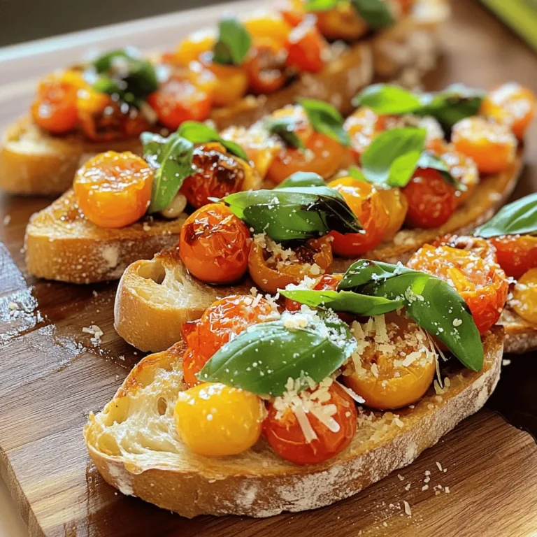 - Crusty Bread Options - 1 loaf of crusty bread (French baguette or ciabatta) - Fresh Produce Requirements - 10 ripe cherry tomatoes, halved - 1 medium head of garlic - 1/4 cup fresh basil leaves, finely chopped - Additional Flavor Components - 3 tablespoons extra virgin olive oil (plus more for drizzling) - 1 tablespoon balsamic vinegar - Salt and freshly cracked pepper to taste - Optional: 1/4 cup freshly grated Parmesan cheese or crumbled feta cheese I always choose a crusty bread like a French baguette or ciabatta. These options offer a great crunch and hold the toppings well. The fresh produce is key to this dish. Ripe cherry tomatoes bring sweetness, while garlic adds depth. Fresh basil gives a pop of flavor. For extra taste, I use high-quality olive oil and balsamic vinegar. These ingredients unite to create a burst of flavor. Lastly, cheese is optional but adds a nice touch. Parmesan or feta can elevate the dish even more. Gather these ingredients to create a delightful Roasted Garlic Tomato Bruschetta. Each part plays a role in delivering a delicious bite that will impress anyone. Preheating the Oven Set your oven to 400°F (200°C). This warms up the oven while you prep the rest. Preheating is key for even cooking. Roasting Garlic Thoroughly Take a head of garlic and peel off the outer layers. Keep the cloves together. Cut about 1/4 inch from the top. Drizzle olive oil on top, wrap it in foil, and place it in the oven. Roast for 30-35 minutes. The garlic will turn soft and golden brown. This means it is caramelized and full of flavor. Preparing and Roasting the Tomatoes While the garlic roasts, grab 10 ripe cherry tomatoes. Halve them and spread them out on a parchment-lined baking sheet. Drizzle with olive oil and sprinkle with salt and pepper. You can add chopped basil now for extra taste. Roast these tomatoes for 15-20 minutes, until they burst and caramelize. Mashing the Roasted Garlic Once the garlic cools, squeeze the soft cloves into a bowl. Use a fork to mash them into a paste. This creamy garlic will add depth to your bruschetta. Toasting Bread to Perfection Take a loaf of crusty bread, like a French baguette. Slice it into 1/2 inch thick pieces. Arrange them on a baking sheet and brush both sides lightly with olive oil. Toast them in your preheated oven for about 5-7 minutes. Look for a golden brown, crispy finish. Assembling the Bruschetta Remove the toasted bread from the oven. Spoon a generous amount of the roasted tomato and garlic mix on each slice. For extra richness, sprinkle freshly grated Parmesan or crumbled feta cheese on top. Enjoy your delicious creation right away! Selecting Quality Ingredients Choosing the right ingredients makes a big difference. Pick fresh, ripe cherry tomatoes. Their sweet flavor shines through. Also, use a good quality crusty bread like a French baguette or ciabatta. This adds texture and crunch to your bruschetta. Don’t forget the garlic! Go for a medium head of garlic, as it will roast beautifully and add depth to your dish. Fresh basil is a must for that aromatic kick. Balancing Flavors with Seasoning Seasoning is key to great bruschetta. Use salt and freshly cracked pepper to enhance your flavors. A drizzle of balsamic vinegar adds a tangy touch that balances the sweetness of the tomatoes. Adjust the seasoning to suit your taste. You can also mix in some cheese like Parmesan or feta for extra richness. Remember, taste as you go! Arranging for Optimal Visual Appeal The way you present your bruschetta matters. Arrange the toast on a rustic wooden board or a bright platter. This creates a lovely visual contrast. Make sure each slice gets a generous scoop of the tomato and garlic mix. This not only looks great but also ensures each bite is packed with flavor. Garnishing Ideas Garnish your bruschetta with extra basil leaves for a pop of color. A light drizzle of balsamic reduction adds elegance and flair. You can also sprinkle some additional cheese on top for a finishing touch. These small details make your dish stand out and look inviting. {{image_4}} Alternative Cheese Options If you want to change up the cheese, you have options! You can use mozzarella for a milder taste. Goat cheese adds a tangy touch. Vegan cheese is another great choice for dairy-free diets. Other Tomato Varieties Cherry tomatoes work well, but you can try other types. Roma tomatoes have fewer seeds and great flavor. Heirloom tomatoes add color and sweetness, making your bruschetta unique. Vegan or Gluten-Free Alternatives To make this dish vegan, skip the cheese completely. Use a gluten-free bread if you need to avoid gluten. Many stores carry tasty gluten-free options that work well for bruschetta. Adjusting for Spice Levels If you like heat, add red pepper flakes to the tomato mix. You can also use spicy olive oil for an extra kick. For milder flavors, stick with just salt and pepper. To keep your bruschetta fresh, store it in an airtight container. This helps maintain its taste and texture. If you have leftover toppings, store them separately from the bread. The bread can get soggy if combined too soon. For the toppings, use a small bowl and cover it well with plastic wrap. When you want to enjoy bruschetta again, reheat it carefully. Use your oven to keep the bread crispy. Preheat your oven to 350°F (175°C). Place the bruschetta on a baking sheet and heat for about 5-7 minutes. This warms it up without losing its crunch. You can also microwave it, but this may make the bread chewy. The oven is the best choice for quality. How to make bruschetta from scratch? To make bruschetta from scratch, you need a few simple steps. Start by roasting garlic and tomatoes. Then, mix them with fresh basil, olive oil, and balsamic vinegar. Serve on toasted bread for a tasty treat. Can I use regular tomatoes instead of cherry tomatoes? Yes, you can use regular tomatoes. Just chop them into small pieces. Cherry tomatoes add sweetness, but other types work well too. Choose ripe tomatoes for the best flavor. What kind of bread is best for bruschetta? Crusty bread is key for bruschetta. A French baguette or ciabatta works great. They hold the toppings well and add a nice crunch. Toasting the bread enhances its flavor. How long can I store leftover bruschetta? You can store leftover bruschetta for up to two days. Keep it in the fridge in an airtight container. The bread may become soggy, so it’s best to eat it fresh. Can bruschetta be made ahead of time? Yes, you can prep the toppings ahead of time. Store the roasted garlic and tomatoes in the fridge. Toast the bread just before serving to keep it crispy and fresh. In this post, we explored how to make bruschetta from start to finish. We covered key ingredients, like crusty bread, fresh produce, and flavor boosters. The step-by-step guide helped you prep, assemble, and serve with confidence. We also shared tips for great flavor and stunning presentation. Plus, we discussed variations for different diets and how to store leftovers. Bruschetta is versatile and fun. Enjoy making it your own!