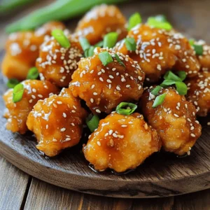 - 1 pound boneless, skinless chicken thighs - 1/2 cup cornstarch - 1/4 cup sesame seeds - 1/4 cup low sodium soy sauce - 2 tablespoons honey - 1 tablespoon rice vinegar - 2 cloves garlic, minced - 1 teaspoon freshly grated ginger - 1 tablespoon sesame oil - Green onions for garnish - Cooking oil for frying - Additional tools required for preparation To make Sticky Sesame Chicken Bites, you need fresh ingredients. The chicken thighs make the bites juicy. Cornstarch gives them a nice, crispy coat. The sesame seeds add crunch and flavor. Low sodium soy sauce adds saltiness without too much sodium. Honey gives the dish a sweet touch. Rice vinegar adds a hint of tang. Aromatics like garlic and ginger boost the taste. Garlic adds warmth, while ginger gives a fresh kick. Sesame oil ties everything together with its nutty flavor. Green onions on top add color and brightness. You also need cooking oil for frying. Choose a strong oil that can handle heat well. Have some mixing bowls ready for marinating and coating. A skillet is great for frying. A slotted spoon helps to lift the chicken out and drain the oil. With these ingredients in hand, you're set to create a delightful and sticky treat! To start, you need to marinate the chicken. First, grab a mixing bowl. Then, combine the soy sauce, honey, rice vinegar, minced garlic, and grated ginger. This mix will add yummy flavor. Next, add the chicken thighs. Make sure they are fully covered in the marinade. Cover the bowl and place it in the fridge. Let it marinate for at least 20 minutes. This helps the chicken soak up all those great tastes. Once the chicken is marinated, it's time for the coating. Take another bowl and add the cornstarch. Take each piece of chicken from the marinade. Roll them in the cornstarch until they are fully coated. This step is key. It gives the chicken a crispy texture when cooked. Now, heat oil in a large skillet over medium-high heat. You want the oil to shimmer. This means it's hot enough. Carefully add the coated chicken bites in small batches. Don't crowd the pan; this helps them brown better. Cook the chicken for about 5-7 minutes. Turn them occasionally until they are golden brown and cooked through. While the chicken cooks, let's make the sesame sauce. In a small saucepan, mix the sesame oil, the rest of the soy sauce, and sesame seeds. Heat the mix on low. Stir gently until the sesame seeds toast and smell nice. This will create a rich sauce for the chicken. After you cook the chicken, use a slotted spoon to remove it from the pan. Place the chicken on a plate lined with paper towels. This helps soak up any extra oil. While the chicken is still warm, transfer it to a large bowl. Pour the warm sesame sauce over the chicken. Toss the pieces until they are well coated. For serving, arrange the sticky chicken bites on a platter. Garnish with sliced green onions for a pop of color and fresh flavor. To get that perfect crunch, use cornstarch to coat your chicken. This coating makes your bites crispy and golden. When frying, keep an eye on the oil temperature. If it’s too low, the chicken will soak up oil. If it’s too hot, it can burn. Aim for medium-high heat for the best results. You can boost the flavor of your chicken bites in several ways. Try adding spices like paprika or cayenne for heat. You could also mix in some chopped herbs like cilantro or basil for freshness. Adjust the sweetness by adding more honey or reduce saltiness by using less soy sauce. Taste your sauce as you go to find your ideal balance. Make your chicken bites look stunning on the plate. Arrange them on a big platter for a fun display. You can sprinkle more sesame seeds on top for an extra touch. Serve with sides like steamed rice or a crisp salad. These pair well and add freshness to your meal. Don't forget to garnish with green onions for color! {{image_4}} You can switch chicken thighs for chicken breasts. Breasts are leaner and cook faster. Just cut them into bite-sized pieces like thighs. This keeps the dish light and tasty. For a vegetarian option, try using tofu instead of chicken. Firm tofu works best. Press it to remove extra water. Then, cut it into cubes and marinate just like the chicken. The tofu will soak up all the great flavors. Add some citrus for a fresh twist. Use orange or lime juice in the marinade. This adds a bright flavor that pairs well with sesame. You can also zest the fruit for extra zing. Want a spicy kick? Add some chili flakes or hot sauce to your marinade. This gives the dish heat and depth. Adjust the amount to suit your taste. You can serve the chicken bites with different sauces. Try a sweet chili sauce or a spicy peanut sauce. These add new dimensions to the dish. Pair your bites with various sides. Rice is a classic choice, but try stir-fried veggies or a fresh salad. They balance the richness of the chicken and keep your meal light. Store your Sticky Sesame Chicken Bites in the fridge. Place the chicken in an airtight container. This keeps them fresh for up to three days. If you want to keep them longer, use a freezer bag. Remove as much air as you can before sealing. To reheat the chicken bites without losing crispiness, use an oven. Preheat your oven to 375°F (190°C). Place the chicken on a baking sheet lined with foil. Heat for about 10-15 minutes. This method helps keep the chicken crispy. You can also use an air fryer. Set it to 350°F (175°C) and cook for about 5-7 minutes. To freeze your chicken bites, let them cool completely first. Place them in a freezer-safe bag or container. They can last for up to three months in the freezer. When you want to eat them, thaw in the fridge overnight. This keeps the texture nice. Avoid using a microwave to thaw. It can make them soggy. Yes, you can prepare these chicken bites ahead of time. First, marinate the chicken as directed. Then, store it in the fridge for up to 24 hours. This lets the chicken soak up all the flavors. You can also fry the chicken bites in advance. After frying, let them cool and store in an airtight container. When ready to serve, simply reheat them in the oven for a crispy finish. If you need a soy sauce alternative, try coconut aminos. It has a similar taste and is less salty. Another option is tamari, which is gluten-free. You can also use liquid aminos, as they are a great substitute with a similar flavor. To make this dish gluten-free, use tamari instead of soy sauce. Tamari is made without wheat, making it safe for gluten-free diets. Check the cornstarch to ensure it is labeled gluten-free. This way, you can enjoy the bites without worry. To cut down on sweetness, reduce the honey by half. You can also replace honey with a sugar-free sweetener, like stevia. Another option is to add more rice vinegar. This will balance the sweetness with some tang. These chicken bites pair well with rice or quinoa. You can serve them with steamed broccoli or a fresh salad. For drinks, iced tea or a light beer complements the dish nicely. Try these options for a complete and tasty meal! This article covered all the steps to make Sticky Sesame Chicken Bites. You learned about the main ingredients, cooking tips, and variations to try. Remember, the cornstarch coating is key for a crunch. Don't hesitate to experiment with flavors that suit your taste. Store your leftovers properly for future snacks. Enjoy your cooking and impress others with this tasty dish!
