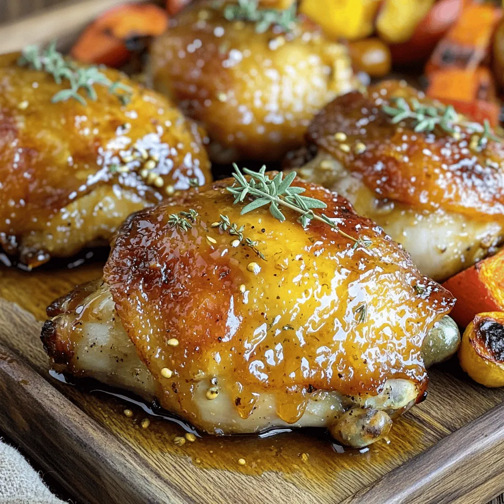 - 4 bone-in, skin-on chicken thighs - 1/4 cup sweet honey - 1/4 cup smooth Dijon mustard - 2 tablespoons extra-virgin olive oil - 3 cloves of garlic, minced - 1 teaspoon fresh thyme leaves, chopped - Salt and freshly cracked black pepper to taste - Fresh parsley - Thyme sprigs For this honey mustard chicken, you need a few key items. First, grab chicken thighs. These are juicy and full of flavor. Honey adds sweetness. Use smooth Dijon mustard for a tangy kick. Olive oil helps everything mix well. Garlic brings a nice aroma. Fresh thyme adds a hint of earthiness. Don’t forget salt and pepper to enhance the taste. If you want to add a pop of color, consider garnishing with fresh parsley or sprigs of thyme. These make your dish look pretty and fresh. Simple ingredients lead to a tasty meal that’s easy to make. 1. Start by preheating your oven to 400°F (200°C). This step is key for even cooking. 2. Grab a large, oven-safe skillet. Place the chicken thighs in it, skin side up. This helps achieve a crispy skin. 1. In a mixing bowl, combine the following: - 1/4 cup sweet honey - 1/4 cup smooth Dijon mustard - 2 tablespoons extra-virgin olive oil - 3 cloves of minced garlic - 1 teaspoon chopped fresh thyme - Salt and freshly cracked black pepper to taste 2. Whisk these ingredients together until you have a smooth and glossy sauce. 1. Generously pour the honey mustard mixture over the chicken thighs. 2. Make sure each piece is well-coated. Use a spoon to get every bit of sauce on the meat. 3. For best results, let the chicken marinate for at least 15 minutes. If you have time, cover and refrigerate it for a few hours. 1. Once marinated, place the skillet in your preheated oven. 2. Bake for 35-40 minutes. The chicken should reach an internal temperature of 165°F (75°C). The skin should look golden brown. 3. If you want extra crispiness, switch the oven to broil for the last 3-5 minutes. Stay close and watch to prevent burning. 1. After baking, take the dish out of the oven. Let the chicken rest for about 5 minutes. This helps keep the meat moist. 2. Just before serving, add a garnish of freshly chopped parsley or a sprig of thyme. This adds color and freshness to your dish. You should marinate the chicken thighs for at least 15 minutes. This gives the flavors time to soak in. For even better taste, try to marinate them for a few hours in the fridge. The longer they sit, the more flavorful they become. To enhance the flavor, add a pinch of smoked paprika or a dash of cayenne pepper to the marinade. This adds a nice kick and depth to the honey mustard taste. To check for doneness, use a meat thermometer. The internal temperature should reach 165°F (75°C). If you don’t have a thermometer, look for clear juices when you cut into the chicken. For crispy skin, pat the chicken dry before marinating. Also, placing the skin side up in the skillet helps achieve that golden, crunchy exterior. Broiling for the last few minutes can also add extra crispiness. Pair the chicken with roasted vegetables like carrots or green beans. These sides add color and nutrients to your meal. A fresh side salad with mixed greens also works well. For presentation, serve the glazed chicken thighs on a large platter. Drizzle leftover sauce over the top for a touch of shine. Adding a sprinkle of fresh parsley or thyme sprigs creates a lovely finish. {{image_4}} You can easily swap chicken thighs for other meats. Try bone-in, skin-on chicken breasts for a leaner option. Pork chops work great too. Just keep an eye on cooking times. For a more exotic choice, use duck thighs. They add a rich flavor and pair well with honey mustard. Vegetarian options are also fun. Use tofu or tempeh for a plant-based meal. Marinate them just like the chicken. You can also try hearty vegetables like cauliflower or eggplant. Roast them in the oven for a tasty treat. Add spices or herbs to give your dish a new twist. Consider paprika for heat or rosemary for a woodsy taste. Garlic powder or onion powder can add depth, too. Fresh herbs like parsley or basil can brighten the dish. You can also switch up the sauce. Try barbecue sauce for a smoky flavor. A spicy sriracha honey mix can kick it up a notch. For a creamy texture, mix in some yogurt or sour cream. Each change can turn this dish into something new and exciting. To make a low-sugar version, use sugar-free honey or a sugar substitute. You can reduce the honey and add a splash of apple cider vinegar for tang. This keeps the taste while lowering sugar content. If you're looking for gluten-free options, just check your mustard and sauces. Many are naturally gluten-free. Pair the chicken with a side of rice or veggies to complete the meal. Always read labels to ensure everything is safe to eat. To store leftovers, let the chicken cool down first. Place it in an airtight container. You can keep it in the fridge for up to four days. This helps preserve the flavor and texture. Before serving, check for any signs of spoilage. If it smells bad or looks off, toss it out. For freezing, wrap the chicken tightly in plastic wrap or foil. Then, place it in a freezer bag. Make sure to remove as much air as possible. This method keeps the chicken fresh for up to three months. When you're ready to eat, thaw it in the fridge overnight. To reheat, place the chicken in the oven at 350°F (175°C) until heated through. This keeps the meat juicy and tasty. To ensure chicken thighs are safe to eat, check the internal temperature. It should reach 165°F (75°C). Use a meat thermometer to check. If you don’t have one, look for these signs of doneness: - The juices should run clear, not pink. - The meat should feel firm, not soft. - The skin should be golden brown and crispy. Yes, you can make this dish ahead of time. To prep, marinate the chicken in the honey mustard mixture. Store the marinated chicken in the fridge for up to 24 hours. This will enhance the flavor. If you have leftovers, store them in an airtight container. They will stay fresh for about 3 days in the fridge. Great side dishes make this meal even better. Here are some popular pairings: - Roasted vegetables, like carrots and broccoli. - A crisp green salad with vinaigrette. - Garlic mashed potatoes for a hearty touch. - Quinoa or rice for a filling option. For a complete meal, pick one or two sides that you enjoy. This will create a colorful and tasty plate. You learned how to make delicious honey mustard chicken thighs. We covered ingredients, steps, and helpful tips. The key is marinating and baking for the best flavor and texture. You can even try different proteins or flavor twists to make this dish your own. Remember to store leftovers properly to enjoy later. With these tips, you can confidently serve a mouthwatering meal. I hope you enjoy cooking this dish as much as I do!