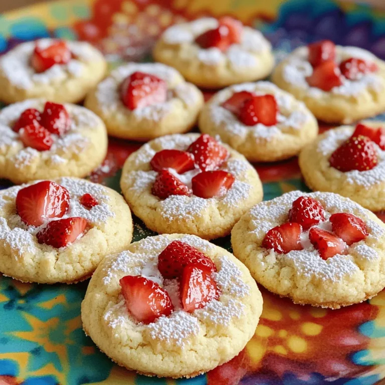 - 2 ½ cups all-purpose flour - 1 teaspoon baking powder - ½ teaspoon baking soda - ½ teaspoon salt - 1 cup unsalted butter (softened) - 1 cup granulated sugar - 1 large egg - 2 teaspoons vanilla extract - 1 teaspoon almond extract - 1 cup fresh strawberries (diced) - ½ cup powdered sugar (for decoration) - 1 tablespoon milk (for decoration) These ingredients create the base for the best strawberry shortcake sugar cookies. The flour gives structure, while the butter adds rich flavor. Sugar sweetens the mix and helps with texture. Baking powder and baking soda make the cookies rise, giving them a lovely shape. I always use fresh strawberries. They add a burst of juicy flavor. Dicing the strawberries small helps them blend into the dough. The extracts of vanilla and almond work together to enhance the cookie's taste. When it comes to decoration, powdered sugar and milk create a simple glaze. This glaze not only looks appealing but also adds a sweet finish. A drizzle makes each cookie pop! By gathering these ingredients, you set the stage for a delightful baking experience. Each element plays an important role in creating a delicious treat that is perfect for sharing! - Preheat the oven to 350°F (175°C). - Line baking sheets with parchment paper. First, get your oven ready. This step warms it up just right for baking. Lining the sheets helps the cookies not stick. It also makes cleanup much easier. - Whisk together flour, baking powder, baking soda, and salt. Next, grab a bowl and whisk together the dry ingredients. Mixing these helps blend the flour with the leavening agents. This ensures your cookies rise evenly. - Mix softened butter and granulated sugar until fluffy. - Incorporate egg, vanilla, and almond extract. In a large bowl, cream the softened butter and sugar. Use an electric mixer for best results. Mix until the mixture feels light and fluffy. Then add the egg, vanilla, and almond extract. This blend adds a rich flavor to your cookies. - Slowly add dry mixture to wet ingredients. - Fold in diced strawberries. Now, slowly mix the dry ingredients into the wet ones. Use low speed to avoid overmixing. Once combined, gently fold in the diced strawberries. This step adds lovely fruitiness to each cookie. - Portion out cookie dough on baking sheets. - Bake for 10-12 minutes until edges are golden. Next, scoop out the dough onto your lined sheets. Leave space between each scoop. This allows the cookies to spread. Bake them for 10 to 12 minutes. Look for golden edges, while the centers stay soft. - Prepare the powdered sugar glaze. - Drizzle glaze over the cooled cookies. Once the cookies cool, make the glaze. Mix powdered sugar with milk until smooth. Drizzle this over the cookies for a sweet finish. The glaze makes them even more appealing and tasty. To get soft and chewy cookies, avoid overmixing the dough. When you add the dry mix to the wet ingredients, mix just until combined. A few dry streaks are okay. This keeps the cookies from becoming tough. Using room temperature butter is key for great creaming. Cold butter does not blend well with sugar. Softened butter helps create a fluffy texture. This step is crucial for a light cookie. When choosing strawberries, look for bright red, firm berries. They should smell sweet and have no bruises. Fresh strawberries make the cookies taste amazing. Store them in the fridge, but do not wash until ready to use. Washing can make them spoil faster. Keep them in a breathable container to maintain freshness. Make your cookies stand out by presenting them on a colorful platter. You can add whole strawberries around the cookies for a pop of color. For drinks, these cookies pair well with milk, tea, or lemonade. The sweetness of the cookies matches perfectly with these drinks. {{image_4}} You can easily make these cookies gluten-free. Just swap all-purpose flour for a gluten-free flour mix. Make sure it has a good binding agent, like xanthan gum. This keeps your cookies soft and tasty. Want to change up the flavor? Try different extracts. You can use lemon or coconut for a fun twist. Adding other fruits is a great idea, too. Blueberries or raspberries can bring new life to the cookies. Just make sure to chop them small like the strawberries. Icing can make these cookies shine! Instead of the glaze, use royal icing for a thicker finish. You can also have fun with sprinkles or chopped nuts. They add color and crunch, making your cookies even more special. To keep your Strawberry Shortcake Sugar Cookies fresh, store them in an airtight container. This will help prevent them from drying out. Place parchment paper between layers to avoid sticking. Keep the cookies at room temperature for the best flavor and texture. You can freeze both unbaked and baked cookies. For unbaked cookies, scoop the dough onto a baking sheet and freeze until firm. Then, transfer the dough balls to a freezer bag. For baked cookies, let them cool completely, then wrap them tightly in plastic wrap. Place them in a freezer bag for extra protection. At room temperature, these cookies stay fresh for about 3 to 5 days. If you store them in the fridge, they can last up to a week. Always check for any changes in texture or smell before eating. Yes, you can make these cookies ahead of time. Prepare the dough and scoop it onto baking sheets. Then, cover the sheets with plastic wrap and chill them in the fridge for up to two days. When you are ready, just bake them straight from the fridge. This way, you have fresh cookies anytime! To keep your cookies thick, chill the dough for at least 30 minutes before baking. You can also use room temperature butter instead of melted butter, as melted butter tends to make cookies spread. Make sure to space the cookie dough mounds well on the baking sheet too. You can use other fruits like blueberries or raspberries. For a fun twist, try diced peaches or even chocolate chips. Each fruit will bring its own flavor and texture, making your cookies unique every time you bake them. Absolutely! You can freeze both the dough and the baked cookies. For the dough, scoop it onto a baking sheet and freeze until firm. Then, transfer the dough balls to a freezer bag. Baked cookies can be stored in an airtight container for up to three months. Yes, you can use frozen strawberries. However, thaw and drain them first to remove excess moisture. This step helps keep the dough from becoming too wet and ensures your cookies stay fluffy and tasty. The main ingredients for these cookies work together for a tasty treat. We covered the steps to make, bake, and glaze them perfectly. I shared tips for texture and decoration, plus ideas for variations. Fresh strawberries shine in every bite. These cookies are great for sharing or enjoying yourself. With the right storage, they’ll stay fresh for days. Get creative and make them your own! Cooking should be fun, so enjoy the process and the yummy results.
