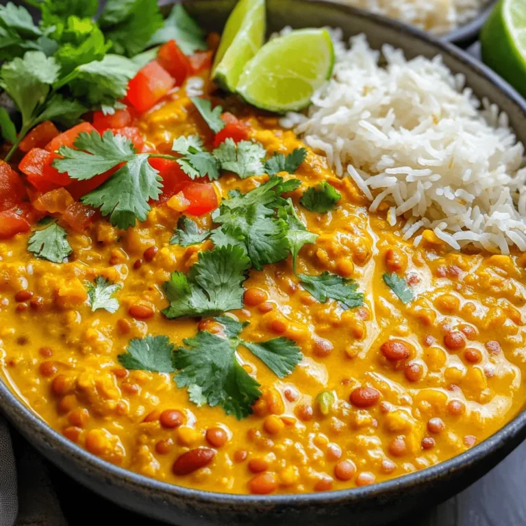 - 1 cup red lentils, thoroughly rinsed - 1 can (400ml) full-fat coconut milk - 1 medium onion, finely chopped - 3 cloves garlic, minced - 1 tablespoon fresh ginger, grated - 1 tablespoon curry powder - 1 teaspoon ground turmeric - 1 teaspoon ground cumin - 1 cup vegetable broth (or homemade vegetable stock) - 1 tablespoon extra virgin olive oil - 1 cup diced tomatoes (fresh or canned) - Sea salt and freshly ground black pepper, to taste - Fresh cilantro, finely chopped (for garnish) - Lime wedges (for serving) In this recipe, each ingredient plays a key role. Red lentils serve as the main protein. They are quick to cook and turn soft. Coconut milk adds creaminess and a hint of sweetness. Onion, garlic, and ginger give it a great base flavor. The spices—curry powder, turmeric, and cumin—bring warmth and depth. They create a rich aroma that fills your kitchen. Vegetable broth adds moisture and enhances the taste. Tomatoes add acidity and balance. Lastly, garnishes like cilantro and lime give a fresh touch. These little details make your meal pop. You can adjust the salt and pepper based on your taste. Each ingredient works together to create a dish that is both simple and flavorful. 1. Heating oil and sautéing onions In a large saucepan, add one tablespoon of extra virgin olive oil. Heat it over medium heat until it shimmers. Then, add one medium onion, finely chopped. Sauté the onion for about 5 minutes. You want them soft and translucent. 2. Adding garlic, ginger, and spices Next, stir in three minced garlic cloves and one tablespoon of freshly grated ginger. Cook this mix for 1-2 minutes. The aroma will fill your kitchen. Now, sprinkle in one tablespoon of curry powder, one teaspoon of ground turmeric, and one teaspoon of ground cumin. Stir to toast these spices for about one minute. 3. Stirring in tomatoes, lentils, and broth Pour in one cup of diced tomatoes, fresh or canned. Let them cook for 3-4 minutes. Stir now and then until they soften. After that, add one cup of red lentils that you’ve rinsed well. Then, pour in one cup of vegetable broth. Stir everything together and bring it to a gentle simmer. 4. Simmering and finishing with coconut milk Once it simmers, lower the heat. Cover the pan with a lid and let it cook for about 15 minutes. This will make the lentils tender. After 15 minutes, gently stir in one can of full-fat coconut milk. Let this simmer for another 5 minutes. The flavors will meld beautifully. Season with sea salt and freshly ground black pepper to taste. This simple method creates a creamy coconut lentil curry that’s both tasty and satisfying. Enjoy the process, and soon you'll have a wonderful meal ready to savor! - Rinse red lentils well before use. This step removes dust and improves texture. - Taste your curry as it cooks. Adjust seasoning with salt and pepper for better flavor. - Cook lentils until they are tender but not mushy. This usually takes about 15 minutes. - Serve the curry in deep bowls for a cozy look. It helps show off the creamy texture. - Garnish with fresh cilantro for a pop of color and flavor. Lime wedges add a zesty touch. - Pair the curry with fluffy basmati rice or warm naan. This combination makes a complete meal. {{image_4}} You can change the flavor and texture by using different lentils. While red lentils work best, green or brown lentils add a nice bite. They will take longer to cook, so you might need to adjust the time. Adding veggies boosts nutrition and flavor. Spinach adds a bright color and soft texture. Carrots bring a sweet crunch. You can mix in any of your favorite vegetables. Just chop them small so they cook evenly. Feel free to play with spices. If you like heat, add red pepper flakes or chopped chili. For a different taste, try adding garam masala or coriander. These spices change the flavor profile and make the dish unique. You can also add proteins to make this meal more filling. Chickpeas work well and add a nice creaminess. Tofu is another great option. Just cube it and add with the lentils. This way, you create a hearty dish that everyone will enjoy. To keep your creamy coconut lentil curry fresh, store it in an airtight container. Let it cool completely before sealing. This way, it will stay tasty and safe to eat. The recommended shelf life is about 3 to 5 days in the fridge. Always check for any signs of spoilage before enjoying it again. When it's time to enjoy your leftovers, reheat the curry gently. The best methods are on the stove or in the microwave. If using the stove, warm it over low heat. Stir often to keep it from sticking. If you use the microwave, heat it in short bursts, stirring in between. Make sure it is heated to at least 165°F (75°C) for safety. Avoid reheating more than once to keep it safe and tasty. Enjoy your meal again! How to adjust the recipe for dietary restrictions? You can easily adapt this dish. For a vegan option, this recipe is already plant-based. If you need gluten-free, ensure your broth is gluten-free. You can replace coconut milk with almond milk for a lighter version, but it won’t be as creamy. If you're avoiding legumes, try using diced sweet potatoes instead of lentils. Can I freeze the curry and how long does it last? Yes, you can freeze this curry! Store it in an airtight container. It keeps well for about three months in the freezer. To reheat, let it thaw overnight in the fridge. Then, warm it on the stove over low heat, stirring gently. If it’s too thick, add a little broth or water. What are the best sides to serve with the curry? I love serving this curry with fluffy basmati rice. It soaks up the sauce nicely. You can also serve it with warm naan bread for dipping. A side of simple salad adds a fresh crunch. For extra flavor, try a mango chutney as a sweet contrast. This blog post covered how to make a tasty creamy coconut lentil curry. We discussed the key ingredients like red lentils, coconut milk, and spices. The step-by-step instructions made cooking simple and fun. I shared tips for seasoning and presentation. You can even try tasty variations with vegetables or proteins. Remember to store leftovers properly and use the right reheating methods. Enjoy crafting this dish, and don't hesitate to get creative in your kitchen! A few small changes can make it your own.