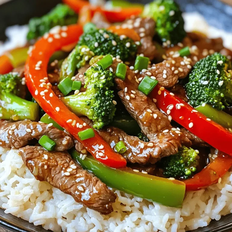 To make this delicious garlic ginger beef stir-fry, gather these main ingredients: - 1 lb (450g) flank steak, thinly sliced against the grain - 1 red bell pepper, thinly sliced - 1 green bell pepper, thinly sliced - 1 cup broccoli florets - 3 cloves garlic, finely minced - 1 tablespoon fresh ginger, finely grated - 2 green onions, finely chopped - Cooked jasmine rice, for serving These ingredients create a colorful and tasty dish. The flank steak gives a rich flavor, while the bell peppers and broccoli add a nice crunch. For the marinade, mix these components for the beef: - 2 tablespoons soy sauce - 1 tablespoon oyster sauce - 1 tablespoon cornstarch - 2 tablespoons vegetable oil - 1 tablespoon sesame oil The soy sauce and oyster sauce add a savory depth. Cornstarch helps the beef stay tender while cooking. The vegetable oil and sesame oil add richness and flavor. To finish this dish, consider these garnishes: - Sesame seeds, for garnish Garnishing with sesame seeds brings a nice contrast and adds a bit of crunch. The green onions also add a fresh touch. Enjoy your homemade stir-fry over jasmine rice for a complete meal! First, grab a medium bowl. Add the thinly sliced flank steak to it. Pour in the soy sauce and oyster sauce. These sauces add depth and flavor to the beef. Next, sprinkle the cornstarch over the beef. The cornstarch helps to tenderize the meat and gives it a nice coating. Mix everything well so the beef is evenly coated. Cover the bowl and let it sit for 15-20 minutes. This marinating time lets the flavors soak in. Now, heat a large skillet or wok over medium-high heat. Add one tablespoon of vegetable oil and let it shimmer. This shows that the oil is hot enough. Carefully add the marinated beef in a single layer. Do not overcrowd the pan; this helps the beef sear properly. Let it cook for 2-3 minutes until it is browned on one side. Flip the beef and sear for an extra minute if needed. Once done, remove the beef from the skillet and set it aside. In the same skillet, add another tablespoon of vegetable oil. Next, toss in the sliced red and green bell peppers along with the broccoli florets. Stir-fry these for 3-4 minutes. You want them to soften but still have a nice crunch. Now, add in the minced garlic and grated ginger. Cook for another minute. The kitchen will smell amazing! After that, return the cooked beef to the skillet. Drizzle sesame oil over everything and toss it well. Cook for an additional 2-3 minutes until everything is heated through and combined. To get the best flavor, marinate the beef well. The soy sauce and oyster sauce add depth. Combine them with cornstarch to keep the beef tender. Let the beef sit for 15-20 minutes. This short time helps it soak up the flavors. Trust me, it makes a big difference! Overcooked vegetables can ruin your stir-fry. To keep them crisp, prep everything first. Cook the veggies quickly on high heat. Stir them for 3-4 minutes until they soften, but stay crunchy. If you see them turning mushy, remove them fast. Add the garlic and ginger after the veggies soften. This way, they stay bright and fresh. Searing beef is key for great taste. Start with a hot skillet. Use one tablespoon of vegetable oil and heat it until it shimmers. Add the beef in a single layer without crowding. This helps it brown nicely. Sear for 2-3 minutes, then flip it. This method locks in juices and keeps the meat tender. {{image_4}} You can swap out flank steak for other proteins. Chicken breast is a lean choice. Pork tenderloin adds a sweet, rich flavor. Tofu is a great option for a meat-free meal. Just cut it into cubes and marinate it like the beef. Each protein brings its own taste, making this dish fun and flexible. Adding more veggies boosts health and flavor. Snap peas bring a nice crunch. Carrots add sweetness and color. Mushrooms add umami and depth. Spinach wilts down well and packs a nutrient punch. Feel free to mix and match, using what you have. More veggies make the meal heartier and more colorful. To make this dish gluten-free, use tamari instead of soy sauce. Ensure your oyster sauce is gluten-free too. Cornstarch is usually gluten-free, but check the label. Serve with rice or quinoa instead of noodles for a gluten-free base. This way, everyone can enjoy this tasty stir-fry without worry. To store your garlic ginger beef stir-fry, let it cool first. Then, place it in an airtight container. Make sure to seal it well to keep out air. You can store it in the fridge for up to three days. If you want to enjoy it later, freezing is a great option. When you're ready to eat the leftovers, heat them on the stove. Use a non-stick skillet over medium heat. Stir the beef and veggies often to warm them evenly. This method helps keep the food juicy. If you prefer the microwave, place it in a bowl and cover it. Heat in short bursts, stirring in between, until hot. For freezing, pack the stir-fry in portions. Use freezer-safe bags or containers. Remove as much air as possible to prevent freezer burn. Label the bags with the date to keep track. You can freeze the stir-fry for up to three months. When you’re ready to eat, thaw it in the fridge overnight before reheating. Enjoy your homemade meal any time! Yes, you can use other cuts of beef. Flank steak is great, but sirloin or ribeye works too. These cuts have good flavor and tenderness. Just remember to slice them thinly against the grain. This helps keep the meat tender. Stir-fry goes well with different sides. Here are some of my favorites: - Steamed jasmine rice: This is a classic choice. The rice soaks up the sauce well. - Fried rice: If you want something heartier, fried rice adds another layer of flavor. - Noodles: Try serving the stir-fry over lo mein or rice noodles for a fun twist. - Simple salad: A fresh salad can balance the rich flavors of the stir-fry. To add heat to your stir-fry, here are a few ideas: - Chili paste: Mix in a teaspoon or more of chili paste when cooking. - Red pepper flakes: Sprinkle these in while you stir-fry the vegetables. - Sliced fresh chilies: Add fresh jalapeños or Thai chilies for a spicy kick. - Hot sauce: Drizzle your favorite hot sauce just before serving. Adjust the amount to your taste. We covered the key parts of making a great stir-fry. You learned the main ingredients, how to marinate beef, and ensure veggies stay crisp. I shared tips for the best flavor and ways to switch up proteins and veggies. Remember to store leftovers properly for later meals. Enjoy your cooking journey and feel free to experiment with flavors. Stir-fry is fun and easy, so get creative!