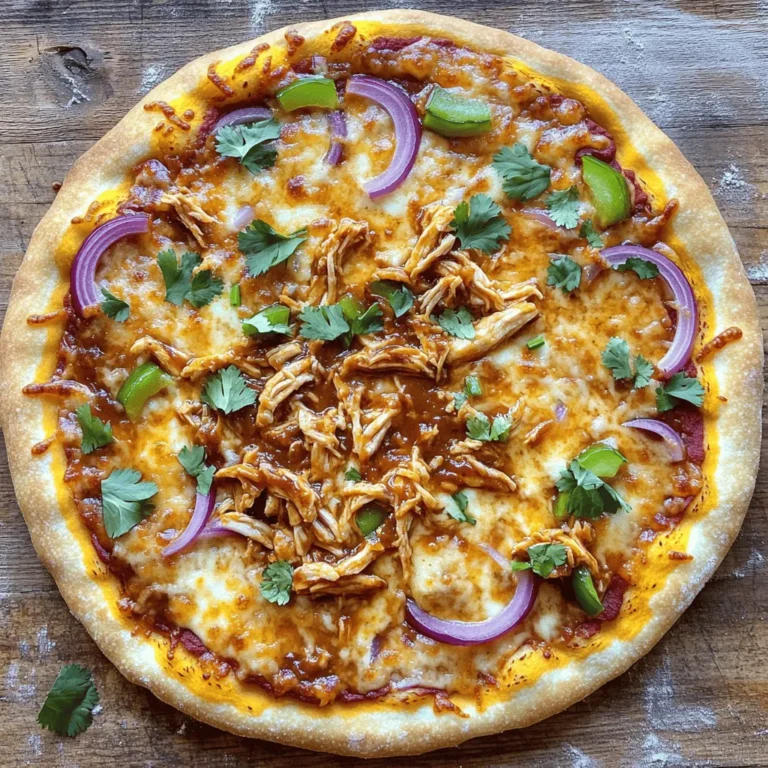 - 1 pre-made pizza crust (store-bought or homemade) - 1 cup cooked chicken, shredded - 1/2 cup barbecue sauce - 1/2 cup ranch dressing - 1 cup shredded mozzarella cheese - 1/2 cup cheddar cheese, shredded - 1/4 red onion, thinly sliced - 1/4 cup green bell pepper, sliced - Salt and pepper to taste The key to a great BBQ Ranch Chicken Pizza lies in its ingredients. You’ll need a good pizza crust. You can buy one or make it at home. Choose your favorite cooked chicken. Shredded chicken works best for easy topping. The barbecue sauce brings sweet and smoky flavor. Ranch dressing adds creaminess and tang. For cheese, I like a mix of mozzarella and cheddar. They melt nicely and create a great texture. Finally, fresh veggies like red onion and green bell pepper add crunch and color. - 1/4 cup fresh cilantro, chopped (for garnish) - Extra barbecue sauce for drizzling - Jalapeños for heat - Sliced olives for saltiness Garnishes can make your pizza pop. Fresh cilantro adds a bright touch. You can drizzle more barbecue sauce for extra flavor. If you like heat, try adding jalapeños. Sliced olives also work well if you enjoy a salty bite. - Classic thin crust - Chewy thick crust - Cauliflower crust for a low-carb option - Whole wheat crust for a healthier choice Choosing a pizza crust is fun. A classic thin crust gives you a nice crunch. If you prefer a chewy bite, go for a thick crust. Want something lighter? A cauliflower crust is a great low-carb option. Whole wheat crust adds a bit more fiber and nutrients. Select the type that suits your taste best! First, set your oven to 475°F (245°C). This high heat helps achieve a crispy crust. Preheating is key. It ensures your pizza cooks evenly. If the oven is not hot, the crust may turn out soggy. In a medium bowl, add one cup of shredded cooked chicken. Pour in half a cup of barbecue sauce. Mix well until the chicken is fully coated. This mixture brings amazing flavor to the pizza. You can adjust the sauce amount based on your taste. Roll out your pre-made pizza crust on a floured surface. Aim for your desired thickness. Thinner crust gives a crunch, while thicker offers chewiness. Transfer the crust to a baking sheet or pizza stone. Spread half a cup of ranch dressing on the crust, leaving a half-inch edge. Now, place the barbecue chicken mixture evenly on top. Make sure every slice gets some chicken. Next, sprinkle one cup of shredded mozzarella cheese and half a cup of cheddar cheese over the chicken. Finally, add thinly sliced red onion and green bell pepper. This adds color and crunch. Season your pizza with salt and pepper, to taste. Place it in the preheated oven. Bake for about 12 to 15 minutes. Look for a golden crust and bubbly cheese. Once done, take it out and let it cool for a few minutes. This cooling time makes slicing easier. Before serving, sprinkle chopped cilantro on top for a fresh touch. Now, your BBQ ranch chicken pizza is ready to enjoy! To get a nice crispy crust, start with a hot oven. Preheat it to 475°F (245°C). This high heat makes the crust crunchy. If you use a pizza stone, place it in the oven while it heats. This helps cook the bottom fast. Roll the dough thin for a crispier bite. If you prefer a thicker crust, let it rise a bit before baking. Mixing flavors can make your pizza truly special. Add garlic powder or onion powder to the ranch dressing for extra taste. You can also sprinkle some smoked paprika on top for a smoky twist. Fresh herbs like basil or oregano add a nice touch. Don't forget to season the chicken mixture with salt and pepper to bring out the flavors. If you're short on time, use a pre-made pizza crust. You can find these at most grocery stores. Shredded rotisserie chicken works great too. It saves cooking time and still tastes delicious. Pre-chop your veggies ahead of time. Store them in the fridge for quick use. This way, you can whip up your BBQ ranch chicken pizza in no time! {{image_4}} You can switch up the protein in BBQ ranch pizza. Instead of chicken, use: - Cooked beef, like shredded brisket - Pulled pork for a smoky flavor - Turkey for a leaner option - Grilled shrimp for a seafood twist Each protein brings its own taste, making your pizza unique. You can easily make this pizza vegetarian or vegan. For vegetarian pizza, try: - Swap chicken for grilled mushrooms - Use roasted vegetables like zucchini or eggplant For a vegan version, choose: - Vegan cheese instead of mozzarella and cheddar - Substitute ranch dressing with a dairy-free version These options help you enjoy this pizza while accommodating different diets. Get creative with your toppings. Here are some fun ideas: - Add pineapple for a sweet touch - Use jalapeños for some heat - Top with avocado after baking for creaminess - Sprinkle feta cheese for a tangy flavor boost Mixing and matching toppings keeps each BBQ ranch pizza fresh and exciting! After enjoying your BBQ Ranch Chicken Pizza, store leftovers properly. Let the pizza cool to room temperature. Then, wrap each slice in plastic wrap or foil. Place wrapped slices in an airtight container. This keeps moisture in and prevents drying out. Store the container in the fridge. Leftover pizza is best eaten within three days for optimal taste. To reheat your BBQ Ranch Chicken Pizza, use the oven for the best results. Preheat your oven to 375°F (190°C). Place the pizza slices on a baking sheet. Heat for about 10-12 minutes. This method keeps the crust crispy and the cheese melty. If you're in a hurry, you can use the microwave. Heat each slice for 30 seconds. However, the crust may get soggy. Freezing BBQ Ranch Chicken Pizza is easy and smart. Wrap each slice tightly in plastic wrap. Then, place the wrapped slices in a freezer-safe bag. Remove as much air as possible to avoid freezer burn. Label the bag with the date. You can freeze the pizza for up to three months. When ready to eat, thaw in the fridge overnight before reheating. You can use several things to replace pre-made pizza crust. Here are some good options: - Cauliflower crust: Great for a low-carb choice. - Flatbreads: Use pita or naan for a quick base. - Tortillas: A thin option for a crispy pizza. - Homemade crust: Make your own with flour and water. These options work well and let you customize your pizza. Yes, you can prepare BBQ Ranch Chicken Pizza in advance. Here are some tips: - Cook the chicken: Mix it with BBQ sauce and store it in the fridge. - Prepare the crust: Roll it out and keep it covered. - Assemble: Add toppings before baking. You can bake it later, making mealtime easier. Many restaurants serve BBQ Ranch Chicken Pizza. Some popular chains include: - Pizza Hut: Known for their classic BBQ chicken pizza. - Domino’s: Offers a tasty version with their signature crust. - California Pizza Kitchen: Features a unique take with added toppings. These options can give you ideas for flavors and styles. To make BBQ Ranch Chicken Pizza gluten-free, follow these steps: - Use gluten-free crust: Many stores sell pre-made gluten-free pizza crusts. - Check sauces: Ensure your BBQ sauce and ranch dressing are gluten-free. - Fresh toppings: Always use fresh, gluten-free toppings. With these tips, you can enjoy this pizza without gluten. This article covered how to make BBQ Ranch Chicken Pizza. We looked at necessary ingredients, optional toppings, and crust types. I shared step-by-step instructions for baking and tips for a perfect crust. You can explore variations with proteins and vegetarian options too. Make sure to store any leftovers properly. Enjoy your pizza with friends and family! It’s a fun and tasty dish you can customize in many ways.