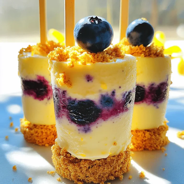 - 1 cup cream cheese, softened - 1/2 cup Greek yogurt - 1/2 cup powdered sugar - 1 teaspoon pure vanilla extract - Zest and juice of 1 lemon - 1 cup fresh blueberries - 1/2 cup graham cracker crumbs - 1/4 cup unsalted butter Substitutions for cream cheese: You can use mascarpone or a vegan cream cheese. Both will give a rich flavor. Alternative sweeteners for powdered sugar: If you want to avoid sugar, try using monk fruit or stevia. These options keep the sweetness but lower the calories. - Popsicle molds: Choose sturdy molds for the best results. - Electric mixer or whisk: A mixer makes it easy to blend the cream cheese. - Mixing bowls: Use at least two bowls for mixing the cheesecake and graham cracker layers. To make the cheesecake base, start by gathering your ingredients. In a large bowl, mix 1 cup of softened cream cheese, 1/2 cup of Greek yogurt, 1/2 cup of powdered sugar, 1 teaspoon of pure vanilla extract, the zest of 1 medium lemon, and 2 tablespoons of freshly squeezed lemon juice. Use a whisk or electric mixer to blend until smooth and creamy. Next, we need to fold in the blueberries. Take 1 cup of fresh blueberries and gently add them to your cream cheese mixture. Be careful to keep some blueberries whole. This adds nice texture and color to your pops. Now it's time to prepare the graham cracker base. In another bowl, mix 1/2 cup of graham cracker crumbs with 1/4 cup of melted unsalted butter. Stir until the crumbs look like wet sand. Grab your popsicle molds. Place a spoonful of the graham cracker mixture at the bottom of each mold. Press it down gently to form a solid layer. Next, fill each mold with the cheesecake mixture. Pour it over the graham cracker layer, leaving a small gap at the top. This helps with freezing. Finally, insert your popsicle sticks. Make sure each stick stands straight. If they wobble, adjust them gently. Place the molds in the freezer for at least 4 to 6 hours, until solid. To release your pops, run warm water over the outside of the molds for a few seconds. This helps loosen them. Gently pull each pop out. Be careful not to break them. For serving, I suggest placing the pops on a pretty platter. You can add extra blueberries around for a vibrant look. If you want, roll the tops in graham cracker crumbs or add a blueberry on top for garnish. Enjoy your delicious frozen treats! To make your pops creamy, mix the cream cheese well. Use a whisk or mixer to get it smooth. Greek yogurt adds creaminess, too. This helps your pops feel rich and nice when you bite in. When adding blueberries, fold them in gently. If you smash them too hard, they turn mushy. Keep some whole for pretty pops that have a nice texture. This adds a burst of flavor in every bite. Want to switch things up? Try adding different flavors to your mix. You can stir in some coconut for a tropical twist. Or, add a splash of almond extract for a nutty note. You can also swap blueberries for other fruits. Raspberries or strawberries work great, too. Each fruit brings its own unique taste. Experimenting makes your pops fun and fresh! Make your pops look fancy with simple touches. Serve them on a colorful platter. Add fresh blueberries around them for a vibrant look. A sprig of mint on top adds a pop of green. For a fun touch, roll the tops in extra graham cracker crumbs. You can also stick a whole blueberry on top for a cute garnish. These small details make your pops stand out and look delicious! {{image_4}} You can change the taste of your Blueberry Lemon Cheesecake Pops easily. Here are a few fun ideas: - Incorporating other berries: Swap blueberries for raspberries, strawberries, or blackberries. Each berry adds a unique flavor. Raspberries bring a tart punch, while strawberries add sweetness. - Citrus alternatives: Try lime or orange juice instead of lemon. Lime gives a zesty kick, and orange offers a sweet, bright flavor. You can also mix citrus juices for depth. If you want to cut sugar, there are good choices. You can make these pops healthier and still tasty: - Using yogurt as a base: Replace cream cheese with more Greek yogurt. This option lowers fat and sugar. It keeps the pops creamy and adds protein. - Recommended sweeteners: Use stevia or monk fruit sweetener instead of powdered sugar. These options provide sweetness without extra calories. Adjust the amount based on your taste. Many people have special diets. You can adapt this recipe to fit those needs: - Gluten-free options: Use gluten-free graham cracker crumbs. They work the same way and keep the crust crunchy. Check the package to ensure they are safe for your diet. - Dairy-free ingredient swaps: Replace cream cheese with cashew cream or vegan cream cheese. Use coconut yogurt for a dairy-free base. These swaps keep the flavor while making it suitable for dairy-free diets. To freeze Blueberry Lemon Cheesecake Pops, follow these best practices: - Use a sturdy popsicle mold for best results. - Make sure to leave a small gap at the top of each mold. This allows for expansion. - Freeze the pops for at least 4 to 6 hours. They need to be solid before serving. To keep the pops fresh and tasty, enjoy them within 2 months. After this, they might lose flavor and texture. Thawing these pops is simple. Here’s how to do it: - Remove the pops from the freezer. - Dip the molds in warm water for about 10 seconds. - Gently pull on the stick to remove the pops. Once thawed, serve them right away. These treats taste best when enjoyed fresh. To ensure your pops stay delicious, watch for these signs of deterioration: - Ice crystals forming on the surface. - A change in color or texture. - An off or sour smell. Blueberry Lemon Cheesecake Pops can last up to 2 months in the freezer. However, for the best taste, eat them sooner. Blueberry Lemon Cheesecake Pops can last up to two months in the freezer. To keep them fresh, store them in an airtight container. This will prevent freezer burn and maintain their flavor. Always check for ice crystals before eating. If you see them, the pops may lose some taste. Yes, you can use frozen blueberries. Just remember to thaw them first. Thawed blueberries may break down more, so be gentle when mixing. This can change the texture a bit, but the taste will still be great. They add a nice burst of flavor to your pops. You can make these pops dairy-free by swapping cream cheese and yogurt. Use a dairy-free cream cheese and a plant-based yogurt. Coconut yogurt works well for this recipe. Make sure to check the labels for added sugars. This way, you can enjoy the pops without dairy. Store leftover cheesecake mix in an airtight container. Keep it in the fridge for up to three days. If you want to keep it longer, you can freeze it. Just remember to thaw it in the fridge before using. This keeps the mix fresh for your next batch. Absolutely! You can make these pops a day or two before your party. Just freeze them well and keep them stored properly. This saves time on the day of the event. Guests will love the cool treat, and you’ll enjoy less stress! You learned how to make delicious Blueberry Lemon Cheesecake Pops. We covered the key ingredients, essential tools, and step-by-step instructions. With helpful tips and variations, you can customize these treats to fit any taste. Remember, the right freezing and storage will keep them fresh. Enjoy creating your tasty pops, and feel free to experiment with different flavors. These fun treats are sure to impress everyone!