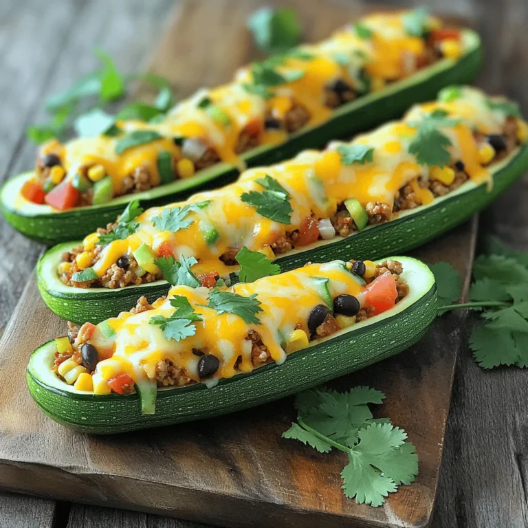 - 4 medium zucchinis - 1 lb ground turkey or beef - 1 small onion, finely diced - 2 cloves garlic, minced Zucchini is the star of this dish. It holds the filling well and adds great flavor. Ground turkey or beef gives the meal its protein. I love using turkey for a lighter option. The onion and garlic add depth and aroma to the dish. - 1 tsp chili powder - 1 tsp ground cumin - 1/2 tsp smoked paprika Spices bring the tacos to life. Chili powder adds warmth, while ground cumin gives it an earthy note. Smoked paprika brings a hint of smokiness, making the dish more complex and enjoyable. - 1 cup corn kernels (fresh or frozen) - 1 cup black beans, rinsed and drained - 1 cup diced tomatoes (canned or fresh) Corn adds sweetness and texture. Black beans bring protein and fiber to the mix. Diced tomatoes add juiciness and balance the flavors. Together, these ingredients create a tasty stuffing that you will love. - Preheat your oven to 375°F (190°C). This sets the stage for baking. - Take the zucchinis and slice them in half lengthwise. Scoop out the insides with a spoon. This creates little boats for the filling. Set the flesh aside for later use. - In a large skillet, add the ground turkey or beef. Brown it for about 5-7 minutes. Use a spatula to break it apart as it cooks. If there’s extra fat, drain it from the skillet. - Add the diced onion and minced garlic into the skillet. Sauté for 3-4 minutes. You want the onion to be soft and clear. - Mix in the chili powder, ground cumin, smoked paprika, and the reserved zucchini flesh. Sauté for another 2-3 minutes. This helps the flavors blend. - Stir in the corn, black beans, and diced tomatoes. Season with salt and black pepper to taste. Cook for another 5 minutes. This makes sure everything is hot. - Remove the skillet from heat. Stir in half of the shredded cheddar cheese until it melts into the filling. - Spoon the cheesy taco filling into each hollow zucchini half. Pack it in well for the best flavor. - Sprinkle the remaining cheese evenly over the stuffed zucchinis. - Place the zucchini on a baking sheet and put them in the oven. Bake for 25-30 minutes. They are done when the zucchinis are tender and the cheese is bubbly. - Once baked, let the zucchinis cool for a few minutes. Top with chopped cilantro for a fresh touch. Serve warm, adding sour cream if you like it creamy. To achieve tender zucchini, choose medium-sized zucchinis. Avoid overcooking them, as they can turn mushy. Bake them just until they are soft, around 25-30 minutes. This keeps them flavorful and firm. To avoid soggy filling, drain the black beans and corn well. This helps keep the mixture from getting too wet. Also, cook the meat and veggies until they are nicely browned. This adds flavor and keeps the filling dry. For a kick, add jalapeños or diced bell peppers to the filling. These add crunch and spice. You can also try spices like cayenne pepper or red pepper flakes for extra heat. Just a pinch can make a big difference in flavor. For plating, arrange the stuffed zucchinis on a colorful platter. This makes them stand out. Sprinkle extra cilantro on top for a fresh look, and serve with lime wedges. The lime adds a zesty touch that brightens each bite. {{image_4}} You can easily change the protein in your stuffed zucchini. Ground turkey works well, but you can use chicken, beef, or even tofu. Tofu adds a nice texture and absorbs flavors well. When it comes to cheese, feel free to swap cheddar for pepper jack or mozzarella. Each cheese adds a different taste and melts nicely. Experimenting with cheeses can make every batch unique. If you want a vegetarian option, you can replace the meat with more beans or lentils. This keeps the dish hearty and filling. For a vegan version, skip the cheese or use a plant-based alternative. To make it gluten-free, use alternative beans like chickpeas or kidney beans. These beans add great flavor and fit well into this dish. To give your zucchini a Mexican twist, add fresh pico de gallo. This adds brightness and freshness to each bite. You can also sprinkle some fresh lime juice right before serving. For a Mediterranean twist, use feta cheese and olives. This gives a whole new flavor and makes it exciting. The salty feta pairs well with the zucchini, adding depth to your meal. To store leftover cheesy taco stuffed zucchinis, let them cool first. Place them in an airtight container. This keeps moisture in and prevents spoilage. Store them in the fridge for up to three days. For best taste, eat them within two days. If you use a glass container, it helps you see what's inside. To reheat without losing texture, use an oven. Preheat it to 350°F (175°C). Place the zucchinis on a baking sheet and cover them with foil. Heat for about 15-20 minutes. This helps the cheese melt again and keeps the zucchini tender. You can also use a microwave, but it may make the zucchini a bit soggy. If you choose the microwave, heat them for about 1-2 minutes. Freezing stuffed zucchinis is easy! First, let them cool completely. Wrap each one in plastic wrap or foil. Place them in a freezer-safe bag or container. They will stay fresh for up to three months. To thaw, move them to the fridge overnight. This keeps them from getting too watery. You can also reheat them directly from the freezer. Just add a few extra minutes to the cooking time. The total cooking time is about 50 minutes. Here’s a quick breakdown: - Prep Time: 15 minutes - Cook Time: 35 minutes - 5-7 minutes to brown the meat - 15 minutes to cook the filling - 25-30 minutes to bake the stuffed zucchini This timing ensures your dish comes out hot and flavorful. Yes, you can prep this dish the day before. Here’s how: - Prep the Zucchini: Hollow out the zucchinis and store them in the fridge. - Make the Filling: Cook the meat and mix in the other ingredients. Store it separately. - Assemble Later: When ready to cook, stuff the zucchinis and bake. This saves time and keeps flavors fresh. Pair your stuffed zucchinis with these sides for a complete meal: - Spanish Rice: The flavors complement each other well. - Guacamole: Adds creaminess and a fresh kick. - Corn Salad: A bright and crunchy side. - Tortilla Chips: Perfect for a fun crunch. Each of these options enhances the meal and makes it more enjoyable. You can create a delicious meal with Cheesy Taco Stuffed Zucchini. We covered main ingredients like zucchini, ground turkey, spices, and other tasty bits. I shared steps for prepping, cooking, and baking. You learned tips to make your dish a hit and ways to mix it up based on your taste. In closing, stuffed zucchini is easy, fun, and allows for creativity. Enjoy cooking and sharing this dish with family and friends.