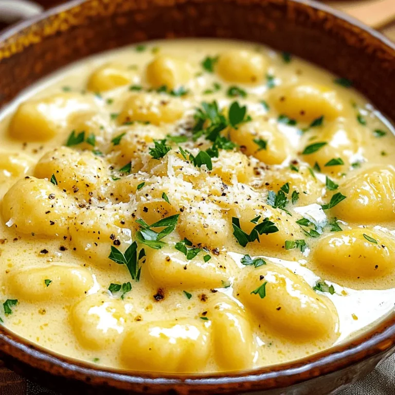 - 1 package (16 oz) gnocchi - 4 cups vegetable broth - 4 cloves garlic, minced - 1 cup grated Parmesan cheese Gnocchi is a soft pasta made from potatoes. It has a chewy texture that makes it delightful. Garlic adds a strong flavor that enhances the dish. Parmesan cheese brings a rich, nutty taste that blends well with the creamy sauce. - 1 tablespoon olive oil - 1 cup heavy cream - 1 teaspoon Italian seasoning Olive oil helps sauté the garlic, creating a fragrant base. Heavy cream turns the dish creamy and smooth. Italian seasoning adds herbs that boost flavor without extra work. - Salt and pepper, to taste - Fresh parsley, finely chopped (for garnish) Salt and pepper are key to bringing out the flavors. Fresh parsley adds a pop of color and a hint of freshness. This combination makes your dish not just tasty but also beautiful. - Heating olive oil: Start by heating one tablespoon of olive oil in a large pot over medium heat. This oil adds flavor and helps cook the garlic. - Sautéing garlic until fragrant: Once the oil is hot, add four cloves of minced garlic. Stir it for one to two minutes. You want the garlic to smell amazing, but don’t let it brown. Browned garlic can taste bitter, and we want a sweet flavor. - Adding gnocchi and vegetable broth: Next, carefully add one package of gnocchi and four cups of vegetable broth to the pot. Stir well to coat the gnocchi with broth. - Simmering until tender: Raise the heat slightly to bring everything to a gentle simmer. Let the gnocchi cook for about five to seven minutes. They are done when they float to the top and feel soft when you taste them. Stir occasionally to stop them from sticking. - Adding heavy cream and Parmesan: Now, reduce the heat to low. Pour in one cup of heavy cream and sprinkle one cup of grated Parmesan cheese over the gnocchi. - Mixing and melting cheese: Stir continuously until the cheese melts into the sauce. This should create a creamy, rich sauce that coats the gnocchi perfectly. To thicken the sauce, let it simmer longer. This helps it become rich and creamy. Stir often to keep it from sticking. You can also add a bit more cheese if you want it thicker. For the ideal creaminess, pour in the heavy cream slowly. Stir it well with the melted cheese. This mixing creates a smooth sauce. If it seems too thin, simmer it a bit more. One common mistake is not browning the garlic. Garlic should smell great but not burn. Keep it on medium heat and stir it often to avoid bitterness. Another mistake is checking the gnocchi too late. Gnocchi cooks quickly. Look for them floating after about 5 minutes. Taste one to see if it’s tender. For a beautiful presentation, serve the gnocchi in shallow bowls. Add a sprinkle of fresh parsley on top. This adds a nice color and taste. You can also dust more Parmesan cheese for extra flavor. Pair this dish with a light white wine, like Pinot Grigio. It complements the creamy sauce well. For sides, try a simple green salad or garlic bread. These sides balance the meal nicely. {{image_4}} You can add chicken for a heartier meal. Cook diced chicken in the pot after sautéing the garlic. This step gives it a nice flavor. Cook until the chicken is no longer pink. Then, add the gnocchi and broth as usual. Another great option is including shrimp. Add peeled shrimp right before the cream. Cook them until they turn pink and curl up. This will add a delicious seafood twist to your dish. For a pop of color and nutrition, add spinach or kale. Toss in a few handfuls right after the gnocchi is tender. The greens will wilt perfectly in the creamy sauce. Roasted red peppers also work well. You can use jarred ones or roast them yourself. Chop them and stir them in just before serving. They add a sweet, smoky flavor that enhances the dish. If you want a dairy-free version, use coconut cream instead of heavy cream. It gives a rich texture and a hint of sweetness. Just stir it in with the other ingredients at the same time. Nutritional yeast can replace Parmesan cheese. It adds a cheesy flavor without dairy. Sprinkle in a few tablespoons when you add the cream. This makes the dish vegan-friendly and tasty. To store leftovers, let the dish cool first. Place it in an airtight container. This helps keep it fresh. The best container types are glass or BPA-free plastic. These materials help keep flavors strong. When reheating, use a stovetop for best results. Add a splash of broth or cream. This keeps the gnocchi from drying out. Avoid using the microwave if you can. It can make the gnocchi mushy. Yes, you can freeze gnocchi dishes. Just make sure they cool completely. Use freezer-safe containers or bags. When thawing, place the container in the fridge overnight. This ensures safe thawing. Reheat gently to keep the texture nice. Making this dish is quick and easy. It takes about 10 minutes to prep. The cooking time is around 10 minutes. So, you can enjoy a tasty meal in just 20 minutes. Yes, you can use frozen gnocchi. Just add them directly to the pot without thawing. You may need to increase the cooking time by 1-2 minutes. Keep an eye on them until they float to the top. If you want a lighter option, use half-and-half. You can also try coconut cream for a dairy-free version. Use a 1:1 ratio for substitutes. This keeps the creamy texture you want in the dish. This post covered making One Pot Creamy Garlic Parmesan Gnocchi. You learned about key ingredients like gnocchi, garlic, and Parmesan. I shared steps for cooking and tips to avoid mistakes. You found variations to fit your taste and options for storing leftovers. Enjoy creating this dish, whether with protein, veggies, or dairy-free swaps. With your new skills, dinner can be both simple and delicious. Dive in and make it your way!