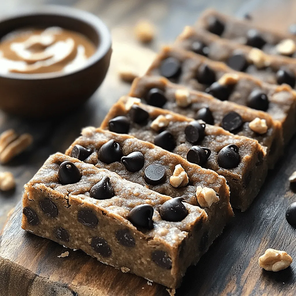 - 1 cup almond flour - 1/2 cup vanilla protein powder - 1/4 cup maple syrup - 1/4 cup almond butter (or peanut butter) - 1/4 cup unsweetened almond milk - 1 teaspoon vanilla extract - 1/2 teaspoon ground cinnamon - 1/4 teaspoon salt - 1/2 cup mini dark chocolate chips - Optional: 1/4 cup chopped walnuts or pecans Gathering the right ingredients is key to making these high-protein chocolate chip cookie dough bars. Each item plays a vital role. Almond flour serves as a great base. It adds moisture and flavor. Vanilla protein powder boosts protein levels. This is perfect for a post-workout snack. Maple syrup gives natural sweetness, while almond butter adds creaminess. You can also use peanut butter if you prefer. Unsweetened almond milk keeps the mixture smooth. It helps blend everything well. Vanilla extract brings a warm flavor. Ground cinnamon adds a nice touch of spice. A little salt balances the sweetness. Mini dark chocolate chips make the bars truly delicious. They provide that classic cookie dough taste. If you want extra crunch, add chopped walnuts or pecans. This will enhance the texture and taste. With these ingredients, you are set to create a tasty treat. Each bite is packed with flavor and nutrition. Enjoy getting your protein fix in a fun and yummy way! To start, grab a large mixing bowl. Combine one cup of almond flour and half a cup of vanilla protein powder. Whisk these together until smooth. This mix will give our bars a great base. In another bowl, whisk together a quarter cup of maple syrup, a quarter cup of almond butter, and a quarter cup of unsweetened almond milk. Add one teaspoon of vanilla extract, half a teaspoon of ground cinnamon, and a quarter teaspoon of salt. Keep mixing until you reach a smooth consistency. Next, gradually add the wet mixture to the dry ingredients. Stir together until a thick and doughy texture forms. This step is key for the bars to hold together. Now for the fun part! Gently fold in half a cup of mini dark chocolate chips. If you want extra crunch, include a quarter cup of chopped walnuts or pecans. This will give your bars a tasty twist. Take an 8x8 inch baking dish and line it with parchment paper. Make sure the paper hangs over the sides a bit. This will help you lift the bars out later. Press the dough evenly into the dish. Use a spatula or your hands to smooth the top. Place the dish in the refrigerator for 30 minutes. This helps firm up the bars. Once chilled, lift the mixture out using the parchment paper. Cut into squares or bars of your choice. Enjoy your high-protein chocolate chip cookie dough bars! For almond flour, you can use coconut flour or oat flour. Both options work well in this recipe. If you want to use a different protein powder, try chocolate or plant-based protein. Just keep in mind that flavors may change. To adjust the texture, add more almond milk if the mix is too dry. Start with one tablespoon at a time until you reach your goal. Chilling time is also key. Chill the mixture for at least 30 minutes to firm up the bars. If you prefer a softer texture, reduce the chilling time to 15 minutes. For a fun serving, arrange the bars on a bright platter. Sprinkle extra chocolate chips or nuts on top for a pop of color. You can also cut the bars into fun shapes using cookie cutters. This adds a special touch and makes them more inviting. {{image_4}} You can enhance these bars by adding different extracts. Almond or hazelnut extracts bring a new twist. You can also try flavored protein powders. Chocolate or cookie dough protein powders can elevate the taste. If you prefer a nut-free option, swap almond butter for sunflower seed butter. This keeps the taste rich and creamy. You can also skip the nuts entirely. The bars will still taste amazing without them. Get creative with mix-ins! Dried fruits like cranberries or raisins add sweetness. Seeds like pumpkin or sunflower can add crunch. Chia seeds are a great superfood to include. They boost nutrition without changing the flavor much. To keep your High-Protein Chocolate Chip Cookie Dough Bars fresh, use airtight containers. This helps prevent moisture from ruining your treats. For short-term storage, you can keep them in the fridge for up to a week. If you want to save them longer, freezing is best. To freeze your bars, wrap each one in plastic wrap. Then, place them in a freezer bag or an airtight container. This helps avoid freezer burn. When you're ready to enjoy one, take it out and let it thaw in the fridge overnight. You can also microwave it for a few seconds if you want it warm. In the fridge, these bars last about a week. Watch for any changes in texture or smell. If they feel sticky or have an off scent, it’s time to toss them. Always trust your senses; they are the best guide for freshness. Each bar has about 10 grams of protein. This comes from key ingredients like almond flour and vanilla protein powder. Almond flour adds healthy fats and protein. The vanilla protein powder boosts the protein even more. Together, they make these bars a great snack for energy and muscle support. Yes, you can use other flours! If you need gluten-free options, try coconut flour or oat flour. They each have a unique taste and texture. Just remember, different flours absorb moisture differently. You may need to adjust the liquid to get the right dough consistency. Absolutely! These bars are perfect for meal prep. They store well in the fridge for up to a week. You can also freeze them for longer storage. Just cut them into bars and keep them in an airtight container. This makes it easy to grab a quick snack on busy days. Making these bars vegan is simple! Replace the vanilla protein powder with a plant-based version. Use maple syrup, almond butter, and almond milk, which are all vegan. Make sure to check your chocolate chips too. Look for dairy-free options to keep it vegan-friendly. These protein bars offer many health benefits. They provide a good mix of protein, healthy fats, and carbs. This helps fuel your body and keeps you full longer. Almond flour and nut butter add fiber and nutrients. They are a great snack before or after workouts! Yes, you can swap maple syrup for other sweeteners. Honey is a great option if you are not vegan. You can also try agave syrup or brown rice syrup. Each sweetener will change the flavor slightly, so choose what you like best! You now have a clear idea of how to make delicious protein bars. We explored the ingredients, simple steps, and tips for success. The bars are easy to customize with different flavors and ingredients. You can store them to enjoy later. Remember, these bars are not just tasty; they also offer great health benefits. Try making them your way for a perfect snack, meal prep, or energy boost. Enjoy creating these wholesome treats!