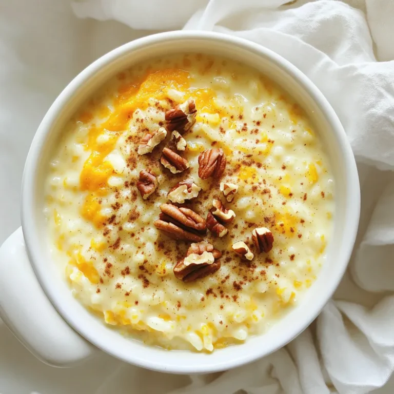 For this warm and cozy dish, gather these key ingredients: - 1 cup arborio rice - 4 cups milk (whole or almond) - 1 cup canned pumpkin puree - 1/2 cup sugar (adjust to taste) - 1 teaspoon ground cinnamon - 1/2 teaspoon ground nutmeg - 1/4 teaspoon ground allspice - 1/4 teaspoon ground ginger - 1/4 teaspoon salt - 1 teaspoon pure vanilla extract - 1 tablespoon butter (optional) These ingredients combine to create a creamy, flavorful rice pudding. The arborio rice is perfect for a thick texture. The pumpkin adds a rich taste, while the spices bring warmth and depth. You can enhance your pudding with these optional ingredients: - A pinch of ground cloves - Maple syrup instead of sugar - A splash of bourbon or rum These extras can elevate your rice pudding. Each option adds a unique twist, allowing you to make it your own. Finish your pumpkin spice rice pudding with these garnishes: - Chopped pecans - Chopped walnuts - Whipped cream - A sprinkle of cinnamon These toppings add crunch and a burst of flavor. They also make your dish look beautiful and inviting, perfect for sharing with friends or family. To start, gather your ingredients. You need arborio rice and milk. I often choose whole milk for creaminess. Pour one cup of arborio rice into a medium saucepan. Add four cups of your chosen milk. Stir the rice and milk well. Turn on the heat to medium. You want to bring this mixture to a gentle boil. Stir often. This helps prevent sticking. Once it starts to boil, lower the heat to low. Cover the saucepan with a lid. Let the rice simmer for about 20 minutes. Stir occasionally. The rice should be tender and absorb most of the milk. Now, it's time to mix in the fun flavors. Carefully add one cup of canned pumpkin puree. Sprinkle in half a cup of sugar, adjusting it to your taste. Then, add one teaspoon of ground cinnamon, half a teaspoon of nutmeg, a quarter teaspoon of allspice, and ginger. Don't forget a pinch of salt! Stir everything together until well mixed. Continue cooking over low heat for another 10 to 15 minutes. This step thickens the pudding. Stir often to keep it creamy. You want a nice, smooth texture. When the pudding thickens to your liking, take it off the heat. Stir in one teaspoon of pure vanilla extract. If you want extra richness, add one tablespoon of butter. Let it melt and blend in. Allow the rice pudding to cool for a few minutes. It will thicken a bit more as it cools. Serve your pumpkin spice rice pudding warm or chilled in bowls. For a delightful crunch, top with chopped pecans or walnuts. Enjoy this cozy treat! To get that creamy texture, choose arborio rice. This rice has high starch, which gives a nice creaminess. Use enough milk to cover the rice well. Stir often while cooking to avoid sticking. If the pudding seems too thick, add a bit more milk. Cook it slowly over low heat to let the flavors blend. You can change the sugar amount to fit your taste. Start with half a cup, as the pumpkin adds some natural sweetness. Taste the pudding after mixing in the sugar. If you want it sweeter, add more sugar a little at a time. Always remember, you can add but not take away! One mistake is cooking on high heat. This can make the rice stick and burn. Stirring is key; don’t skip this step! Also, avoid adding all the spices at once. Mix them in gradually to see how the flavors develop. Lastly, don’t skip the resting time after cooking. It thickens the pudding nicely. {{image_4}} If you want a dairy-free or vegan version, use almond milk or coconut milk. Both options add a nice flavor. Replace the regular butter with vegan butter or coconut oil. You’ll still get the creamy texture without any dairy. To make your rice pudding even more exciting, think about adding chocolate chips or dried fruit. Chopped pecans or walnuts make a great topping too. You can also add a splash of maple syrup for more sweetness or a hint of vanilla bean for extra depth. While arborio rice is best for creamy rice pudding, you can use jasmine or basmati rice. These types give a different texture and flavor. Just remember that cooking times may vary, so keep an eye on them while they simmer. To store your pumpkin spice rice pudding, first cool it to room temperature. Then, transfer it to an airtight container. Make sure to seal it well to keep it fresh. You can store it in the fridge for up to five days. If you plan to keep it longer, freezing is a better option. When you're ready to enjoy your leftovers, reheat them gently. Place the pudding in a saucepan over low heat. Add a splash of milk to help loosen it up. Stir often to prevent burning. If you prefer the microwave, heat it in short bursts. Stir between intervals for even warming. You can freeze pumpkin spice rice pudding for up to three months. Use a freezer-safe container and leave some space at the top. The pudding may thicken after freezing. When you want to eat it, thaw it in the fridge overnight. Reheat as mentioned above, adding a little milk if needed. Yes, you can use brown rice. However, it will change the texture. Arborio rice is creamier. It releases starch, making the pudding thick. Brown rice takes longer to cook. Expect a chewier bite with each spoonful. Pumpkin spice rice pudding lasts about four days in the fridge. Store it in an airtight container. Make sure it cools completely before you cover it. This helps it stay fresh and tasty. You can skip the butter for a lighter pudding. This will reduce the richness. The pudding will still taste great with pumpkin and spices. If you want creaminess, try adding a bit more milk. This article covered everything you need for perfect pumpkin spice rice pudding. We discussed key ingredients, cooking steps, and helpful tips. You learned how to add flavor and avoid mistakes. There are also dairy-free options and storage advice for leftovers. Remember, this dish is versatile and can be made your own. With a few tweaks, you can create a comforting treat anytime. Enjoy making this tasty dessert and impress everyone with your skills!