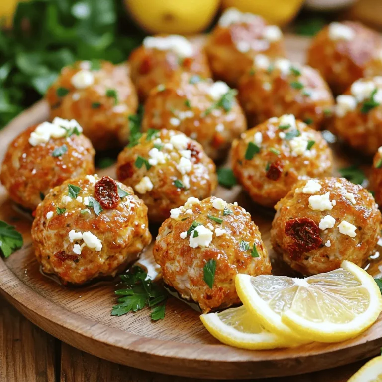 To make sun-dried tomato feta turkey meatballs, gather these items: - 1 pound ground turkey - 1/2 cup crumbled feta cheese - 1/2 cup sun-dried tomatoes, finely chopped - 1/4 cup plain breadcrumbs - 1/4 cup fresh parsley, finely chopped - 2 cloves garlic, minced - 1 large egg, beaten - 1 teaspoon dried oregano - 1 teaspoon dried basil - Salt and freshly ground black pepper to taste - 1 tablespoon olive oil (for sautéing) These ingredients create a tasty mix that bursts with flavor. The ground turkey serves as a lean base, while feta and sun-dried tomatoes add depth. You can enhance your meatballs with these optional ingredients: - 1/4 teaspoon crushed red pepper flakes (for heat) - 1/4 cup grated Parmesan cheese (for richness) - 1 tablespoon lemon zest (for brightness) Adding these can give your meatballs a unique twist. If you like spice, the red pepper flakes will do the trick. You can swap out some ingredients if needed: - Use ground chicken instead of turkey for a different taste. - Replace feta with goat cheese for a tangy flavor. - Use gluten-free breadcrumbs if you want a gluten-free option. These substitutions let you customize the meatballs to suit your needs. Feel free to experiment as you create your own delicious version! - Preheat your oven to 375°F (190°C). This gets it ready for baking. - Take a large bowl and add: - 1 pound ground turkey - 1/2 cup crumbled feta cheese - 1/2 cup finely chopped sun-dried tomatoes - 1/4 cup plain breadcrumbs - 1/4 cup finely chopped fresh parsley - 2 cloves minced garlic - 1 large beaten egg - 1 teaspoon dried oregano - 1 teaspoon dried basil - Salt and black pepper to taste - Mix all the ingredients gently with a fork or your hands. Don’t overmix. This keeps the meatballs soft. - Shape the mixture into meatballs, about 1 to 1.5 inches wide. - Put the meatballs on a baking sheet lined with parchment paper. This makes cleanup easy. - Heat 1 tablespoon of olive oil in a skillet over medium heat. - Once the oil is hot, add the meatballs. Sear them for 2-3 minutes on each side. They should turn golden brown. - After searing, move the meatballs back to the baking sheet. - Bake them in the oven for about 20 minutes. They should look juicy and cooked through. - To check if the meatballs are done, use a meat thermometer. The inside should reach 165°F (75°C). - After cooking, let them cool for a few minutes on the baking sheet before serving. When mixing the ingredients, I like to use a big bowl. Start with the ground turkey and add the feta, sun-dried tomatoes, and breadcrumbs. Then, add the parsley, garlic, egg, oregano, and basil. Use your hands to mix gently. Too much mixing can make the meatballs tough. You want them tender and juicy. Shaping meatballs is easy! Take a small amount of the mixture, about the size of a golf ball. Roll it between your palms. Aim for a size of 1 to 1.5 inches. Keep your hands wet to avoid sticking. Place the shaped meatballs on a lined baking sheet. This helps with easy cleanup later. Searing gives meatballs a nice crust. Heat oil in a skillet over medium heat. Add the meatballs and cook for 2-3 minutes per side. This step adds flavor. After searing, bake them in the oven for 20 minutes. Baking ensures they cook through. Use a meat thermometer to check they reach 165°F. This keeps your meatballs safe and tasty. {{image_4}} You can switch up the cheese in these meatballs. Feta adds a nice tang. If you want a creamier texture, try ricotta. For a bolder taste, use aged cheddar. Each cheese gives a new flavor twist. Experimenting with cheese keeps the dish fresh and fun. While turkey is great, feel free to use other meats. Ground chicken works well and has a lighter taste. Beef brings a hearty flavor, perfect for meat lovers. Pork adds richness that pairs nicely with feta. Each type of meat changes the meatball’s taste and texture. You can add more flavor with herbs and spices. Fresh basil or dill gives a bright note. For warmth, add a pinch of red pepper flakes. Chopped olives or capers add a briny kick. Try different combos to find what you love best. Each add-in can turn a simple dish into something special. Once your meatballs cool down, store them in an airtight container. Place a layer of parchment paper between layers to keep them from sticking. They can stay fresh in the fridge for up to three days. This way, you can enjoy them again soon! To freeze your meatballs, first, let them cool completely. Then, arrange them on a baking sheet in a single layer. Freeze them for about one hour until solid. After that, transfer them to a freezer-safe bag. They can last for up to three months in the freezer. This is a great way to have quick meals ready! When you're ready to eat, reheating is easy. For baked meatballs, place them on a baking sheet and heat in a 350°F (175°C) oven for about 10-15 minutes. If you prefer, you can also microwave them for 1-2 minutes. Just make sure they are hot all the way through. Enjoy your tasty meatballs again! You can enjoy these meatballs in many ways. They pair well with pasta, rice, or quinoa. A fresh salad adds a nice crunch. You can also serve them with a side of roasted veggies. For a fun touch, try them on a sub roll with some sauce. They make great appetizers too! Just add toothpicks for easy eating. To check if the meatballs are done, use a meat thermometer. The center should reach 165°F (75°C) for safety. If you don’t have a thermometer, cut one in half. The meat should be no longer pink, and the juices should run clear. Be careful not to overcook them, or they may dry out. Yes, you can! Just use gluten-free breadcrumbs instead of regular ones. Many brands offer good options. You can also use crushed gluten-free crackers or oats. These swaps will keep your meatballs tasty while meeting gluten-free needs. Enjoy your meal without worry! In this blog post, I covered how to make tasty sun-dried tomato feta turkey meatballs. We explored key ingredients, preparation steps, and cooking tips. You learned how to shape the perfect meatballs and the best ways to store leftovers. Variations and substitutions allow you to customize flavors. By using this guide, you can enjoy delicious meatballs that suit your taste and needs. Happy cooking!
