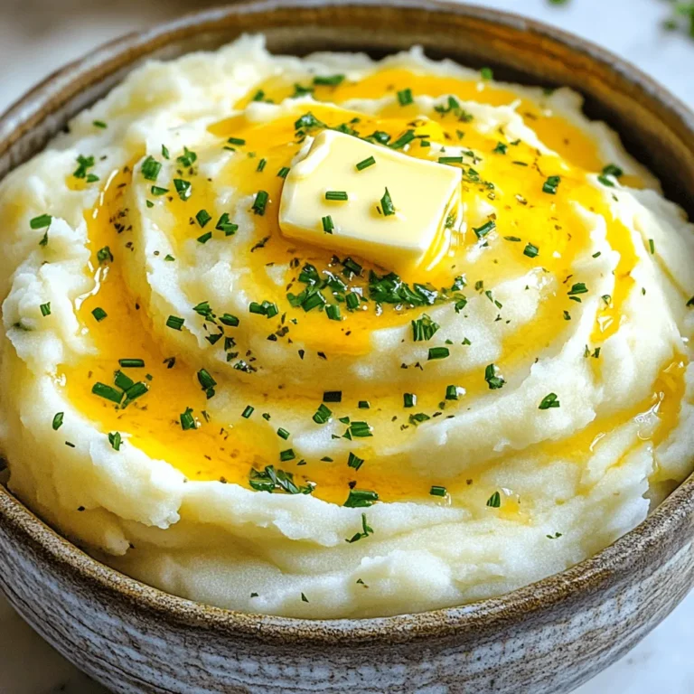 - 2 pounds Yukon Gold potatoes - 1/2 cup unsalted butter - 1 cup sharp cheddar cheese - 1/2 cup heavy cream - 1/4 cup cream cheese - 1/4 cup fresh chives and parsley - 1 teaspoon garlic powder - Salt and black pepper to taste The base of my cheddar herb mashed potatoes starts with two pounds of Yukon Gold potatoes. These potatoes are buttery and perfect for mashing. I peel and cut them into even cubes to ensure they cook uniformly. Next, I use half a cup of unsalted butter. This adds richness and helps create a creamy texture. For a cheesy kick, I add one cup of sharp cheddar cheese. Freshly shredded cheese melts beautifully into the potatoes. To boost the creaminess, I include half a cup of warmed heavy cream and a quarter cup of softened cream cheese. The cream cheese adds a nice tang that balances the flavors. I also love adding fresh herbs, so I chop a mix of chives and parsley, each a quarter cup. They add freshness and color to the dish. For seasoning, I use one teaspoon of garlic powder along with salt and black pepper to taste. The garlic powder gives a nice depth to the dish. This ingredient combination makes my cheddar herb mashed potatoes a rich and creamy delight. Each bite is a warm, cheesy hug for your taste buds. First, bring a large pot of salted water to a boil. Add in 2 pounds of Yukon Gold potatoes that you have peeled and cut into cubes. Cook them for about 15 to 20 minutes. You want them to be fork-tender. That means they should break apart easily. Once they are done, drain the potatoes in a colander. Next, return them to the pot. Set the heat to low for about 2 minutes. This step helps any extra moisture to evaporate. Now it's time to mash! Add 1/2 cup of unsalted butter to the warm potatoes. Use a potato masher or ricer to mash them. Keep mashing until they are smooth and creamy. After that, gradually mix in 1/2 cup of warmed heavy cream and 1/4 cup of softened cream cheese. Stir well until both are fully blended. This will give your potatoes a velvety texture. It’s cheese time! Slowly mix in 1 cup of freshly shredded sharp cheddar cheese. Stir gently until the cheese melts and spreads evenly. Then, add in 1 teaspoon of garlic powder, along with 1/4 cup of finely chopped chives and 1/4 cup of finely chopped parsley. Finally, season your mashed potatoes with salt and freshly cracked black pepper to taste. Give it a good stir to make sure all the flavors combine. To get creamy mashed potatoes, you need to mash them well. Use a potato masher or a ricer for the best results. This helps break down the potatoes into a smooth texture. - Best practices for mashing: Mash the potatoes right after boiling. This keeps them warm and makes them easier to mash. - Adjusting cream for creaminess: If you want more creaminess, slowly add warm heavy cream. Mix until you reach your preferred texture. You can boost the flavor of your mashed potatoes with more herbs. Fresh herbs add a nice taste and color. - Suggestions for additional herbs: Try adding fresh thyme or rosemary for an herbal twist. Just chop them finely and mix in. - Cheese alternatives for variety: If you want to switch things up, use gouda or mozzarella. These cheeses melt well and add a unique flavor. These mashed potatoes pair well with many dishes. Serve them alongside your favorite meats or veggies. - Ideal accompaniments: They go great with roast chicken, grilled steak, or steamed broccoli. - Presentation tips for serving: Use a decorative bowl for serving. Top with more cheese and herbs for a beautiful finish. {{image_4}} You can add crispy bacon bits to your cheddar herb mashed potatoes. This gives a salty crunch that pairs well with the creamy texture. To make this, cook bacon until crispy, then chop it into small pieces. Stir the bacon in after mixing the cheese and herbs. Adjust the seasoning by reducing salt, as bacon adds extra flavor. For a richer dish, try making creamy loaded mashed potatoes. Add sour cream and chopped green onions for a fresh twist. Mix these in after the cheese. You can also top the potatoes with crispy bacon bits, additional cheese, or even some fresh herbs. This version is hearty and perfect for a cozy meal. You can make a vegan version of these herb mashed potatoes. Use non-dairy butter and almond milk instead of cream. Plant-based cheese can replace sharp cheddar. Some great options are cashew cheese or coconut-based cheese. This way, you keep the creamy texture and delicious flavor while making it plant-based. To store leftover cheddar herb mashed potatoes safely, let them cool first. Place them in an airtight container. This keeps the flavors fresh and prevents moisture loss. Store them in the fridge. They should last up to three days. When you’re ready to eat, reheat them in a pot over low heat. Stir in a splash of heavy cream or milk to bring back creaminess. You can also use the microwave. Heat in short bursts, mixing in between, to avoid hot spots. You can freeze cheddar herb mashed potatoes for longer storage. First, let them cool completely. Use a freezer-safe container or a heavy-duty freezer bag for best results. Press out as much air as possible before sealing. They can last up to three months in the freezer. When ready to eat, thaw them in the fridge overnight. For reheating, warm them in a pot with a bit of cream. Stir well until they are heated through. Cheddar herb mashed potatoes last about three days in the fridge and up to three months in the freezer. Look for signs of spoilage before eating. If you see any discoloration or an off smell, it’s best to throw them away. Fresh mashed potatoes should smell cheesy and herbaceous, with no signs of mold. Enjoy these tasty potatoes while they are still fresh for the best flavor and texture! To make cheddar herb mashed potatoes vegan, you can swap out the butter and cream. Use plant-based butter or olive oil instead of butter. For the cream, try coconut cream or almond milk. You can also use cashew cream for a rich texture. For cheese, look for vegan cheddar options that melt well. These swaps let you enjoy creamy potatoes without dairy. Yes, you can use other types of potatoes. Yukon Gold potatoes are great because they are creamy and smooth. Russet potatoes can also work, but they may make the mash fluffier. Red potatoes are waxy and can give a different texture. Each type will change the taste, so pick what you like best. If your mashed potatoes are too thick, don’t worry! You can add more cream or a splash of milk. Stir it in slowly until you reach the right consistency. Another option is to mix in some vegetable broth. This will add flavor and help thin them out. Always mix well and taste as you go. In this post, you learned how to make delicious cheddar herb mashed potatoes. We covered essential ingredients, step-by-step directions, and tips for perfect consistency. You can also try tasty variations like adding bacon or making it vegan. Remember to store leftovers properly to keep them fresh. These mashed potatoes are a great side dish for any meal. Enjoy making them at home and feel proud of your cooking skills!
