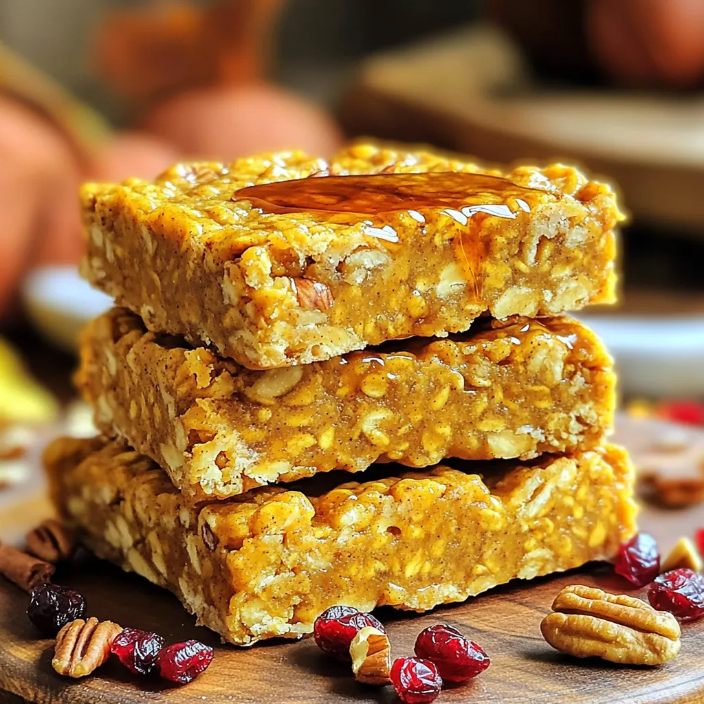 - 2 cups rolled oats - 1 cup canned pumpkin puree - 1/2 cup maple syrup - 1/4 cup almond or peanut butter The main ingredients in these bars are simple and healthy. Rolled oats give a nice base. They add fiber and help keep you full. Canned pumpkin puree adds moisture and a rich flavor. Maple syrup gives sweetness without refined sugar. Almond or peanut butter adds creaminess and protein. - 1 teaspoon ground cinnamon - 1/2 teaspoon ground nutmeg - 1/2 teaspoon baking powder - 1/4 teaspoon salt Spices are key to flavor. Ground cinnamon gives warmth and sweetness. Nutmeg adds a nice touch of spice. Baking powder helps the bars rise, making them fluffy. A pinch of salt balances the flavors and enhances the taste. - 1/2 cup chopped walnuts - 1/2 cup dried cranberries or chocolate chips Optional add-ins can boost flavor and texture. Walnuts add crunch and healthy fats. Dried cranberries give a sweet and tart bite. If you love chocolate, chips are a tasty choice. You can mix and match these add-ins to suit your taste! First, set your oven to 350°F (175°C). Take an 8x8 inch baking pan. Line it with parchment paper. Let some paper hang over the edges. This helps you lift the bars out later. In a large bowl, mix 2 cups of rolled oats and 1 cup of canned pumpkin puree. Add 1/2 cup of maple syrup and 1/4 cup of almond or peanut butter. Stir well until smooth. Then, sprinkle in 1 teaspoon of ground cinnamon, 1/2 teaspoon of ground nutmeg, 1/2 teaspoon of baking powder, and 1/4 teaspoon of salt. Mix everything until combined. If you want extra flavor, fold in optional add-ins like 1/2 cup of chopped walnuts or 1/2 cup of dried cranberries or chocolate chips. Pour the batter into your lined pan. Use a spatula to spread it evenly. Bake for 25-30 minutes. The bars should turn golden brown. A toothpick in the center should come out clean. After baking, let them cool for about 10 minutes. Use the parchment paper to lift the bars out. Place them on a wire rack to cool completely before slicing into 16 pieces. To make your pumpkin oatmeal breakfast bars just right, you can adjust the sweetness. If you want a sweeter bar, add a bit more maple syrup. For a less sweet taste, use less syrup. This lets you control the flavor to fit your needs. Getting the right consistency is key. The batter should be thick but spreadable. If it’s too dry, add a splash of almond milk. If it’s too wet, mix in a bit more oats. One common mistake is overmixing the batter. If you mix too much, the bars can become tough. Stir until everything is blended, but don’t go overboard. Another mistake is not preheating the oven properly. Always check that your oven is at 350°F before baking. This helps the bars cook evenly and get that nice golden edge. When serving your bars, a neat presentation makes a big difference. Arrange them on a wooden board or a pretty plate. For extra flair, drizzle some maple syrup on top. A light dusting of cinnamon also adds a nice touch. These bars pair well with yogurt or a side of fresh fruit. They make a great snack or a quick breakfast on busy mornings. Enjoy them warm or at room temperature! {{image_4}} You can easily change the taste of these bars. Adding chocolate chips or nuts makes them richer. I love using walnuts or almonds for a nice crunch. If you want a creamier texture, try almond butter or peanut butter. Each nut butter gives a different flavor, so experiment to find your favorite! If you need gluten-free options, use certified gluten-free oats. These oats work well and keep the bars tasty. For vegan substitutions, you can replace honey with maple syrup. You can also swap eggs with flax eggs. Just mix one tablespoon of ground flaxseed with three tablespoons of water. Let it sit for a few minutes until it thickens. Fall is a great time to add spices and fruits. You can mix in ginger or cloves for extra warmth. Adding fruits like bananas or apples gives a fresh twist. The natural sweetness pairs well with pumpkin. Try using diced apples for a nice crunch. Enjoy the seasonal flavors in every bite! To keep your pumpkin oatmeal breakfast bars fresh, store them in an airtight container. This helps maintain their moisture and taste. Place a piece of parchment paper between layers to avoid sticking. They can last up to one week at room temperature. If you want them to last longer, consider refrigerating them for up to two weeks. If you want to freeze the bars, first, let them cool completely. Cut the bars into individual pieces. Wrap each bar in plastic wrap, then place them in a freezer-safe bag. This will keep them fresh for up to three months. To thaw, take out a bar and let it sit in the fridge overnight. You can also reheat it in the microwave for about 20-30 seconds. These bars have a good shelf life. At room temperature, they last about a week. If you store them in the fridge, they can last for two weeks. For the best taste and texture, enjoy them fresh within the first week. To make these bars gluten-free, simply choose gluten-free rolled oats. Many brands offer oats that are certified gluten-free. This small change keeps the taste intact while making it safe for those with gluten intolerance. Always check labels to ensure that no gluten-based ingredients sneak into your products. Yes, you can use fresh pumpkin! Start by baking a small pumpkin until it is soft, about 45 minutes at 350°F. Once cooled, scoop out the flesh and blend it until smooth. This homemade puree adds a fresh flavor to your bars. Just measure out one cup of your fresh pumpkin puree to match the recipe. To test for doneness, use a toothpick. Insert it into the center of the bars. If it comes out clean or with a few crumbs, they are ready. If the toothpick has wet batter on it, bake for a few more minutes. The edges will be golden brown when they are perfectly baked. These pumpkin oatmeal bars are easy and tasty. You need simple ingredients like oats and pumpkin. We discussed preparation, baking steps, and tips to avoid common mistakes. You can adjust the flavor with add-ins and even store them for later. Try these bars for a healthy breakfast or snack. I hope you enjoy making them as much as I do!